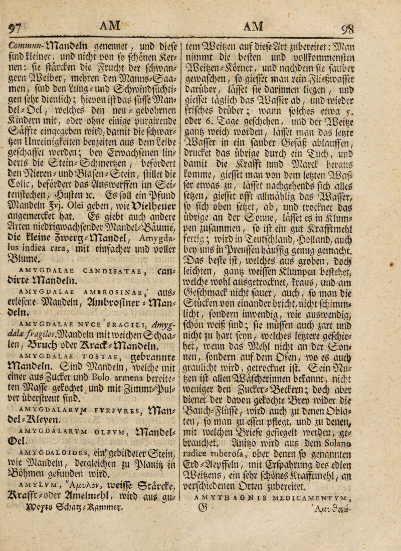 Μ.ί.ί. Comvnun- HTnnMn genennef, unb btefe ftnb kleiner, unb tttdjt Don fo fronen Rw non: fie ftavefen bie $tud)t bei fdswan# gern 'SBeiber, melden ben 9}(anns#@aa* men, ftnb ben£ung#twb ©djwinbfüchtts gen fetjv bieniid); bteoonijkbaS fufeUftan* be(#Oel, we(d)eS ben neu # gebognen Ättibem mit , ober ofene einige purgtrenbe ©äffte eingegeben wirb, barmt bie fdjwar# feen Unreinigkeiten beizeiten aus bemSeibe gefchafet werben ;_J>ei) Stwadfenen (in* berts bie ©tein# ©dnnerfeen , befördert ben Vieren/ unb 33iafen # ©tein, füllet bie QEeltc, beforbert bas vluswerfeu im ©ei# ienjkechen, -fnifren ic. Sb foll ein Oftmb Sftanbeln Jvj. Oiei geben, wie Pidbettev angcmercket bat. & giebt auch anbeve Stoen niebrtgwadfenber ^Ranbeb^Säutne, bie ϊleine Smert^iTluuöd, Amygda¬ lus indica rara, mit einfacher unb »oller SSlume. AMYGDALAE CANDISaTAE, CÖW' bitte tnanbeln. AMYGDALAE AMBROSINAE,' (Ul^^ erlefene ‘Skanbeln, 2lnibioftttcrj tT*an= Sein. AMYGDALAE N V C E FR AG I L I, Amyg- daL· fragiles,mit weichen ©d)aa# len, Srud> ober ÄracC#in*mi>dii. AMYGDALAE TOSTAE, gCbrötttttC Dlenbein. ©tnb‘IDianbein, welche mit einer aus guefer unb Bolo armena bttÜU' ten rSlaffe gekod)et_unb mit gimmpf'ml# »er uberfreut ftnb. AMYGDALARVM FVRFVRES, tVTölt^ t>d*Zlfeyen> AMYGDALARVM OLEVM, tTTnnbel# G>el. amygdaloides, dfgebiibeter©tein, wie »Jtanbcln, bergletd)cn su dManife in 5oo!)inen gefunben wirb. amylvm, Aμύλον, veetffe Siävcke, trefft #ober Qimelme^li wirb aus gu# töpoyts tem fiBeifeen auf biefe Sirt gsbeteitef: 3)ian nimmt bie befien unb »oHkomtncnfken SB eiben Corner, unb nad)betn fie faubec gewafd)en, fo gkfet man rein gtiefwaffer bantber, läfet fie barinnen liegen, unb gieffet täglid) bas '3Baj]cr ab, tmb wiebcc frifefees brüber; wann foldres etwa f. ober 6. ^age gefd)el>en, unb ber OBeifee ganfe weid) worben, (äffet man bas iefetc 'ißaffer in ein fauber ©efäfj ablauffen, brücket bas übrige burdf) ein ^ud), unb bamit bie Äraft lunb ‘iüiarck heraus komme, gieffet man non bem iefeten ®af5 fer etwas su, Iäffet naefegebenbs ftd) alles fefeen, gieffet oft allmäblig bas ‘IBafer, fo ftd) oben fefect, ab, unb troebnet bas übrige an ber ©onne, läfet es in &lum# pen sufammen, fo ip ein gut dirafimehl fertig; wirb in c£eutfd)ianb, -ödlanb, and? bet) uns tn^mtfenbäufftg genug gemacht. ®as bepeip, welches aus groben, hoch leid)ten, ganfe weifen klumpen bepehet, welche wol)l ausgetroefnet, kraus, unb am ©ephmaef nicht fauer , auch , fo man bie ©tucken non einanber bricht, nicht f^imm« licht, fonbevn inwenbig, wie auswenbig, fd)6n weif ftnb; fie mftfen auch iart unb nid)t ju hart fe»n, welches (eitere gefd)ic# het,. wenn bas 93M)l nid)t an ber ©on* neu, fonbern auf bem Ofen, w o es auch graulicht wirb, getrocknet ifi ©etnfJiu* feen tp allen <3Bäfcherinnen befannt, nicht weniger ben gucketv Weckern; bod) aber bienet ber banon gekochte iörei) wtber bie ^auchiglufe, wirb aud) ju benen Dbla* ten, fo man su effen pflegt, unb stt benen, mit welchen Srtef gcftegelt werben, ge# brauchet Slnifeo wirb aus bem Solano radice tuberofa, ober benen fo genannten ©rb # Slepfein, mit ©rfpahrung beseblett ilBeifeens, ein fehr fchoneSSfraftmehl, an »erfchiebencn Orten suberettef, AMYTHAONIS MED I C AM F. NT V M 5 @ 'Aμν&&ά*