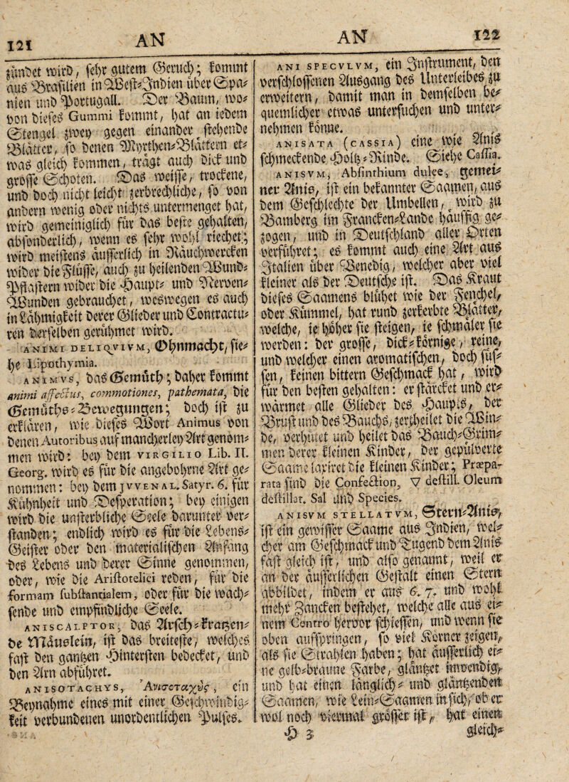 Ι2Ϊ - - · ■ - «mbet wirb, fet)t gutem ©erud); f ommt aus s23rafitien i«3ß##3nhi«n über©pa# men unt> Portugal!. ©er 33aum, wo# t»on biefeS Gummi fommt, bat an iebem @tenaet pep gegen etnanber e jfebenbe iöidfct er, fo benen ®»)tibctt#35iat£een et# was gleich kommen, tragt αηφ bicf unb greife ©d)oten. ©as weife, trocfene, unb bod> nid)t leid)t ?erbred)lid)e, (ο oon anbern wenig ober nichts untermenget bat, wirb gemeiniglich für bas befre gehalten, abfonberlid), wenn es fei>r wohl rtccrjct; wirb metfienS aujferficb in i)iduvi)weicfen wiber bie'Slüfle, aud) ju botlenben'dtßunb» Maliern wiber bie 4haupt# unb wemen# itßunben gebraud)et, weswegen cS aud) in hdbmigf eit bcrer ©lieber unb Sontractm ren feerfeiben gerübmet wirb. ANIMI DELiqVIVM, ©ί)ΜΗβΦt,fte# he Lipothymia. anVmvs, bas(Scmuti); batycv fommt animi affectus, commotiones, pathemata, bie <Smnitf>e * Bewegungen; bod> ijt ju erfidren, wie biefeS c3U5ort Animus von benen Autoribus auf mand)eriei>2irt genomi men wirbt bei) bem virgilio lib.n. Georg, wirb eS für bie angeborene 5irt ge# nommen: bei) bem jvvex»l.Satyr. 6. für .SCübnbeit unb ©efpewtion; bei) einigen wirb bie unfrerbliebe ©sei« barunter oer# ftanben; enblich wirb es für bie hebenS# ©eijter ober ben materialifd)en Stefang beS Gebens unb berer ©inne genommen, ober, wie bie Ariftotdid rcben, für bie formam fubftantialem, ober für bie Wgd)# fenbe unb empfmblicbe ©eele. aniscalptok, baS 2irfdy*fragen# bc tTiduslein, t|f bas breite jfe, welches faji ben ganfcen ^interffcm bebecfet, unb ben 2lrn abführet. anisotachys,. Άνισεταχύς, eftl Teilnahme eines mit einer @e$)winbig# feit netbunbenen unorbemltd)en ^ulfes. \ ani specvlvm, ein 3n)drument, ben oerfd)(offenen Slusgang beS Unterleibes ?u erweitern, bamit man in bemfeloen bc# quemlid)er etwas unterstehen unb unter# nel)inen fonne. , . rt anisata (cassia) CttlC Wie -dniS fd)mecf enbe 4i>oih5 Sfvinbe. ©iel)e Caffia. anisvm, Abfinthium dulce, tjefltet# net· 211116, ifb ein bekannter ©agmen, aus bem @efd)ieci)te ber Umbellen, c wirb p Bamberg im S'rancfenbanbe lyaufftg ge# ^ogen, unb in ©eutfd)ianb aller Orten oerfübret; es fommt aud) eine 2lrt aus Italien über aSenebig, weldjer aber Diel f[einer als ber ©eutfd)e ifh ©as Äraut biefeS ©aamenS blühet wie ber Sencfyei, ober Mtnmel, bat runb jerferbte ^Matter, welche, te hoher fie (teigen, ie fdjmaler fie werben: ber greife, btcfffomtge, reine, unb weld)er einen aromatifchen, bod) füf# 'en, feinen bitiern ©efchmacf hui r ur ben beften gehalten: er jfärcfet unb er# wannet alle ©lieber beS φαηρ.ό, ber men berer f leinen Ätnber, ber gepuioerte ©aame lapiret bie f fernen ^tnber; Prsepa- rara fiiit) B« Confeclioti, V deilill. Oleunt deftillat. Sal unb Species. ANI SV Μ- STELLAT V M , etetn#2im>, ifl ein gewiffer ©aame aus 3nbren, wei# eher am ©efchmacf unb ^ugenb bemSimS fajf gietd) tft, unb alfo genannt, weil er an ber dujferlt<|en ©ejfalt einen ©tern abbilbet, inbem 'er aus 6.7. unb wohl mehr ganefen betretet, weiche alle aus et# nem Centro hensor fd)ieffen, unb wenn ftc oben auffprinaett, fo rief ferner feigen, als fie ©trahien habenhat dujferiich er# ne gelbbraune §arbe, glanhet inwenbif, unb hat einen länglich# unb gianhenberi ©aarncn, wie £eni#@aammürphfober wolnoch tiermai grhfter ifl) |af. ein«; 4d j Sieich# /