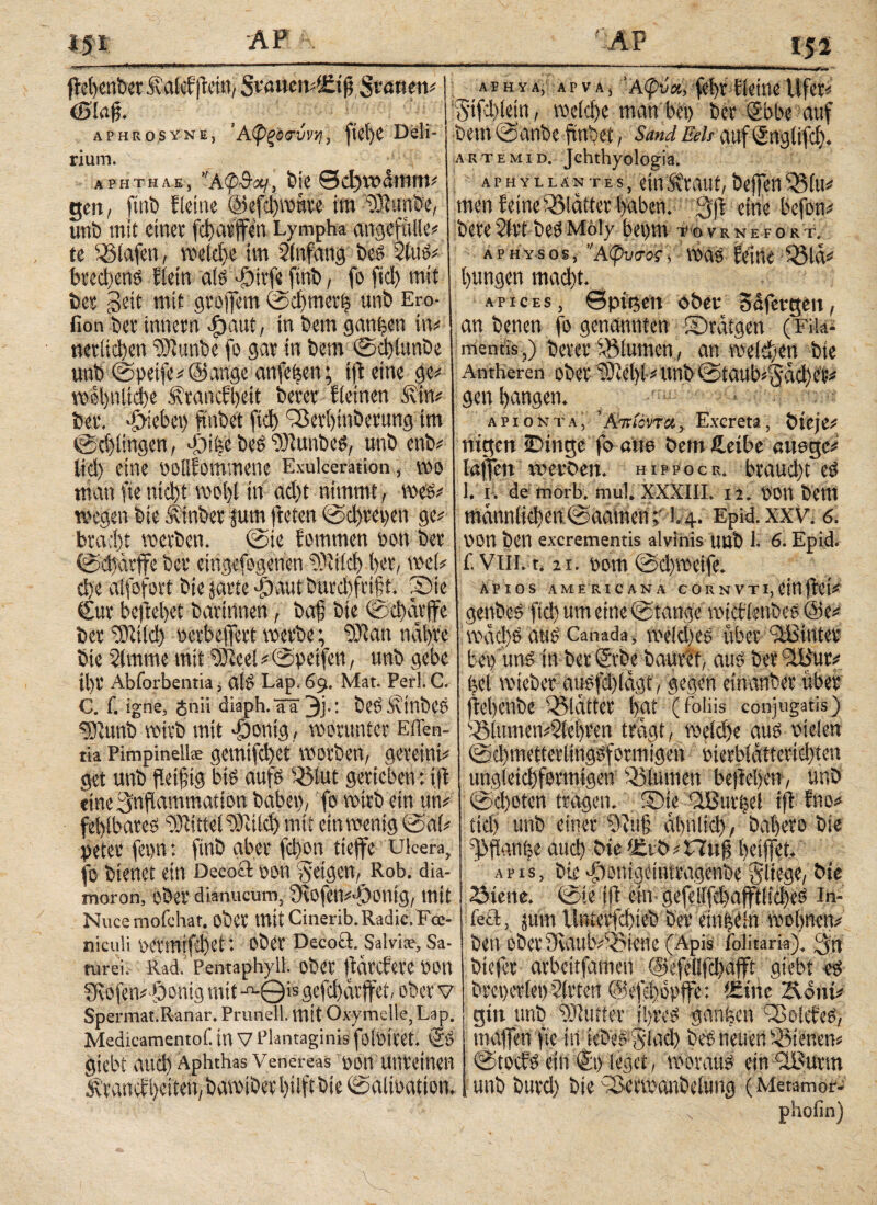 ffebenbet Äakfftein, SuawemiSif Sinnen# (Blaff. aphrosyne, ’Αφξΰανηj, [ίφί Deli¬ rium. APHTHAE, Αφ&Χ/, bis 0d)w<5tnin# gen, finb f leine @efd)wnte im ‘bJiunbe, utit) mit einet: febarffen Lympha angeftille# te Olafen, reelle im Einfang bes ftos# bred)enS fletn alSjöirfe finb, fo fiel) mit bet: Seit mit gtoffem ©d)mer| unb Ero- fion ber tnnern .fyaut, in bern ganzen in# «etlichen $Runbe fo gar in bem ©cblunbe unb ©reife# @ange anfehen; ift eine ge# wohnlich« Ätaucfbeit betet fleinen Ätn# bei·, >öiebet) ftnbet fiel) SBerbinberung im ©cblingen, |)ifee beS ‘DJlunbeS, unb enb# lid) eine ooltfommene Exulceration, voo matt fie nicht wo 1)1 in ad)t nimmt, wes# wegen bie ftnbet: |um (beten ©d)tet)cn ge# brael)t werben. ©ie fommen oon ber ©diutffe ber eingefogenen !Md) l)er, wel# d)e alfofort bie jgtte ^aut burebfrift. ©ie €ur be)bel>et barirtnen, bafj bie ©>d)cn’ffe ber Söftld) oetbejfett werbe; 9dtan nähre bie Slmme mit Steel# ©reifen, unb gebe il)f Abforbentia, alS Lap. 69. Mat. Perl. C. C. f. igne, Snii diaph.ää 3j.: bcSiß’inbeS Stunb wirb mit döontg, worunter Eden¬ tia Pimpinelke gemifd)et worben, gereini# get unb fleißig bis aufs 33lut gerieben; ijf eine Inflammation habet), fo wirb ein un# feblbareS SiittelSitid) mit ein wenig ©al# fetet fern: finb aber fd)on tieffe ukera, fo bienet ein Decod oon feigen, Rob. dia- moron, ober dianucum, £fiofen#«Öonig, mit Nucemofehat. ober mit Cinerib.Radic.Foe- niculi oermifd)et: ober DecotL Salvia;, Sa¬ turei. Rad.' Pentaphylh ober ftärefere oon 9iofen#dDsntg mit Λθ'δ gefebdrffet, ober v Spermat.R-anar. Prunell. mit Oxymelle, Lap. Medicamentof. in V Plantaginis fölbttet. ®S giebt aud) Aphthas Venereas oon unfeinen ixtanef beiten, bawiber hilft bie ©alioatton. « ■ m—»w·—»·! in ui ΑΡΗ ΥΛ, Ar va, Άφύα, fehr Picine Ufer# AtfJtlein, welche man bet) bet Sbbe auf bem ©anbe fmbet, Sand Eels aufSnglifd). arte Mid. Jchthyologia. a r h y l l a n t e s, ein )fvraut, beffen Q3(u# men feine ©lätter haben. 3ft eine befon# bere5lrt beSMbly bet)m tovrnefort. aphysos, ’'A<pu!r«\ was feine 051^ bungen macht. apices, 0pieen ober Säfergen, an benen fo genannten ©rätgen (Fila¬ mentis,) bem· ^Blumen, an welchen bie Antheren ober Stebt#unb ©taub«§cicbet* gen bangen. apionta, ’Απίόντχ, Excreta, bieje# ttigen Dinge fo alte bem ßeibe anege# taffen werben, hiipocr. braud)t es 1. 1. de morb. mul. XXXIII. 12. OOtt bem männlichen ©aamen;· 1.4. Epid. xxv. 6. OOn ben excrementis alvinis unb 1. 6. Epid. f. Viii. t. 2t. oom @d)weife. ÄPIOS AMERICANA C O R N V TI, CtU (fei# genbeS ftd) um eine©tange wicflenbes _@e# wacl)S aus Canada , welches über SBiuter bet) uns in ber©rbe bautet, aus bereut# hei wicber ausfdffägt, gegen etnanber über (tebenbe '-Blatter bat (foliis conjugatis) ^IttmeivSlebren tragt, weld)e aus ot den ©d)metterlingSformigen oierbiätterid)ten ungleichförmigen Blumen belieben, unb ©d)oten tragen, ©te (XBut|d tff fno# tid) unb einer ΐ)ίιι§ ähnlich,' Daher 0 bie fjäflanhe aud) bie i£ib#rfnf beiffet* apis, bie dhonigeintragenbe §lt«ge, bie Siene. ©te tff ein gefd[fchafftl!d)eS In- fed, juin llnterfcbieb ber einhdn wohnen# ben ober Siaubi'Qyiene (Apis iblitaria). 3n btefer atbeitfameti @efdlfcbafft giebt es brct)erlet) Sitten @efd)op(fe: ®ine Äoni# gttt unb 9JJutter ihres ganhen Solches, tnaffen fte in tebes §lad) beSneuertiÖ3tenen# ©toefs ein ©t) leget, woraus ein -LButm unb burd) bie sSerwanbelung (Metamor- s phofin)