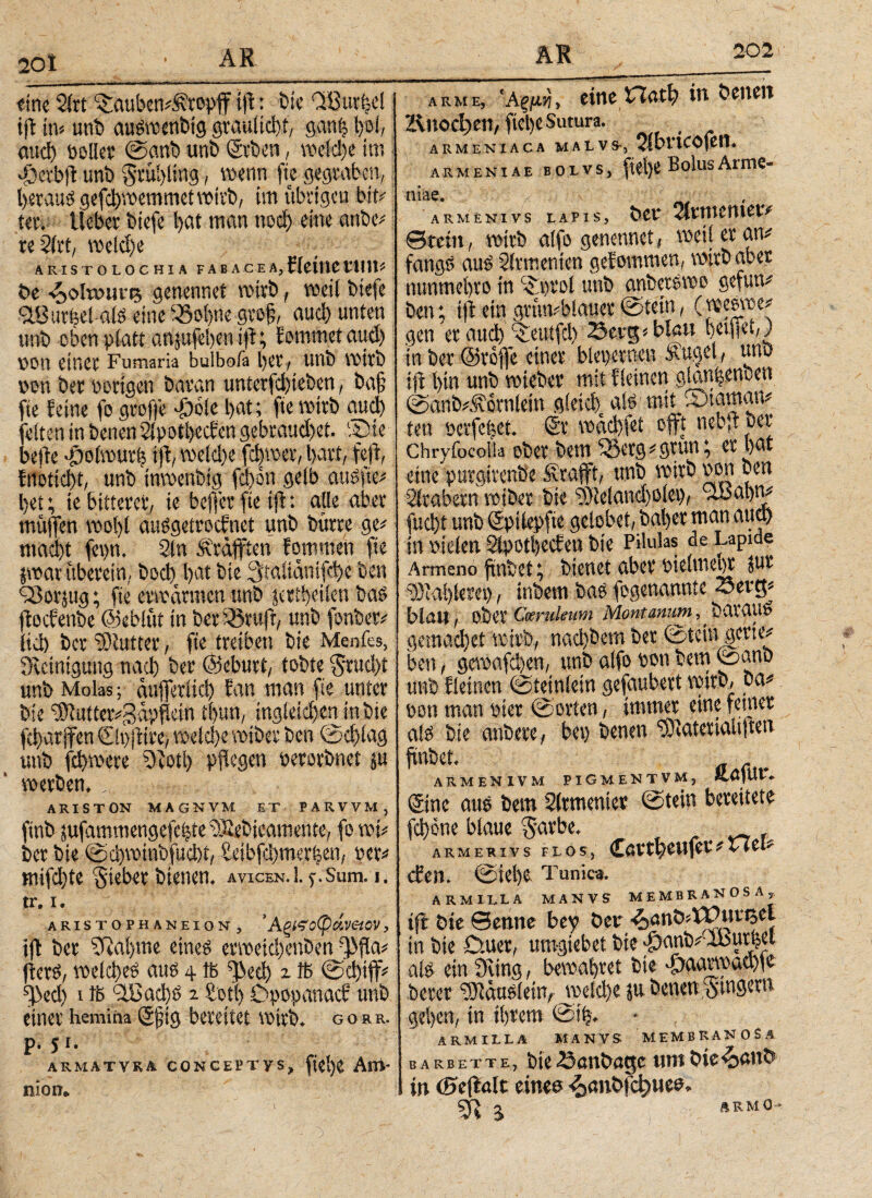 20 i «ine 2irt ^auben^ropff tft: bi« Cffiuvfee! ijl in# unb ausreenbtg graulicht, ganfc l>oi, auch »oller @anb unb ©rben, meid)« im. vOcrbfi unb §ttt!)ling, wenn fie gegraben, herauf gefchwemmet wirb, im übrigen btt# ui, lieber biefe hat man nod) eine anbe# re21rt, weld)e ARISTOLOCHIA FABACEA, Η«ίΐΚ ΠΙΠ* De 4>olt»urt5 genennet wirb, weit biefe 3.Suvt;etalö eine ‘25oi)ne grof, auch unten unb oben platt anjufehentjl; fommetaud) »Ott einer Fumaria bulbofa 1)01' , Unb Wirb »cm Der »origen baran unterfefeteben, ba§ fie feine fo groffe £oie bat; fte wirb aud) feiten in Denen 21potl)ecfen gebraud)et. 5pte· befte .ßo (würfe tft, weid)e fclper, hart, feft, fnotiebt, unb inwenbig fd)5n gelb augfte# Ijet; te bitterer, te beffer fie tft: alle aber muffen woi)l auögetrocfnet unb Dürre ge# macht fev)n. 21 n Ärafften fomrnen fie jwat überein, boeb bat bie 3iaiiäntfche ben QSor^ug; fte erwärmen unb ^rthetlen baö floefenbe ©eblüt in Der33ruff, unb fonber# lid) ber Butter, fie treiben bie Menfes, Steinigung nad) ber ©eburt, tobte $rud)t unb Molas; äufferltd) fan man fte unter bie <i0tufter#3äpjiein tf)un, ungleichen in bie febar jfen 0»fttre, welche wtber ben @d)iag unb febwere fKotl, pflegen »erorbnet p werben., ARISTON MAGNVM ET PARVVM, finb jufammengefefete rSJebicamente, fo wi# ber bie ©d)wtnbfud)i, beibfbmerben, »er# mifebte lieber bienen. AVICEN.l. ) .Sum. I. tr. i. aristophaneion, * Αξίϊοφάνθίον, tft ber 5Rai)tne eines ern>eM)enben ^fia* fterS, voekbcS aus 4 ft ^eci) 2 ft ©Φ# φαφ i ft ilßacbs 2 Sotl) Opopanacf unb einer hemina Sjng bereitet mirb* gqrr. P* JI. armatvkä coNGEHTys, ficl)C Am¬ nion» arme, eine ΓΤαφ in benen Zinoc^eil, ftel)C Sutura. armeniaca malvs-, Sfbneofem ARMENIAE BOLVS, BohlSΑϊΓΠδ- niae. ARMENIVS LAPIS, btt QlVt\Ut\\CW ©rein, wirb alfo genennet, meilercuv fangS aus Sirmenien gefommen, wirb aber nunmel)ro in c£proi unb anbersmo aefuu^ ben; tft ein grünblauer ©tein, (J^espe^ gen er aud) ^eutfd) 23erg * blau fyeiflet,) in ber ©roffe einer bleiernen Äuget, unb ijt l)in unb roteber mit f(einen gtan^enben ©anb^Äotnlein siet# als mit Siammv ten perfekt. Sr mad)iei offt nebit ber Ghryfocolia ober bem ^berg^grun^ er bat eine purgirenbe Ätafft, unb wirb m\ ben Arabern trüber bk ^ieland^lep, Slßabn^ fud)t unb Spilepfie gelobet, bafyer man aud) in fielen 2ip0tl>ecfen bie Pilulas de Lapide Armeno finbet^ bienet aber bieimebr jur ®ai)lerei), inbem bas fogenannte blau, ober Coeruleum Montamirn, genutet mirbf naφbem ber ©temperte* ben f gemäßen, unb alfo bon bem ©ano unb ileinen @teinlein gefaubert mm ba^ pon man hier ©orten, immer eine ferner als bie anbere, bei) benen ?3iateriatiiten ftnbet. armenivm pigmentvm, Sine aus bent Strmenier ©tein bereitete [φοι^ blaue Sarbe* _ f arm eriy s fl os , Cavtt?ewfev^ eb eben. ©iel)e Tunica. ARMILLA MANVS MEMBRANOSA, ifl Die Senne bey Der ■&>önD*XPta*5el in Die D.uer, umgiebet Die -fiwnb/lbutttfl alö ein 9ling, bewahret Die dhaavwaww Derer 'IDlättöIeitv wdd)e ju. Denen gehen, in ihrem @t& ÄRMILLA MAN VS. MEMBRANOSA b a rb ette. Die öanDage um Die^anD in (Bejlölt eine» ^anDfc^uea. 5R s ÄRMO ’·