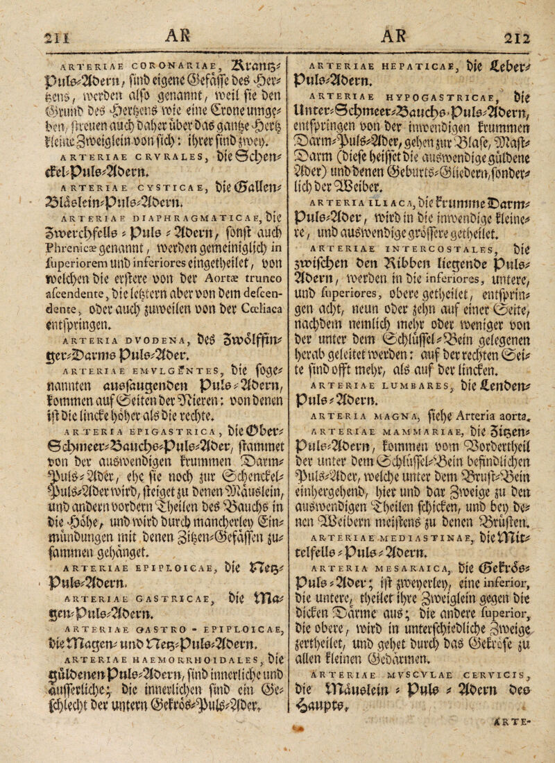 ARTERIAE CORONARIAE, ÄrÖUQ* Pule*2ldem, finb eigene ©efdife beb $et* fertig, werben alfo genannt, weil fie ben ©runb beö $erf?cng tote eine Stoneumge* bett, ftreuen au φ bai>er über baö ganfee ^eti? fieiiißgwetgleweonftd): ihrer finb fwet). ARTERIAE CRVRALES, blCSctien* tM*Pule*2lbmt. r ' ARTERIAE CYSTICAE, hÜ (SWlCH* ■ 2MAelein*Pnfe*2lbem. ARTERIAE DIAPHRAGMATICAE, btC Svwvcftfelie > puls * 2l0cvn, fonff auch Phrenica?genannt, werben gemetniglid) in iuperiorem Ulli) inferiores eingetl)ei(et, ÜOU welchen bte erdete oon bei* Aon® trunco afeendente, btdefetern abeiWOn bem defeen- dsnte, ober auci) juwetlen oon bet Cccliaca entfprtngen, ARTERIA DVODENA, be$ 3wdlffttt* tjer*2)evme Pule*2lder. ARTERIAE EMVLGffNTES, btß fügt* nannten auefaugenben Puie*2i&ecn, kommen auf ©eiten bet fiteren; non benen td bte iinefe hoher afö bte rechte. ARTERIA EPIGASTRICA, bteCDbet-'* Sφneev*23auci>e*pule*2lt>er, ftammet ton bet audvoenbtgen ftummen Sarin* dMtl&iStbet, ehe fte ηοφ jttr ©chencfel* ^ulg*2ibetwtrb, (leiget ju benen ‘iüiäusietn, unb anbern oorbetn ^heilen bed35aud>s in bte ·φοίχΑ unb wirb burcl? mancherlei) ®n* munbuttgen mit benen gtljen*@efäjfen ju* fantmen gelänget. ARTERIAE EPIPLOICAE, bte STee* ■ Pule*2iöem. ARTERIAE GASTRICAE, btt tTI(l* gewp»le*2ldem. ARTERIAE GASTRO - EPIPLOICAE, bic fBagetv und £Tö3*Pule*2fdera. ARTERIAE HAEMO RR HOIDALES, bte tfuldenenPule*2ldetn, finb innerliche unb aufletlid)e;. bie innerlichen finb ein @e* fchledit ber untern ©efto&^ui^ldetr ARTERIAE HEPATICAE, btC S,elW* Pule*2ldem. ARTERIAE HYPOGASTRICAE, btt Untet*ec^meet*;5<iud)6«Pul0*2ldem, entfpringen ton ber imtenbtgen ftummen Sarm#ufe*2lber, gehen jvtr 33lafe, <%lap Samt (btefeheiffetbie augwenbigegttlbene Slber) unb benen @eburt£?@iiebew,fonbet* ltd) betreibet. arte ui λ iliaca, bte Trumme IDarm* Pule*2lder, wirb in bte inwenbige fleine* re, unb augwenbtge grojfere getheilet. ARTERIAE INTERCOSTALES, fofö 3ttnfcf>en ben Ribbelt liegende Pule* 2lbem, werben in bte inferiores, untere, unb fuperiores, obere getheilet, entfprin* gen ad)t, neun ober jeb» auf einer ©eite, naφbem ttemltd) mehr ober weniger oon ber unter bem ©dduflel*33ern gelegenen herab geleitet werben: auf ber tedjien ©ei* te finb offt mehr, afe auf ber linden. ARTERIAE LUMB ARESj fclC UtH&tYt? Pule*‘Widern, arteria magna, ftc!)e Arteria aorta. ARTE RI A E MAMMARIAE, bie Stern* Puit*'2iöem, fommen oom Q3orbert(>eii ber unter bem ©difuffeb^ein befind^ett sT)ult>*3(ber, welφe unter bem SörujMöein etnhergehenb, hier unb bar gwetge ju bett auswendigen ^heilen fd)tcfen, unb bet) be* neu Lüeibetn meidend ju benen 35rü)len, ARTERIAE MEDI ASTINAE,. bie mit* telfelle * Pule * 2ldern. ARTERIA MESARAICA, UtC (BtfvSöt Pu le*2löev; t:d pet)etlei), eine inferior, bte untere, tbeiief ihre gmeiglein gegen bie btefen Samte aus; bie anbere fuperior, bie obere , wirb in unterfd)iebliche gwetge jertherlet, unb gehet burd) bad ©eftofe ju allen fleinen ©ebarmen. ARTERIAE MVSCVLAE CERVICIS, bte tTiduelein * Pule * 2lbcm beo Raupte, ARTE-
