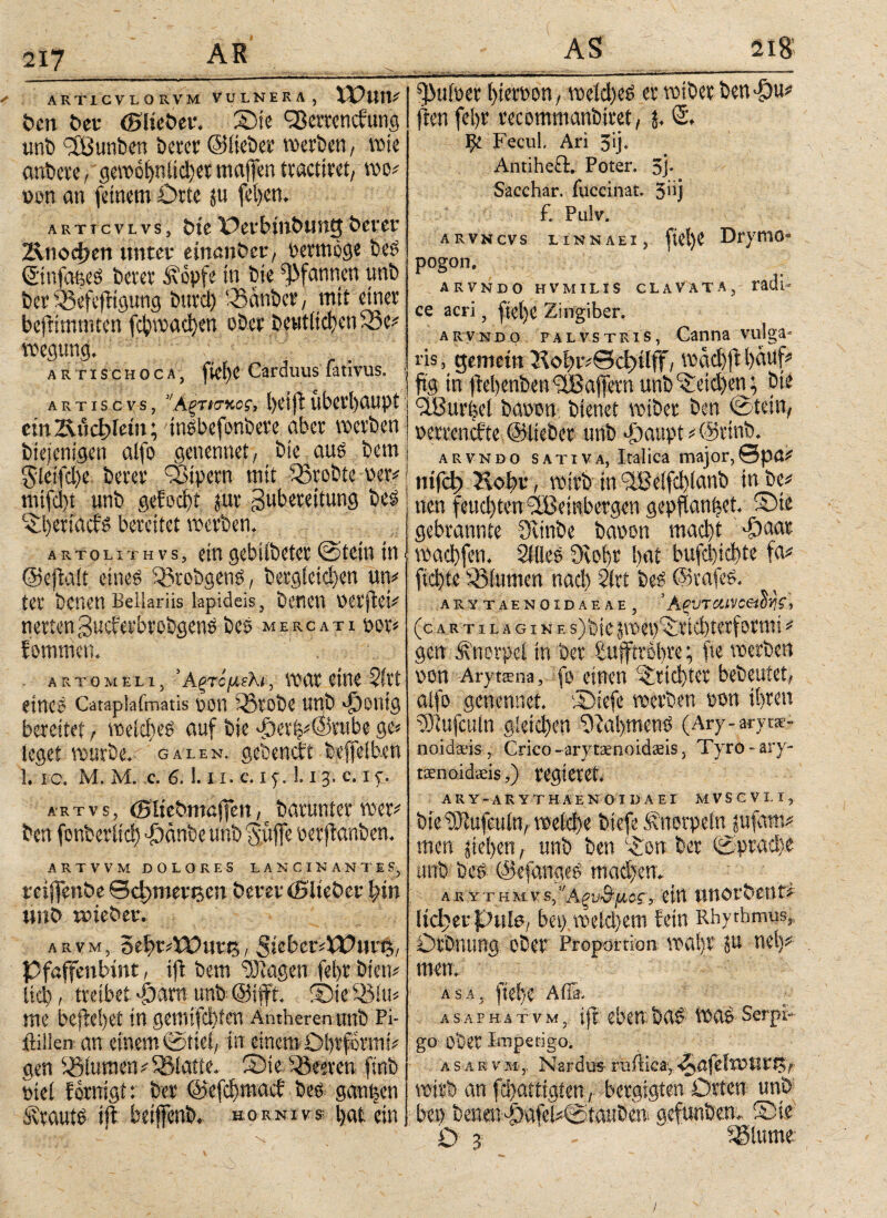 217 ✓ ARTICVIORVM VULNERA, VDun# I t>en ber ©lieber. S)ie Sßerrenctung «nb 3Bunben bevor ©Bober werben, wie anbere, gew6f>nitd)or maffen tracttret, wo# »on an feinem Orte ju fei>en. ARTxcvLvs, bieüerbitibtmgberer Änocfjen unter einanber, vermöge beS Sinfaftes berer Ä'opfe in bie Pfannen unb ber 'Hefejitgung btird) ‘-Sauber, mit einer befHmmten [φνοαφοη ober beutlichen iSc# wegung, AR nscHOCA, fiei)e Carduus fativus. artiscvs, ”Αξησ%ος, l)t'ifl Überhaupt ctn Ivudjfetit; inSbefonbere aber werben bieienigen alfo genennet, bie aus bem $leifd)e berer Vipern mit Probte wer# mifd)t unb gemocht jur Zubereitung bes ^l)erfads bereitet werben. aRTou riivs, ein gebiibeter ©tein in > ©eftait eines iSrcbgenS, bergieid)en un# ter benen Bellariis lapideis, benen vetjftet# nertongueferbrobgens beö mercati vor# fommeti. artomeli, ’Agrcfieht, war eine 2(rt eines Catapkfmatis von iSrobe unb Jöontg bereitet t weiches auf bie fti)et|#@rube ge# leget würbe.· galen. gebenett beffeiben 1. ίο. Μ. M. c. 6.1.11, e. i 1.13. c. if. art vs, (Bliebmaffen, barunter wer# ben fenberltd) f)änbe unb “Suffe verjianben. ARTVVM DOLORES LANCINANTES, reiffenbe 0d>merecn berer ©lieber hin unb tviebet. a r v m , oeht#YUut«3 / 5wber#£Unn3, Pfaffenbint, ift bem Klagen fel)t bien# Ιίφ, treibet $am unb ©ifft. ©ieSSlu#; me befielet in gemifdften Amtieren unb Pi- ftillen an einem ©riet/ in einem Ohrformi# gen lSiumen#iSlatte. SMelSeeven finb viei fornigt: ber ©efehmaef bes gangen Krauts ift beiffenb. kornivs i>at ein AS 218’ ii V· — ieaamimmm m 11 1—■ ■ i. ■' ■ * ■ 1 '■>■■'—*'**· r pulver hiervon, welches er wiberben^u# ftenfehr recommanbiret, j. ©, ψ Fecul, Ari 3‘j* AntiheiK Poter. 3j- Sacchar. fuccinat. 3iij £ Pulv. AR VN CVS LINNAEI , ficl)C DrytttO- pogon. arvndo hvmilis claVata, radF ce acri 5 Zingiber. arvndo PALVSTRis, Canna vulga« iis, gemein 2ί«φν#θφίΙ$Γ, mäd)ft häuf# ftg in ftehenben Gaffern unb rietd)cn; bte SlBurhei bavon bienet wiber ben 0tein, verrenefte ©lieber unb $aupt # ©rtnb. arvndo sativa, Italica major,θρβ# nifct> Hohr, wirb in aBeifdftanb in be# nen feud)ten 3Beinbergen gepflanzt. S)te gebrannte 3ünbe bavon macht ftbaar wachfen. Silles Dvohr hat bufdftclfte fu# flehte Blumen nach 2irt bes ©rafeS. arytaenoidaeae , Άξντcuvceiori?, (cartilagine s)bte pep^rtchterformi # gen Knorpel in ber Luftröhre; fte werben von Arytaena, fo einen Trichter bebeutet, alfo genennet. (Diefe werben von ihren rDiufculn gleichen Rahmens (Ary-aryts- noidads Crico-arytaenoidaeis, Tyro - ary- tsenoidaeis ,) regieret ARY-ARYT HAE N 01 DA EI MVSCVLI, bte^ufeuln/ mdc!)^ biefe norpefn pfem men jtd)en, unb ben c£ott ber @praci)e unb beF (Sefange^ mad)em A R Y Τ Η Μ- V S, fJLÖ^ y CtU lieber pute/ bei) roeidjem fein Rhythmus,. OrDnung ober Proportion: wcif)i' ?u nei}^ mem a s a , frohe A ffi. ASA.PH.AT vMr ifr ebenbei^ \DC16 Serpi*·· go ober Impetigo. a s ä r v m r Nardus ruilicay \wh an fd)attigten: Λjbergigten Orten: unb; bei) benen:^afe^©.taube0 gefunben. ©ie O 31 ’ ^lume t