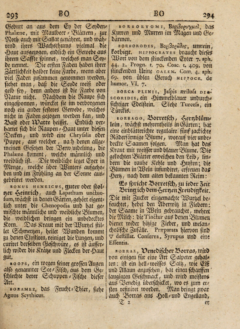 294 (gebart an aus bem ©t) ber ©epben# Phafene, mit ü)iaulbecr # flattern, jur ξΤίοφ aud) mit ©altat genahret, unb w»äi>* renb ihres 3I3ad}StbuinS pjelmal feie haut ausgewogen, enbüch ein ©ewebe aus ii)vetn ©affte fpinnet, weldjeS man ©ep# fee nennet. ©ie erfren gaben haben ihrer gartltcbfeit halber feine garbe, wenn aber viel gaben jufatmmn genommen werben, fiel)et man, feaji feie ©epfee weif ober gelb fei), feenn anbetS ift feie garbe oon Statur nid)t. HRacbbem bie üiaupe fid) eingefponnen, würdet fie im oerborgenen nod) ein anber feileres ©ewebe, welches nicht in gaben gewogen werben fan, unfe 25a{l ober Watte hetffet. Snblid) per# härtet ftd) feie 9iaupen#haut unter biefen ©eden, unb wirb eine Chryfalis ober ^>uppe, aus weld)er, na φ benen allge# meinen ©efeben ber QBerw.mbelung, bie Phaliene fommt, weld)e mannltd) unb weiblich ift Sale weiblid)e (eget ©per in SRenge, weiche über ΦΒintere aufgebo# ben unb im grübltng an ber ©onne aus# gebrütet werben. BONUS HENRICUSj guter ober (ioI# Set Heinrich), atld) Lapathum unciuo- fum, wachjl in benen ©arten, gehört eigene (ich unter s feie chenopodia unb hat ge# mifchte männliche unb weibliche Blumen, feie weiblichen bringen ein unbebedteS gorn. ©as graut mit ber <2Bur|el jfü# let ©chmerhen, heilet %Bunben fommt ju benen ©ipftiren, reiniget bie Hungen, unb curiret berfelben ©efchwüre, es ift äujfer# Ιίφ wiber feie grabe unb gleden ber haut gut. e o 0 p s, ein wegen feiner grojfen klugen alfo genannter ©ee#gifd), aus bem ©e# fd)led)te feerer ©ebuppen # gtfdje feiefer «ürf. boramez, feas grucht^hter, fielje Agnus Scythicus. «4· mmnwmrtrf-p 1.«13» uw. m· . γ'-τ borborygmi, Έοξβοξυ^μο), bas Durren unfe Durren im Ziagen unb ©e# barmen. BORBORODEs, Βοξβίξωδίζ·, unrein, fotfngt. Hippocrates braud)t btefes iißort von bem (findenben ©ptet 7. aph. 44· 2· tkogn. t. 70. Coac. t. 409. Pott fiindenben Urine galen. Com. 4, aph. 69. pom üblen ©eruch hjppoce. de humor. VI, 7. borca plini’i, Jafpis aerilofa bi*.' scoridis, ein himmelblauer unfeurch# fichtiger ©beifiein. ©fefce Turceiä, eitt ^ürdis. BORRAGo, 23omtfd>, Z)tvt$blum# lein, wad)ft mehrentbeiis in ©arten; hat eine einbfatterichte regulaire fünf wadidhte fKäfeerformige diurne, worauf Pier unbe# feedte ©aamen folgen. ®an hat feas graut mit weifjer unfe blauer iöiume. ©te gefodjten glätter erweichen feen Hetb, lin# feern feie rauhe gehle unfe huften; bie 33lumen iniUSein infunbiret, erfreuen bas herb, nach bem alten befannten fKeim: *£e Γρνίφΐ 23ονι·βίΓφ, 3U tefeer Seit 23ring ίφ öem-^ereen Sreubigfett* ©ie mit guder eingemadjte Kurbel be# feuchtet, hebet ben 3!berwir? in giebernt ber ©aame in RiBein gebrauchet, mehret bie ISRitd): feieTinffur aus benen Blumen bienet wiber Jbibige gieber, unb melan# d)olifd)e Sufälle. Prsparata Neroon finfe V deftillat. Conferva, Syrupus Unb eine Eirentia. b 0 r r as , υ^ηββί[φη· 25owa0-, wirb pon einigen für eine 3(rt ©aipeter gebaf# ten; tft ein belkwciffeS ©alb, wie ©ίφ unb Slllaun anjufeben, hat einen fcharffe«' laugigten ©efdmiad, unb wirb meijlene aus Q3enebig überfd)idct, wo es jutn er# freu refiniret worben. 9)tan bringt jwar auch botras aus h°ü?U!'0 ©ngellatib, 2 er