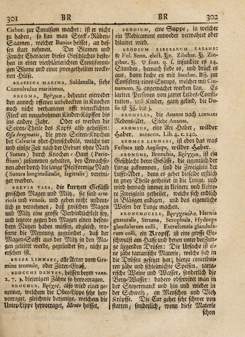 Cichor. juv Cmulfton machet: ifr ev nicht ju haben, fo tan man ©tecf* Stöbern ©aarnen, welcher Bunias beiffet, anbef* fcn jiatt nehmen. ©er Blumen unb grucbt Character btcfeS @efd)led)ts hefte* ben in einer picrbldttcvid)ten Cceufcformt* gen diurne unb einer jwepgetbeilten trocte* nen »öuife. brassica marina, Soldanella, ftetje Convolvulus maritimus. bregma, Βξίγμα, bebeutet entweber ben annod) offenen unbebecften in£nod)cn nocl) ntcl)t »erhärteten ojft ütetecficbten §(ecf an neugebol)tnenÄinbetv.K0pffen bis ins anbere 3a(>r. Ober es werben bie ©eiten^beife beS ÄopfS alfo gebeiffen: Ojft bregmatis, bie |wep ©eiten*3vnoci)en ber Calvari* Qber>£)irnfci)ebe(s, weldieoer unb einige Seit nach bet @eburt of>ne Ο'ϊαίΙ) (Sutura) burd) Knochen*«©aut (Perio- ftium) jufammen gehalten, bet) Ctwachfe* nen aber burd) bie lange fßfetlformtge 0?αίΙ> (Sutura longitudinalis, fagittalis) vereint* get werben. BREVIA VASA, btt fttttjett <BtfßjfC |Wtfd>en Etagen unb röiilh, fte finb arte- riofa unb venofa, unb geben nicht unbeut* Ιίφ ju pernehmen, baf jwifd)en Klagen unb ‘tKtfe eine grojfe Q3erbinblicbfett fet), unb ledere gegen ben SJiagen einen befon*, bem 2Ru|en haben muffen, obgleich, wo* ferne bie Nennung gegrönbet, baj? ber 9ftagcni©aft aus ber ‘Stilb in ben ‘Sia* gen geleitet werbe, gegrönbet fet), nicht tu trfeben iji B R X z A l IN N A EI, alle Sitten POttt Gra¬ mine tremulo, ober 3ttfer*@taf?. BROCCHI DENTES, 1)ϊί ffCH be!)lt1 VARR. 2, η. j. biejenigen 3öt)tie fo berootragen, BRocHus, Έξοχος, alfo wirb einer ge# nennet, welchem bie Oberlippe febr her# »orraget, gleichwie berjentge, welchem bie Unterlippe bdPOtraget, Memo beifet, BR 302 *r—w1—» ■ ■■■'» - ·- ■■■■'■---— br0 divm, eine θηρρε, itt welcher ein ‘DMicament entweber »etwabret ober biluiret wirb. BRÖDIUM ZIBEBARUM tAXANS: ψ Fol. Senn, eleft. §jv, Zibebar. §j. Zii> giber. 5j. V Font, q. Γ. tnfttnbire CS 24. ©tunbett, bemach fiebe es, unb bröcf eö aus, bann fod)c es mit Sacchar. ißij. jur ConfiftcniS eines ©ptupS, welcher mit ein- namom. 3j. angemad)et werben tan. Cs lapiret Verfemen oon gartet ietbeS*Confti* tutton, unb Äinber, ganh gelinb, bie Do- fis iji §ß. bis j. Bromelia, bie Ananas ηαφ linnaei 9cebenSi2irt. ©iel,e Ananas. bromius, eine 2lrt ^aber, wilbeu ^öber. DioscoR. Lib. 4. c. 140. bromus linnaei, iji eben baS was Feftuca unb Aegilops, tvilbet -^cbci'. bronchi. Bronchia, Βςί^χικ, tft ein ©efchlccht berer ©efäffe, bie cigentitd)bet iunge sufommen, finb bie gmetgfetn ber iufft*2fber, benn es gebet biefelbe erjiltd) in jwet) cObeiie getbetiet in bie iunge, unb wirb hernach immer in flemere unb fletne* re Swetgiein getheilet, welche ftd) enbltd) ln ^läsgen enbtgen, unb baS eigentlich« 9tüefen ber iunge machen. bronchoCELE, Bξο^χο%·ήΚνι, Hernia gutturalis, Struma, Scrophula, Hydrops glandularum colli , Excrefcentia glandula¬ rum colli, ein Ätopff, iji eine groffe @e^ fchwulfi am >f)alfe unb benen unter berSuns» ge liegenben lOrüfen: Sie Urfache tfi ψ ne idl>e tartartfd)e Materie, welche ftd) in bie SD rufen gefe|et bat; i>ietrj« contribuij« ren jähe unb fcbleimichte ©petfen, tartOf rtfd)e OCBetne unb ^Baffer, fonberiicl) bie iBer^Baffer: babero obferöiret man in ber ©tepermarcf unb bin unb wieber in ber ©cbweii), an ®enfd)eu unb C33iet> tropfe, JDte Cur gebet febr fd)wer pou ffatten, fonberiieh, wenn biefe Äerte