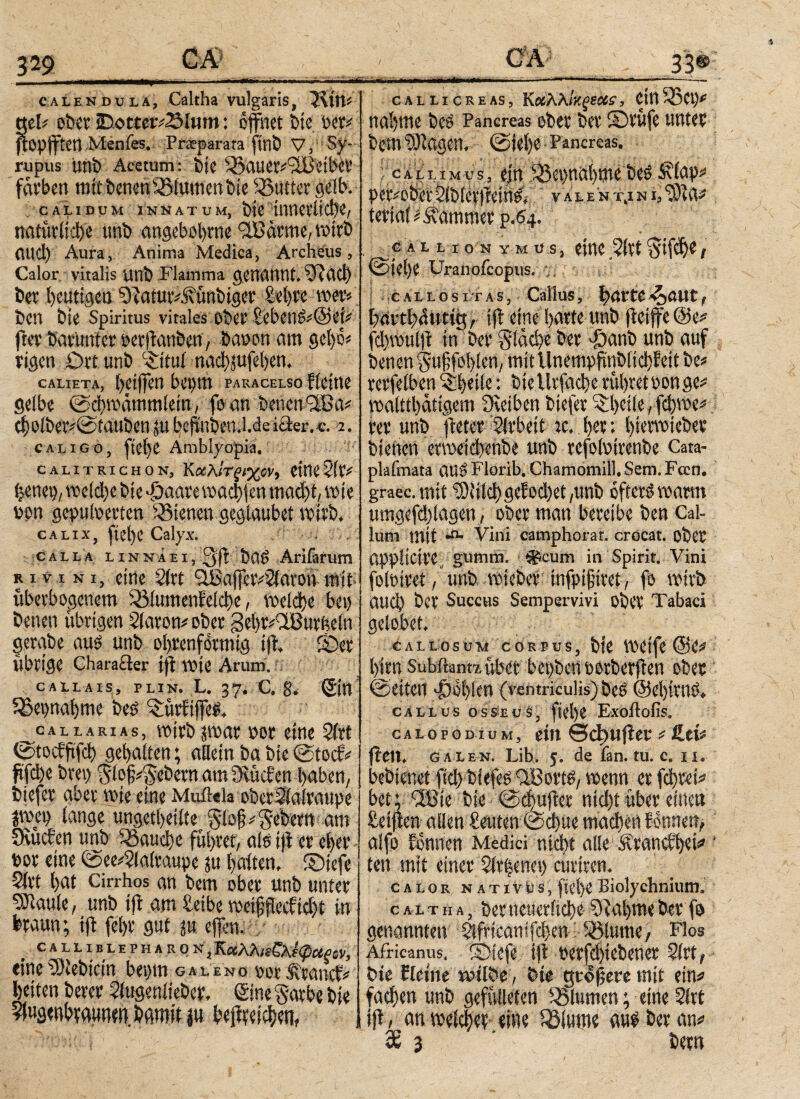 329 •dm 33' Calendula, Caltha vulgaris, 23ttt* \d> ober JBotter#23iwm: öffnet bte, »er# topfftett Menfes. Praeparata ftnb V, Sy- rupus unb Acetum: bte iöauer#3iBetbee färben mitbenenSSlumenbie SSutter gelb. CALIDUM INNATUM, btC ίΐΙΙΚΙ'ΙίφΟ, natttviii)e unb angebohrne tarnte, wirb αΐΐφ Aura, Anima Medica, Archeus, Calor vitalis unb Flamma genannt, Β?αφ ber heutigen ‘Diatutv.ftünbiger Sehre wer* ben bie Spiritus vitales ober £ebenS#@ei# fter barunter »erlfanben, baoon am geiff* eigen Ort unb ©itul m^fufehen. calieta, heiffen bepm paracelso flcitte gelbe ©ki)t»ammiein, foan bencn^Ba# cl)olbei'A@tauben£u bejinben.l.de i&er. c. 2. caligo, ftel)e Amblyopia. calitrichon, kκλίτςιχον, eine2(r# (jene», ιυβίφε bie -öaare warfen «ιαφί, rote »on gepuloerten dienen geglaubet wirb, calix, ft ehe Calyx. calla Li NN ä ei,3(iba0 Arifarum R1 v i n 1, eine 2(rt ftBaffeivSlaron mit rtberbogenem SSlumenfe^e, roc^e bet) betten übrigen 2laron# ober gebtivlButkeln gerabe aus unb ohrenförmig ift. ©er Übrige Character ift YOte Arum. CALLAIS, PLIN. L. 37. C. g. ©Π S5ei)nal)me bes ^ürfiffeS. ^callarias, votrbjwar »er eine 2frt ©tocffiföl) gehalten; allein ba bie ©tocf# #he bret) $Jof5#pebern am Dvücfcn haben, tiefer aber t»ie eine Muftela oberSHalraupe fwep lange ungetheilte §lo§#$ebefn am Beuchen unb ίβαιιφο führet, als iji er eher »or eine ©ee#2la(raupe ju haften, ©tefe ?irt hat Cirrhos an bem ober unb unter Sbtaule, unb ift am Setbe roeijjflecftcht in braun; ift feljr gut p effen. C A L L I E L E P Η Α R 0 N , KcCAÄle&JtpUPCV, eineSöiebicin begm galeno »or ifirancf# heiten bereu Slugenlieber, ©ne garbe bie ?fugenbrgunm.bgmitj« CALLICREAS, K ΧλλΙκξΙΧί, Cttt nähme bes Pancreas ober ber ©rufe unter 5-Pancreas. ; cAf limus, cjtt ©.epnabme beS i\(ap# per#ober2lbler|teinS, vaien t,in i,2ϋϊα# teriai Kammer p.64. c a L l i o n y μ p s, eine 2lrt 5ίίΦ^/ @tel)C Uranofcopus. cal los irr as, Callus, harte4a«t, havthduttg, ift eine harte unb ftciffe @e# fchwttlff in ber §läci>e ber djanb unb auf benen$u§fol)len, mit tlnempfin&lict>feit be# rerfelben ^heile: ^βΙΜαφε rühret »onge# roaltthätigem Drei ben biefer ^heile,fd)we# rer unb ffeter Arbeit tc. her; hiewieber bienen erwetcitenbe unb rejolotrenbe Cata- plafmata auSFlorib. Chamomill.Sem.Fccn. graec.mit ίϋίίΐφ gef od>et ,unb öfters warm umgefc!)lagen , ober man bereibe ben Cal¬ lum mit *°· Vini camphorat. crocat, ober oppltcire, gumm. 0?cum in Spirit. Vini foloiret, unb mieber tnfpifüret, fo wirb αϋφ ter Succus Sempervivi ober Tabaci callosum corpus, bie weife@e# hirn SubflantL über bepbcn »orberften ober ©eiten fohlen (ventriculis) bes @el)irnS. CALLUS ossieuS, fiehe Exoitofis. cAiopoDiuM, ein θφη(ϊίο # ütU fielt. Galen. Lib. 5. de fan. tu. c. n. bebtenet [ίφ biefeS fSBortS, wenn er fchret# bet ; fIBie bie ©dufter ηιφί über einen Seiften allen Seuten ©d)ue ηιαφεη fönne«> alfo fönnen Medici ηιφί alle ftranethei# ten mit einer Slrhenep curiren. calor n ATivPs, ftehe Biolychnium, c a l t h a , ber neuerlt^e Sftahme ber fo genannten $lfrtcanifchten i SBlume, Flos AiHcanus. ©iefe ift »erf4tebener 2lrt, bte flet'ne wtlbe, bie größere mit ein# ίαφβη unb gefüllten Blumen; eine 2lrt i(t, an welker eine fßiimw aus ber an# 36 3 hem