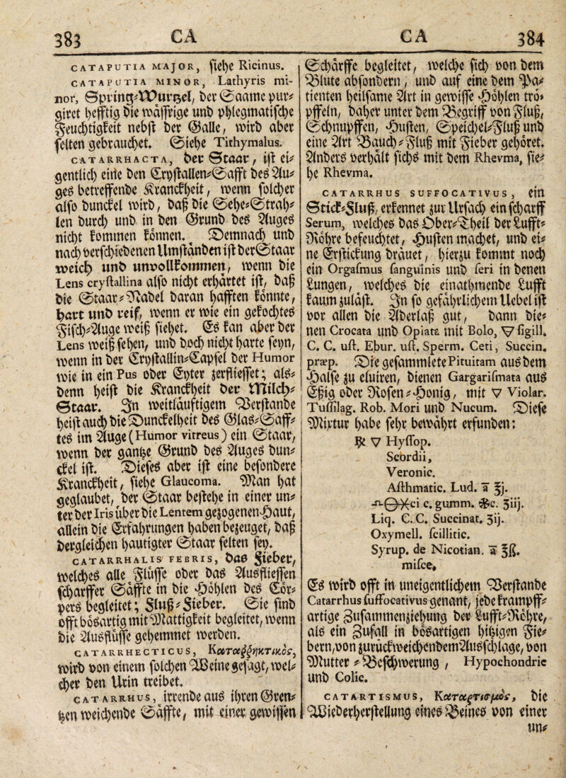 cataputia major, ((ehe Ricinus. catapotia minor, Lathyris mi¬ nor, ©ptingAPuvecl, ber0aamc pur# giret befftig bie wäffrige uni) pblegmatifche geucbttgfeit nebff bet ©alle, wirb aber (eiten gebrauchet. @iel)e Tithymalus. catarrhacta, bet Staat, iff ei# gentlid) eitle ben 0n)ffallen#0afft beS 2(u# ges betreffenbe Ävancfbett, wenn folcher alfo buncSel wirb, baf bie 0ebe*0trgb# len burd) unb in ben ©runb beS 2(ugeS nicht fotnmen Sonnen.^ ©ernnadj unb nad) oerfchtebenen Umffänben ijl ber0taar meicb unb unvoUSommen, wenn bie Lens cryftaiüna alfo nicht erbartet ijl, baf bie ©taar#0iabel baran lyafften Sonnte, tjatrt unb reif, wenn er wie ein geSod)teS $ifd>#2luge weif fielet. Ss San aber ber Lens weif (eben, unb bodj ntd>t barte fepn, wenn in ber £ri)ftallin#<iEapfel ber Humor wie in ein Pus ober (Spter jerflieffet; als* benn b^tfl bie ^rancSbeit bet ϊϊΐίΐφ* ©taat. 3n weitläufigem 93erffanbe betft aud) bie SDuncf eibeit beS @laS*0aff* tee im 2luge(Humor vitreus) ein ©taar, wenn ber ganfee ©runb bes 2lugeS butt* cSel ift. SMefeS aber ifl eine befonbere Ä'raticSbeit, fiel)« Glaucoma. ‘DJtan bat geglaubet, ber 0taar beffebe in einer un* ter ber iris uber bie Lentem gejogenenP)aut, allein bie ©rfabrungen haben bejeuget, baf bergleid)en bautigter 0taar feiten fep. catarrhalis feeris, baa Riebet, welches alle Sluffe ober bas Slusfieffeu (d)arffer 0äffte in bie fohlen beS £or* »ers begleitet; Sluf*Siebet. 0te finb offt bösartig mit ^lattigSeit begleitet, wenn bie 2lusfuffe gebemmet werben. CATARRHECTICUS, KoiTOe^tJKTtKcr, wirb »on einem fold)en ißeinegcfagt, weU eher ben Urin treibet. catarrhus, irrenbeaus ihren@ren* feen weid)enbe 0äffte, mit einer gewiffen 0d)ärffe begleitet, weld>e ftch nonbem ^lute abfonbern, unb auf eine bem ^a* tienten beilfame Slrt in gewiffe Noblen tro» pffeln, baber unter bem 2)«.griff oon Stuf, ©djnupffen, duften, 0peid)el*$luf unb eine 2(rt 33auch#Slu§ mit lieber ge >oret. Slnbers »erhalt ftd)S mit bem Rhevma, fie* l)e Rhevma. CATARRHUS SUFFOCAT1VUS , CtU ©ttcfiSluff erSennet jurllrfad) einfcharff Serum, welches bas Öber/$beil ber £ufft* Dvcl>re befeuchtet, puffen machet, unb ei# ne ©rfticfung brauet, bt^u Sommt noch ein Orgafmus fanguinis unb feri in benett Sungen, _ wetd)eS bie einatbmenbe Sufft Saum juläff. 3n fo gefährlichem Hebel tfl gor allen bie Slberlaf gut, bann bie* nen Crocata unb Opiata mit Bolo, V figill. C. C. uft. Ebur. uft. Sperm. Ceti, Succin. prsp. ©tegefammletePituitam auSbem Jöalfe ju elutren, bienen Gargarifmata aus Sftg ober Duffen *>ponig, mit v Violar. Tuffilag. Rob. Mori unb Nucum, ©iefe Mixtur habe febr bewährt erfunben; fy. V Hyffop. Scordii, Veronic. Aithmatie. Lud. J ^j. -n-©^ci c. gumm. #c. 5iij. Liq. C. C. Succinat, 5ij. Oxymell. fcillitic. Syrup. de Nicotian. a 5ß, mifce» © wirb offt in uneigentiid)etn iSerftanbe Catarrhus iuffocativus genant, )cbc frdttipff* artige gufanimenjiebung ber 8tiflft;9\el)re, aiß ein gufall in bösartigen leigen gie* betn,\>on surucfmetc^rnbem^it^fdjlage/ Den Butter ^ ^3cfd)werung , Hypochondrie unb Colic. CATARTISMUS, K ΟίΤΛξΤΚΤμΟί 9 bie ilßieberl)er(tellung elnee ^eineö Den einer un*