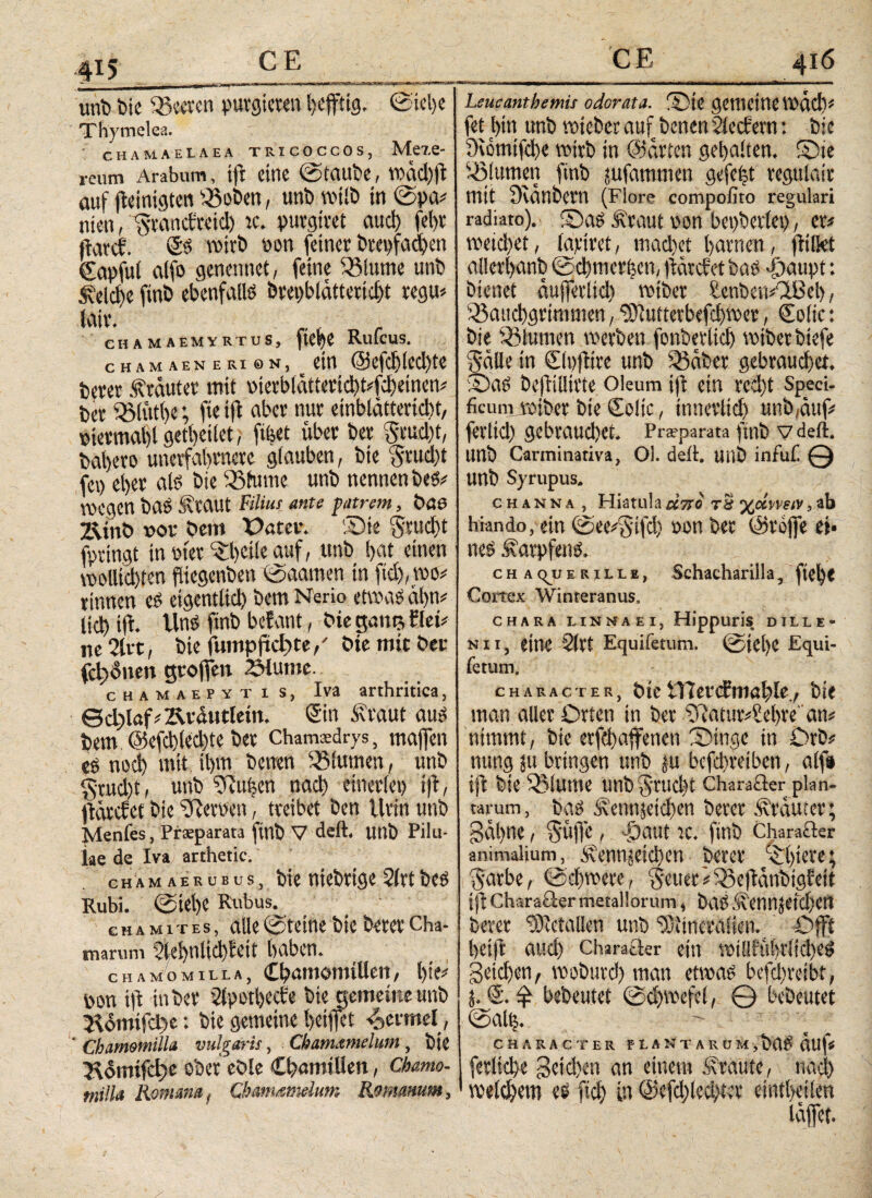 unt> Die 35«««» purgieren befftig. ©iel)e Thymelea. chamaelaea tricoccos, Mexe- rcum Arabum, tfr eine (Staube, Π)αφ(ϊ auf jteinigten Boben, unb votlb in ©pa« nien, Srancfreid) re. purgitet aud) fel)t ftarcf. Ss wirb pon feiner btepfadjen Capful a(fo genennet, feine Blume unb A?eld)e ftnb ebenfalls brepblättertcbt regit« fair. . CHAMAEMYRTUS, ft«!)« RlllCUS. C Η A Μ AEN E RI 0 N, Cltt @efd)led)te berer trauter mit pierblättertd)t«fcbetnen« ber Blutbe; fie tfl aber nur «tnblättcrtcbt, pietmabl getbeilet, ftfeet über ber Srudjt, baljero unerfabrnerc glauben, bte §rud)t (cp ei)er als bie Blume unb nennen bes« wegen bas Staut Filius ante patrem, bau 2\inö vor bem Oater. ©te 5rud)t fptingt in vier §J)Ciie auf, unb ()at einen \polltd)ten fiiegenben ©aamen in ftd), wo« rinnen es eigentlich bem Nerio etwas ahn« lid) ift Uns ftnb befant, bie gann, Eiei« ne 2irt, bie fumpjüc^te,' bie mit ber fct)dnen groffen Slume. c H A M A E p Y T I s, Iva arthritica, ©d)laf«Ärdntlein. Sin Staut aus bem @efd)led)te ber chamaedrys, mafen es ηοφ mit il)tn betten Blumen, unb Srucl)t, unb iftuljen nach einerlei) ί|ΐ, jtarefet bie Heroen, treibet ben Urin unb Menfes, Prsparata ftnb V deft, unb Pilu¬ lae de Iva arthetic. c h a m a e r u b u s, bie mebtige 2(rt bes Rubi. ©tel)« Rubus. cha mit es, alle ©tetne bie berer Cha- marum 2k!)nlid)fcit haben. chamomilla, Chamomillen, l)ie« pon ift in ber 2lpotl)eeEe bte gemeine unb 3\omi!cl)e: bie gemeine betjfet Bermel , '* chamomilla vulgaris, Chamxmelum, bte Bomifcl)« ober eble CbamiUen, Chamo- milla Romane, Qb&m&mlum Romanum, 1-iirniina·—■ ■—mi Leucanthemis odorata, ©te gemein« Wad)« fet !)tn unb wieber auf benen SiecEern: bie 9iomifd)c wirb in ©arten gehalten. ©te 33(unten ftnb sufammen gefegt regttlair mit Stäubern (Flore compofito regulari radiato), ©as Äraut pon bepbetfet), er« weid)et, lapiret, mad)et harnen, ftilk t aller hanb ©d)mcrf?en, (mtefet bas -foaupt: bienet äujfetltd) wtber SenbemCiBeb, Bauchgrimmen, SRuttetbefcbwer, Sofie: bie Blumen werben fonberlid) wiberbtefe Salle in Slpjüre unb Bctber gebrauchet, ©as befüllitte Oleum t|i ein rcd)t Speci- ficumjptber bie Seite, innerlich unb,auf« ferltd) gebrauchet. Pra?parata ftnb v deft. ttnb Carminativa, Ol. deft. unb infui! Q unb Syrupus. chjnna , Hiatuladori τδ %ci',veiv,ab hiando, ein ©ee«Sifd) Pon ber ©rojfe tu nes Karpfens. chaqjjERiLLE, Schacharilla, fiel)« Cortex Winreranus, CHARA LIN NA EI, HipOUris DILL Ε¬ Ν II, eine $(rt Equifetum. (Siehe Equi- fetum, character, tuefTCercEmablrt bie man aller Orten in ber S?atur«f!ehre an« nimmt, bte erfebaffenen ©inge in Orb« nung su bringen unb su bcfchreiben, alf# ift bte Blume unb§'rud)t Charaöer plan¬ tarum, bas Äennjctdten berer trauter; gähne, S'ttffe,. -£raut :c. ftnb Charafter animalium, Äennjeicben berer Abiere; Sarbe, ©djwere, Setter «BeftänbigEeit tjl Charaäer metallorum, baS 3vennjefd)e» berer SRctallen unb ESitnetälien. Offjt beifl auch Character ein wtUfübrltd)eS getd)en, woburd) man etwas befcl)reibt, $. S. φ bebeutet @d)Wefcl, Q bedeutet ©alb· ^ CHARACTER PLAN T AR UM,baS ätif« ferlicbe gctd)«n an einem traute, nad) weldjem es ftcb in @efd)led)t>r etntbeilen läjfet.