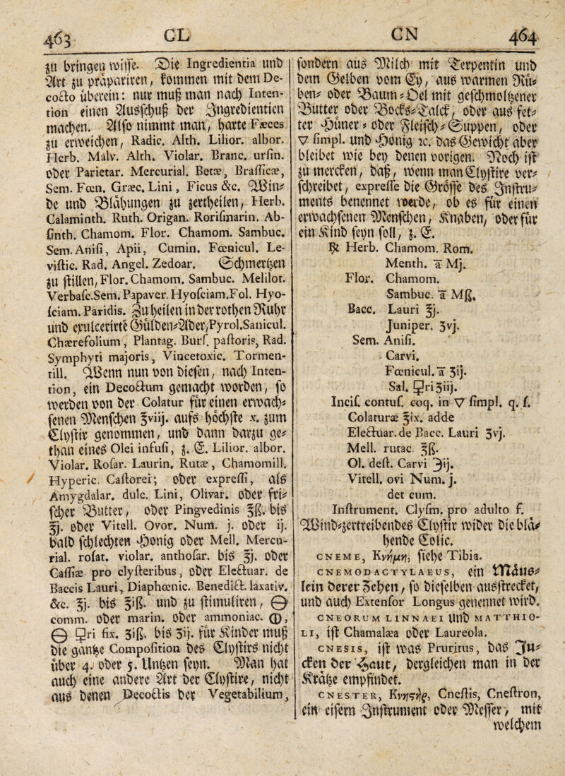 $u bringen wtfli. S5U ingredienda unb 3(rt ju prapaviren, fommen mit Dem' De- cofto uberein: nur mu§ man nad) Inten¬ tion einen 2it$fd)u§ bet Sngrebienticn machen* Stifo nimmt man, barte F^ces Jü erweichen, Radic. Alth. Lilior. albor. Herb. Malv. Alth* Violar. Branc. uriin. Ober Parietar. Mercurial. Bet«, Braffica?, Sem. Feen. Graec. Lini, Ficus &c. 9ü5itV be unb 55idi)ungen ju jertheilen, tierb. Calaminth. Ruth. Origan. Rorifmarin. Ab- Cnthi Chamom. Flor. Chamom. Sambuc. Sem.Anifi, Apii, Cumin. Fccnicul. Le- viftic. Rad. Angel. Zedoar. @(|)mer^n £U jtiUen, Flor. Chamom. Sambuc. Melilot. Verbafc.Sem. Papaver, Hyofciam.Fol. Hyo- iciam. Paridis. gul)eiien inber rotbenSRubr unb epulcertrte ©ulbetFSiberfPyrol.Sanicul. Chaerefolium , Plantag. Buri* paftoris, Rad. Symphyti majoris, Vincetoxic. Tormen- till. ilBenn nun oon triefen, nad) Inten¬ tion, ein Decoäum gemacht worben, fo werben pon bev Colatur fur einen erwach* fetten ‘Sftenfchen §viij. aufo i>oci>fte x. jum Cipjlir genommen, unb bann barju ge* tban Ctnc£ Olei infufi, J. Lilior. albor. Violar. Roiar. Laurin. Rutae, ChamomilL Hyperic. Cailorei; ober expreß!, a(6 Amygdalar. dulc. Lini, Olivar. ober frt* fd)er Butter, Ober Pingvedinis §ß. bif 5j. ober Vitell. Ovor. Num. j. Ober ij. halb fd)iechten $0ntg ober Mell. Mercu¬ rial. roiat. violar. anthofar. bi£ 5J. Ober Caffise pro elyfteribus, ober Eleöuar. de Baccis LaurirDiaphcenic. Benedift. laxativ. &c. 5j. bi$ giß. unb ju fHmuliren, 0 comm. ober marin, ober ammoniac. (p, Θ 5 ri fix. 3iß. big 3>j. fuc Ätnbet muß feie gaufee Compofition feeg ©l)j)irg nid)t über 4. 0b« 5. Unfeen fepn. 9)«m bat aud) eine anfeere 2itt bec ©oütre, ηίφί OUÖ benett Pecoflis feer Vegetabilium, CN 464 fonbern aug 9)2ileb mit Serpentin unb betn ©eiben oom©), aug roarmen 9ut« ben# oben: SBaum*Del mit gefcfemolfeenec Butter ober 33ocfg/Dalcf, ober aug fet# reu firner«ober 'gteifd)# (Suppen, ober v fimpl. unb djontg ic. bag @croid)t aber bleibet rote bei) benen oorigen. tfc jü tnevefen, ba§, roenn tnan€lt)|iire oer# fd)veibet, expreffe bie ©roffe beg 3n)h’U- mentg benennet roerbe, ob eg für einen een^fenen 9)2enfd)en, Änaben, ober für ein Vtnb fet)n foll, j. © 9t Herb. Chamom. Rom. Menth. & Mj. Flor. Chamom. Sambuc. H Mß, Bacc. Lauri jj. Juniper. 3vj. Sem. Anifi. Carvi. Fccnicul. U 5>j* Sal. Qri3iij. InciC contuf, coq. in V fimpl. q. I. Colaturs §ix. adde Elefluar.de Bacc. Lauri 3vj· Mell, rittac. §ß. Ol. deft. Carvi 3*j· Vitell. ovi Num. j. det cum. Inftrument. Clyfin. pro adulto f. aUinb^ertreibenbeg ©pfltr rotber bie bla# benbe €olic. cneme, Κνήμη, ftcfee Tibia. CNEMOD ACTYLAEUS, ein tH4ue# lein öerer Sefeeu, fo btefelben ausftreefet, Ullb aud) Extenfor Longus geUClinet roit'b. CNEORUM L1NNAEI UUb MATTHIO- 1.1, tfl Chamalsea ober Laureola. cnesis, i|t roag Pruritus, bag j[u* <fen ber '^aut, bergleid)en man in ber Strafee empfi'nbet. cnester, Κνηςηξ, Cnellis, Cneftron, ei« etfem Snftrumem ober 9)2efier > mit roeld;em