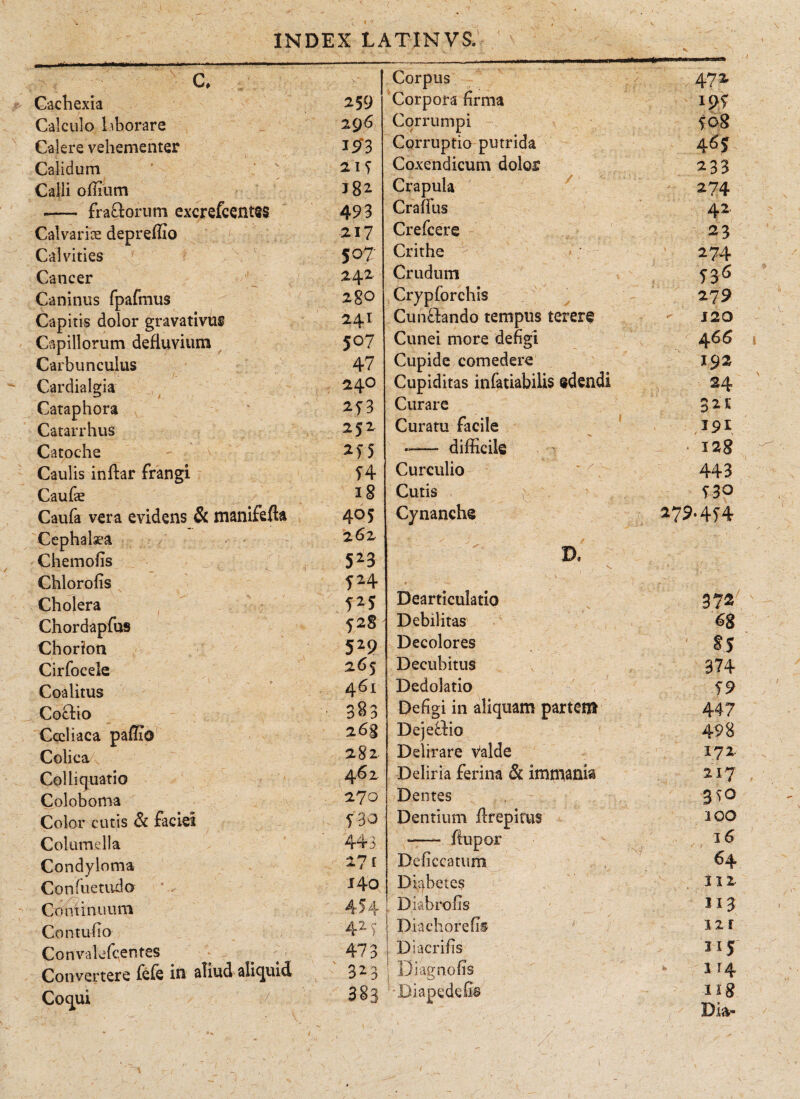 c. Corpus 472 Cachexia 259 Corpora firma 19^ Calculo liborare 296 Corrumpi fo8 Calere vehementer 193 Corruptio putrida 46s Calidum ’ ' 2IT Coxendicum dolor 233 Calli ofiium 182 Crapula / 274 - frafitorum excrefcentes 493 Craffus 42 Calvarice depreffio 217 Crefcere ·-: 1 23 Calvities v 507 Crithe 274 Cancer 242 Crudum 536 Caninus fpafmus zSo Crypforchis -’· ··' :- 279 Capitis dolor gravativus 241 Cunctando tempus terere 120 Capillorum defluvium 507 Cunei more defigi A 466 Carbunculus 47 Cupide comedere \ 19^ Cardialgia 240 Cupiditas infatiabilis edendi 24 Cataphora 213 Curare _ 1 Catarrhus 252 Curatu facile ; ■*· 191 Catoche 2f5 -- difficile > • 128 Caulis inftar frangi 94 Curculio * V 443 Caufae 18 Cutis  \ 930 Caufa vera evidens & manifefta 405 Cynanche 7, ,, .7 279.4H Cephalaea 262 • IV '/ - Chemofis 523 D# \ f' . « - \ Chlorofis 524 • ■; T ; f ■ - Cholera fzs Dearticulatio 372 Chordapfus 528 Debilitas 68 Chorion 529 Decolores ' s.s Cirfocele 265 Decubitus 374 Coalitus 461 Dedolatio j _ 99 Coctio Cccliaca paflio Colica Colli quatio Coloboma Color cutis & faciei Columella Condyloma Coniuetudo Continuum Contuiio Convaleic,entes Convertere feie in aliud aliquid Coqui 3$3 26g 282 461 270 V3o 443 27 f 140 454 42 3 473 323 383 Defigi in aliquam partem Dejettio Delirare Valde Deliria ferina & immania Dentes Dentium ilrepitus -- fiupor Deiiccatum Dkbeies Diabrofis 1 Diachorefe' ; Diacriiis ; Di agno fis LBiapedefi© 447 498 172. 217 Sso 100 16 64 3 12 113 1 2 f ΪΙ5 114 118 Dia-