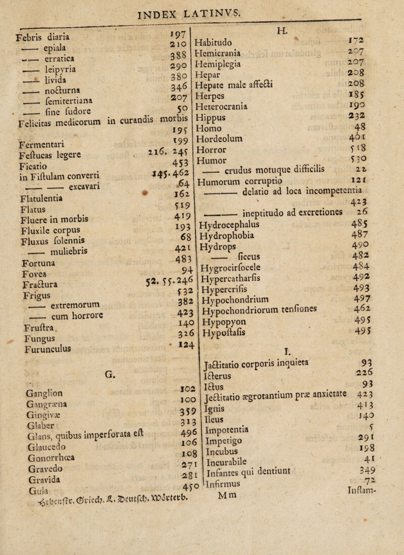 Febris diaria -- epiala erratica leipyria livida noclurna femitertiana ii ne fudore i 97 210 388 290 38o 346 207 50 H. Felicitas medicorum in curandis morbis 195 Fermentari Feftucas legere Ficatio in Fiftulam converti --excavari Flatulentia Flatus Fluere in morbis Fluxile corpus Fluxus folennis .- muliebris Fortuna Fovea Fratlura Frigus -—. extremorum -- cum horrore F ruilra Fungus Furunculus 216. *99 Mi 453 145.462 64 162 - i 19 4T9 193 68 421 483 94 Habitudo Hemicrania Hemiplegia Hepar Hepate male affefti Herpes Heterocrania Hippus Homo Hordeolum Horror Humor crudus motuque difficilis Humorum corruptio delatio ad loca incompetentia 423 ineptitudo ad excretiones 172 207 207 208 208 185 190 232 48 46 c 5 1$ 530 22 12 f Hydrocephalus Hydrophobia Hydrops - ficcus Hygrocirfocele 52. 55.246 Hypercathariis 532 Hypercriiis 382 423 140 326 124 G. Ganglion Gangraena Gingivae Glaber Glans, quibus imperforata eit Glaucedo Gonorrhoea Gravedo Gravida Gula 102 IOO 359 313 496 106 108 271 281 Hypochondrium Hypochondriorum tenfiones Hypopyon Hypoftafis I. Jaflitatio corporis inquieta Ifterus iElus # . jeflitatio eegrotantium prse anxietate Ignis Ileus Impotentia Impetigo Incubus Incurabile Infantes qui dentiunt 26 485 487 490 482 484 492 493 497 462 495 495 ■iytbcnif r» (Bvicd)* SDeutfÄ* XOotttvb* 450 »Infirmus Mm 93 r\ r% & 93 423 4T3 140 5 291 198 4 t 349 72 Inflam-