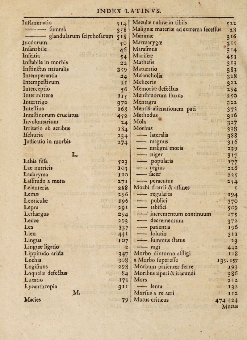 * . INDEX LAT IN VS. Inflammatio -_ fummä -glandularum fcirrhofarum Inodorum Infanabile Infcitia Inflabile in morbis Inftin&us naturalis Intemperantia Intempeftivum Interceptio Intermittere Intertrigo Inteflina Inteflinorum cruciatus Involuntarium Irritatio ab acribus Ifchuria Judicatio in morbis Labia fifTa Lac nutricis Lachryma Laflitudo a motxk Leienteria Lemae ■ t Lenticulae Lepra Lethargus Leuce Lex Lien Lingua Linguae ligatia Lippitudo arid® Lochia Logifmus Loquelae defectus Luxatio Lycanthropia Macies m 3T8 518 fo 46 54 22 359 24 21 56 372 168 4T2 24 184 234 274 f23 103 I 10 271 28 8 296 196 291 294 293 337 441 107 2 347 308 298 M. 171 311 79 Maculae rubrarin tibiis Malignae materiae ad extrema feceffus Mammae Marmarygae Marafmus Marifcae Mathefis Maturatio Melancholia Meliceris Memoriae defeftus Menflruorum fluxus Mentagra Mentis alienationem pati Methodus Mola Morbus -— lateralis - magnus -- maligni moris - niger —— popularis «—— regius —- fac er - peracutus Morbi fratrii Si affines - regulares - publici -- tabifici —— incrementum continuum —— decrementum - patientia -—- folutio —— fummus flatus vagi Morbo diuturno affligi a Morbo iupereffe Morbum patienter ferre Moribus aiperi & iracundi Mors - lenta Morfus a re acri Motus criticus ? 22 28 316 3l> 3 r4 453 3*3 383 318 322 294 240 322 373 316 32? 338 388 316 239 317 177 22 6 22f 2Ϊ4 5 194 370 5°9 J75 372 J9 6 311 23 44 2 118 139.157 193 386 212 132 I i 2 474. 424 Mutus