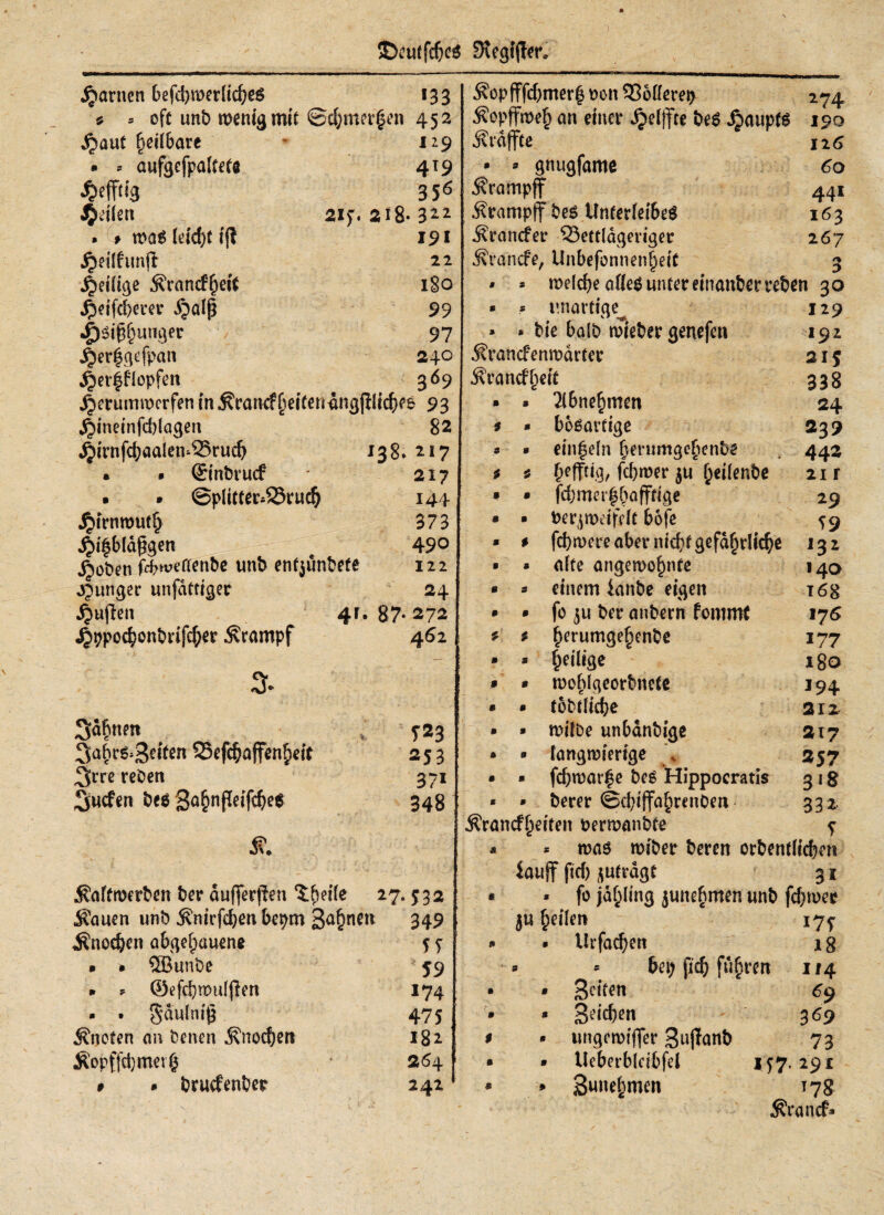 SDeutfci>e$ SRegtjier» Partien befd)wcr^e$ •33 Kcp fffd)merb Don 33ollerei; 274 * 5 oft unt) wenig mit @d;mer|en 452 Kopffweb an einer djeiftte be$ fiaupfS 19Q Spant bdlbare 129 Kläffte 12 6 • s aufgefpatoa 419 • · gnugfame 60 356 Krampf 441 Jollen 215·. 218· 312 .Krampf r be$ Unterleibes 163 • * was leid)t ifl I9I Krancfer ^Settlageriger 267 jjeilfunjl 22 Krancfe, Unbefontien^eii 3 ^eilige Krancfb6** ISO 9 s wefcpe alles unter einanber reben 30 ■ftdfcberer ijalß 99 B S unartige 129 ^)6i^um}er 97 * * bie halb wieber genefen ,92 ^rggefpan 240 Krancfenmdrter 215 ßeriflopfett 369 Krancfberi c 338 .fterumwerfen in KrancfbeiCendngjiifcbes 93 • s Tlbnefjmen 24 j^ineinfcbiqgeit 82 9 · bösartige 239 4>irnfd;aalem35ri^ •38.2·7 s 0 einzeln fjerumgebenbe 442 • · ©inbruef 217 9 9 OefTtig, fd)wer $u ^eiienöe 21 r . . @p!ttier*$8nicf> 144 9 · fdjmci'bbafftige 29 Jjirnwutb 373 • ■ bezweifelt bofe S9 4#f>läfjgm 490 • 9 febwere aber ηίφί gefährliche 132 ^oben febwetrenbe imb entjunbete 122 ■ s alte angewobnte 140 junger unjSttigec 24 e 3 einem knbe eigen T68 4r, 87* 272 ß ß fo 5« ber aubern fommC 17 6 4bP<Kbonbdftf;er Krampf 4^2 9 9 berumgebenbe 177 — m 3 ^eilige 180 3. 9 9 woblgeorbnefe •94 0 0 tobtlicbe 212 Säfmm y23 0 0 wilbe unbdnbige 217 3a£c&3eten 23ef($affenf>eit 253 0 0 langwierige \ 257 ^rre reben 3?I 0 0 febwarfe beS Hippocratis 318 Sucfen &<8 ga^nfleifc^ee 348 3 3 berer @d;i(fabrenben 33* Krancfljdien berwanbte 5 K* s s was wiber bereu orbeniftefcm fauff ftd) ^utrdgt 31 Kaftwerben ber aujferffen kirnte *7-532 c . fo iäiiling junofimen uni) fdnixe Kauen unb Knirfcben be^m 3<djnen 349 JU Beilen •75 Änoeben abgebauene 55 0 • ilrfacben 18 . » SEBunbe 59 ' 3 * bei; βφ fuhren 114 ► * ®efdjn>uifleit 174 0 » 3dten 69 • . Sdulnig 475 0 * Seiten 3^9 Knoten an beiten Κποφεϊΐ 1%1 9 ungeroiffer Buffant) 73 Kopffdjmerb 264 - 0 » Ueberbldbfel 15:7. 291 9 * bruefenber 241 * Bwnebmen *78 Kran cf»