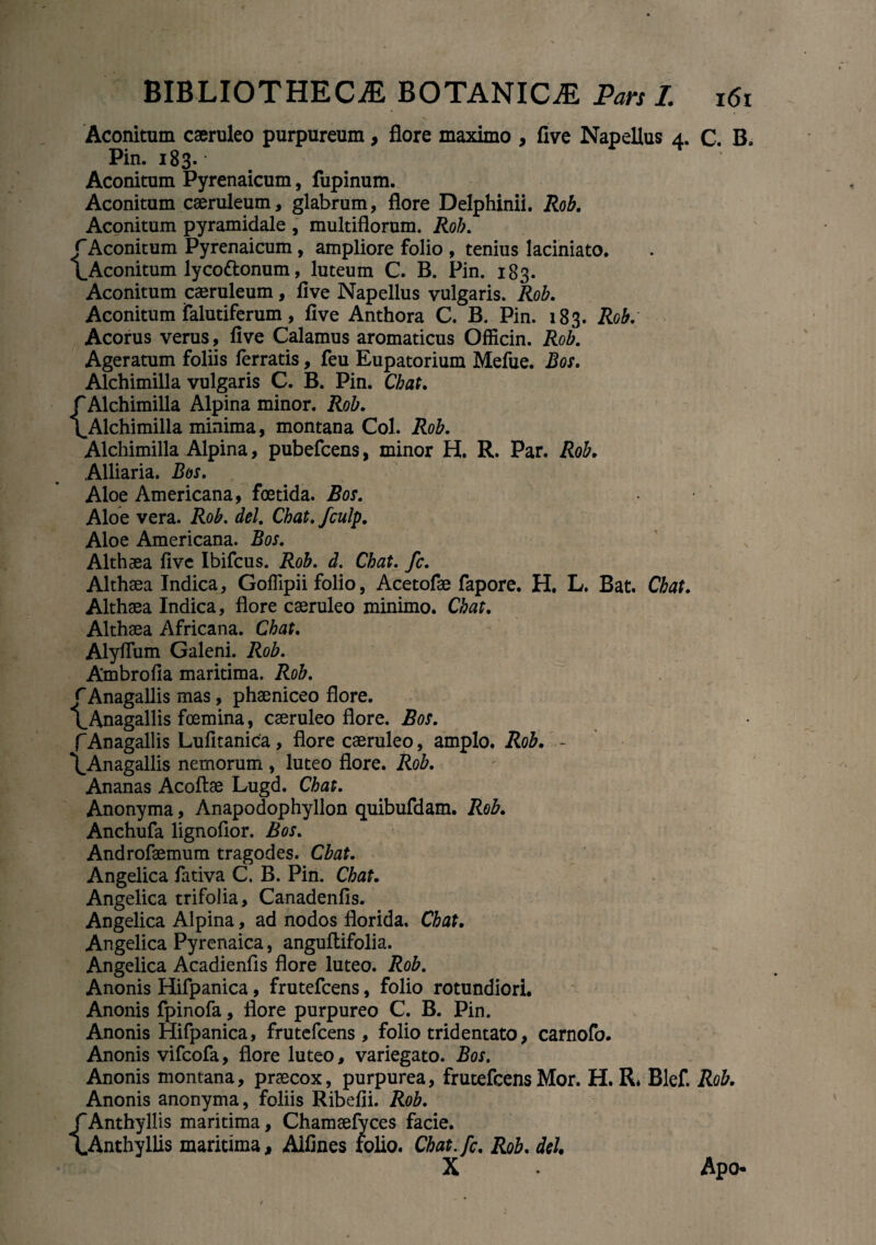 _ v Aconitum caeruleo purpureum, flore maximo , live Napellus 4. C. B. Pin. 183. • Aconitum Pyrenaicum, fupinum. Aconitum caeruleum, glabrum, flore Delphinii. Rob. Aconitum pyramidale , multiflorum. Rob. rAconitum Pyrenaicum, ampliore folio , tenius laciniato. \Aconitum lycottonum, luteum C. B. Pin. 183. Aconitum caeruleum, five Napellus vulgaris. Rob. Aconitum falutiferum, five Anthora C. B. Pin. 183. Rob. Acorus verus, five Calamus aromaticus Officin. Rob. Ageratum foliis ferratis, feu Eupatorium Mefue. Bos. Alchimilla vulgaris C. B. Pin. Chat. C Alchimilla Alpina minor. Rob. ^Alchimilla minima, montana Coi. Rob. Alchimilla Alpina, pubefcens, minor H. R. Par. Rob. Alliaria. Bos. Aloe Americana, foetida. Bos. Aloe vera. Rob. dei. Chat. fculp. Aloe Americana. Bos. Althaea five Ibifcus. Rob. d. Chat. fc. Althaea Indica, Goflipii folio, Acetofae fapore. H. L. Bat. Chat. Althaea Indica, flore caeruleo minimo. Chat. Althaea Africana. Chat. Alyflum Galeni. Rob. Ambrofia maritima. Rob. fiAnagallis mas, phaeniceo flore. \_Anagallis foemina, caeruleo flore. Bos. f Anagallis Lufitanica, flore caeruleo, amplo. Rob. - \Anagallis nemorum , luteo flore. Rob. Ananas Acoftae Lugd. Chat. Anonyma, Anapodophyllon quibufdam. Rob. Anchufa lignofior. Bos. Androfaemum tragodes. Chat. Angelica fativa C. B. Pin. Chat. Angelica trifolia, Canadenfis. Angelica Alpina, ad nodos florida. Chat. Angelica Pyrenaica, anguftifolia. Angelica Acadienfis flore luteo. Rob. Anonis Hifpanica, frutefeens, folio rotundiori. Anonis fpinofa, flore purpureo C. B. Pin. Anonis Hifpanica, frutefeens, folio tridentato, carnofo. Anonis vifeofa, flore luteo, variegato. Bos. Anonis montana, praecox, purpurea, frutefeensMor. H. R* Blef. Rob. Anonis anonyma, foliis Ribefii. Rob. fAnthyllis maritima, Chamaefyces facie. CAnthyllis maritima. Allines folio. Chat.fi. Rob. dei X Apo*