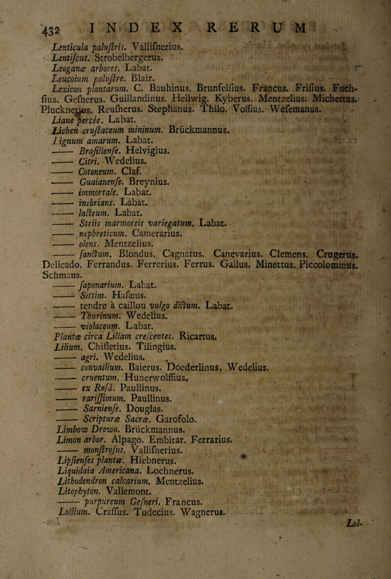 Lenticula paluflris. Vallifnerius. Lentifcus. Strobelbergerus. Leogana arbores. Labat. Leucoium palufire. Blair. Lexicon plantarum. C. Bauhinus. Brunfelfius. Francus. Frifius. Fuch- fms. Gefnerus. Guillandinus. Hellwig. Kyberus. Mentzelius. Michettus. Plucknejjiis. Reufnerus. Stephanus. Thilo. Voffius. Wefemanus. Liane percie. Labat. Lichen cruftaceum mininum. Bruckmannus. Lignum amarum. Labat. . — Brafilienfe. Helvigius. —— Citri. Wedelius. -• Cotoneum. Claf. -- Guaianenfe. Breynius. -- immortale. Labat. -- inebrians. Labat. -- latieum. Labat. -Striis marmoreis variegatum. Labat. - nephreticum. Camerarius. -- olens. Mentzelius. -- [antium. Biondus.. Cagnatus. Canevarius. Clemens. Crugerus. Delicado. Ferrandus. Ferrerius. Ferrus. Gallus. Minettus. Piccolominus. Schmaus. -faponarmm. Labata - Sittim. Hafseus. —-— tendre a caillou vulgo ditium. Labat. - Thurinum. Wedelius. - violaceum. Labat. Planta circa Lillam crefcentes. Ricartus. Lilium. Chifletius. Tilingius. ——• agri. Wedelius. „ —— convallium. Baierus. Doederlinus. Wedelius. -- cruentum. Hunerwolffius. -- ex Rofd. Paullinus. - rarijjimum. Paullinus. . -- Sarnienfe. Douglas. -- Scriptura Sacra. Garofolo. Limbow Drewo. Bruckmannus. Limon arbor. Alpago. Embitar. Ferrarius. - monfirofus. Vallifnerius. Lipjienfes planta. Hiebnerus. Liquidaia Americana. Lochnerus. Litbodendron calcarium. Mentzelius. Litopbyton. Vallemont. - purpureum Gefneri. Francus. Lollium. CrafFus. Tudecius. Wagnerus.
