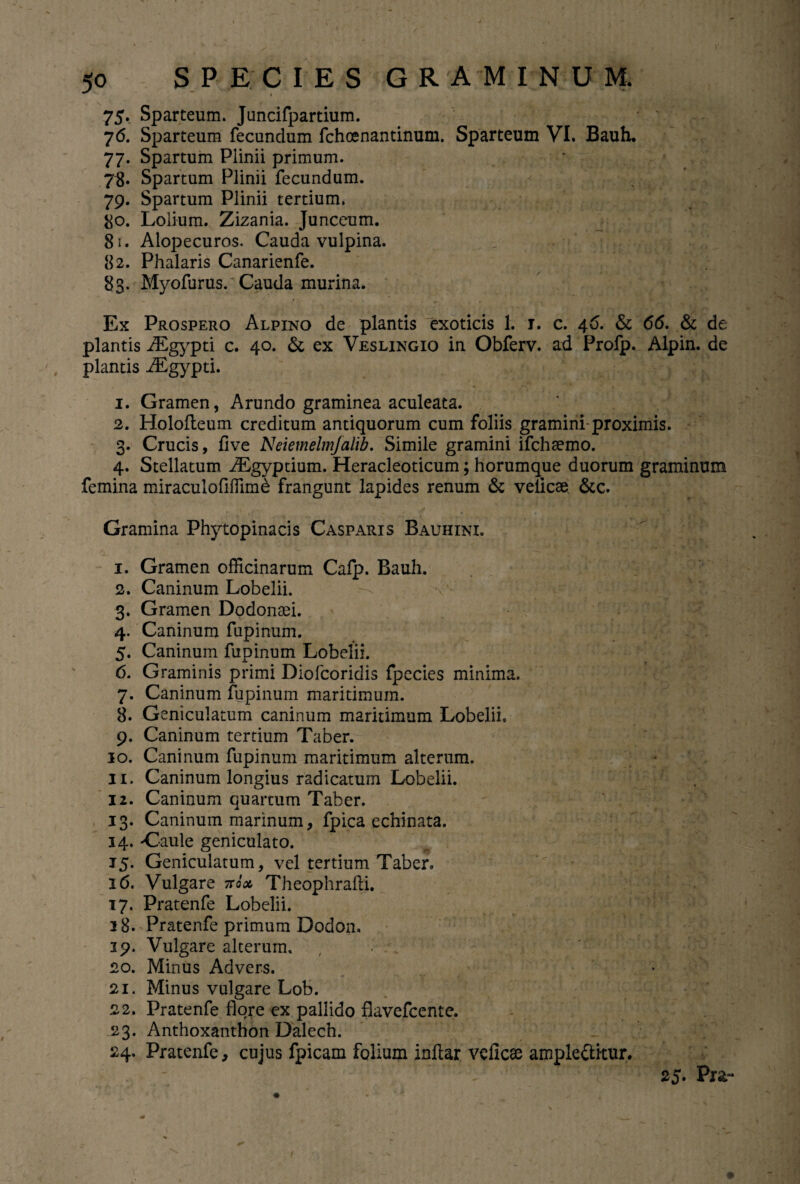 75. Sparteum. Juncifpartium. 76. Sparteum fecundum fchcenantinum. Sparteum VI. Bauh. 77. Spartum Plinii primum. 78. Spartum Plinii fecundum. 79. Spartum Plinii tertium. 80. Lolium. Zizania. Junceum. 81. Alopecuros. Cauda vulpina. 82. Phalaris Canarienfe. 83. Myofurus. Cauda murina. Ex Prospero Alpino de plantis exoticis 1. 1. c. 46. & 66. & de plantis iEgypti c. 40. & ex Veslingio in Obferv. ad Profp. Alpin. de plantis iEgypti. 1. Gramen, Arundo graminea aculeata. 2. Holofleum creditum antiquorum cum foliis gramini-proximis. 3. Crucis, five Neiemelmjalib. Simile gramini ifchaemo. 4. Stellatum iEgyptium. Heracleoticum; horumque duorum graminum femina miraculofiffim£ frangunt lapides renum & veiicae &c. Gramina Fhytopinacis Casparis Bauhini. 1. Gramen officinarum Cafp. Bauh. 2. Caninum Lobelii. 3. Gramen Dodonaei. 4. Caninum fupinum. 5. Caninum fupinum Lobelii. 6. Graminis primi Diofcoridis fpecies minima. 7. Caninum fupinum maritimum. 8. Geniculatum caninum maritimum Lobelii, 9. Caninum tertium Taber. 10. Caninum fupinum maritimum alterum. 11. Caninum longius radicatum Lobelii. 12. Caninum quartum Taber. 13. Caninum marinum, fpica echinata. 14. Gaule geniculato. 15. Geniculatum, vel tertium Taber. 16. Vulgare nox Theophrafti. 17. Pratenfe Lobelii. 18. Pratenfe primum Dodon. 19. Vulgare alterum. 20. Minus Advers. 21. Minus vulgare Lob. 22. Pratenfe flore ex pallido flavefcente. 23. Anthoxanthon Dalech. 24. Pratenfe, cujus fpicam folium inftar veficae ample&itur. • 'T 25» Pr&~