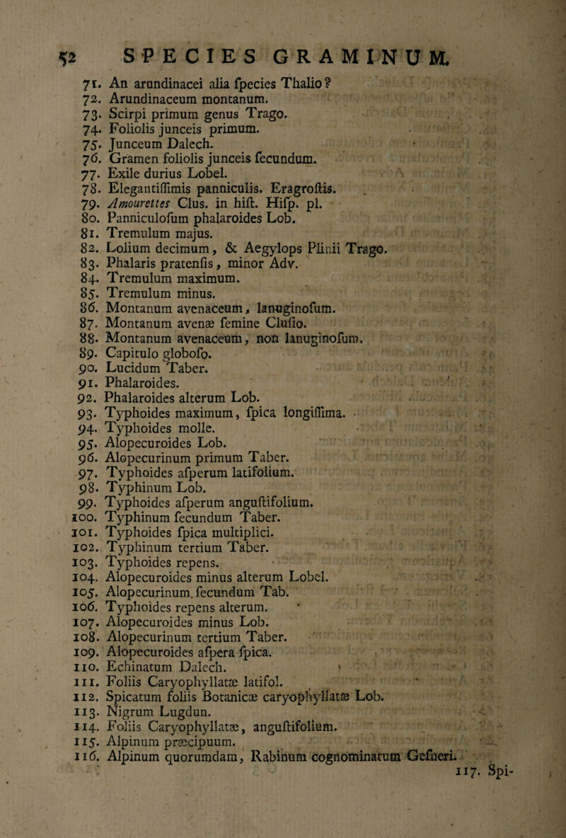 71. An arundinacei alia fpecies Thalio? 72. Arundinaceum montanum. 73. Scirpi primum genus Trago. 74. Foliolis junceis primum. 75. Junceum Dalech. 76. Gramen foliolis junceis fecundum. 77. Exile durius Lobel. \ 78. Elegantiffimis panniculis. Eragroftis. 79. Amourettes Cius, in hift. Hifp. pl. 80. Panniculofuin phalaroides Lob. 81. Tremulum majus. 82. Lolium decimum, & Aegylops Plinii Trago. 83. Phalaris pratenfis, minor Adv. 84. Tremulum maximum. 85. Tremulum minus. 8(5. Montanum avenaceum, lanuginofum. 87. Montanum avenae femine Clufio. 88* Montanum avenaceum, non lanuginofum. 89. Capitulo globofo. 90. Lucidum Taber. 91. Phalaroides. 92. Phalaroides alterum Lob. 93. Typhoides maximum, fpica longiflima. « 94. Typhoides molle. 95. Alopecuroides Lob. 96. Alopecurinum primum Taber. 97. Typhoides afperum latifolium. 98. Typhinum Lob. 99. Typhoides afperum anguftifolium. 100. Typhinum fecundum Taber. joi. Typhoides fpica multiplici. 102. Typhinum tertium Taber. 103. Typhoides repens. 104. Alopecuroides minus alterum Lobel. 105. Alopecurinum fecundum Tab. 106. Typhoides repens alterum. 107. Alopecuroides minus Lob. 108. Alopecurinum tertium Taber. 109. Alopecuroides afpera fpica. 110. Echinatum Dalech. » in. Foliis Caryophyllatae latifol. 112. Spicatum foliis Botanicce caryophyllatae Lob. 113. Nigrum Lugdun. 114. Foliis Caryophyllatae, anguftifolium. 115. Alpinum praecipuum. ii(5. Alpinum quorumdam, Rabinum cognominatum Gefneri. 1 i - 117. Spi
