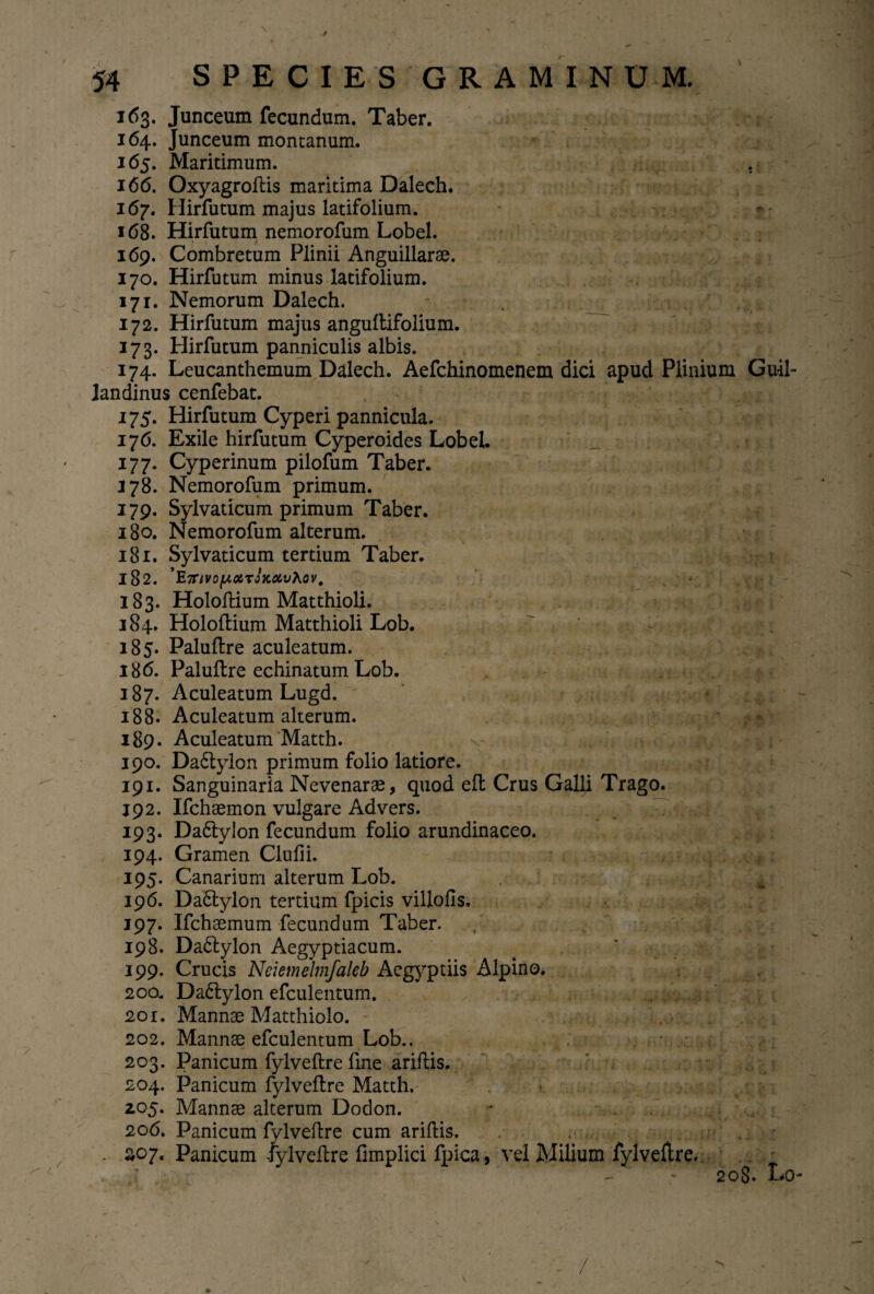 163. Junceum fecundum. Taber. 164. Junceum montanum. 165. Maritimum. . 166. Oxyagroftis maritima Dalech. 167. Hirfutum majus latifolium. 168. Hirfutum nemorofum Lobel. 169. Combretum Plinii Anguillarae. 170. Hirfutum minus latifolium. 171. Nemorum Dalech. 172. Hirfutum majus angullifolium. 173. Hirfutum panniculis albis. 174. Leucanthemum Dalech. Aefchinomenem dici apud Plinium Guil- landinus cenfebat. 175. Hirfutum Cyperi pannicula. 176. Exile hirfutum Cyperoides Lobel. 177. Cyperinum pilofum Taber. 178. Nemorofum primum. 179. Sylvaticum primum Taber. 180. Nemorofum alterum. 181. Sylvaticum tertium Taber. 182. ’E7T/VO|tttfTJfc04vA0l'. 183. Holoftium Matthioli. 184. Holoftium Matthioli Lob. 185. Paluftre aculeatum. 186. Paluftre echinatum Lob. 187. Aculeatum Lugd. 188. Aculeatum alterum. 189. Aculeatum Matth. 190. Da6lylon primum folio latiore. 191. Sanguinaria Nevenarae, quod eft Crus Galli Trago. 192. Ifchaemon vulgare Advers. 193. Da6lylon fecundum folio arundinaceo. 194. Gramen Clufii. 195. Canarium alterum Lob. 196. Da£tylon tertium fpicis villofis. 197. Ifchaemum fecundum Taber. 198. Da&ylon Aegyptiacum. 199. Crucis Neiemelmfakb Aegyptiis Alpino. 200. Da6tylon efculentum. 201. Mannae Matthiolo. 202. Mannae efculentum Lob.. 203. Panicum fylveftre fine ariftis. 204. Panicum fylveftre Matth. 205. Mannae alterum Dodon. 206. Panicum fylveftre cum ariftis. - 207. Panicum fylveftre fimplici fpica, vel Milium fylveftre, ; ' - 208. Lo- \ /