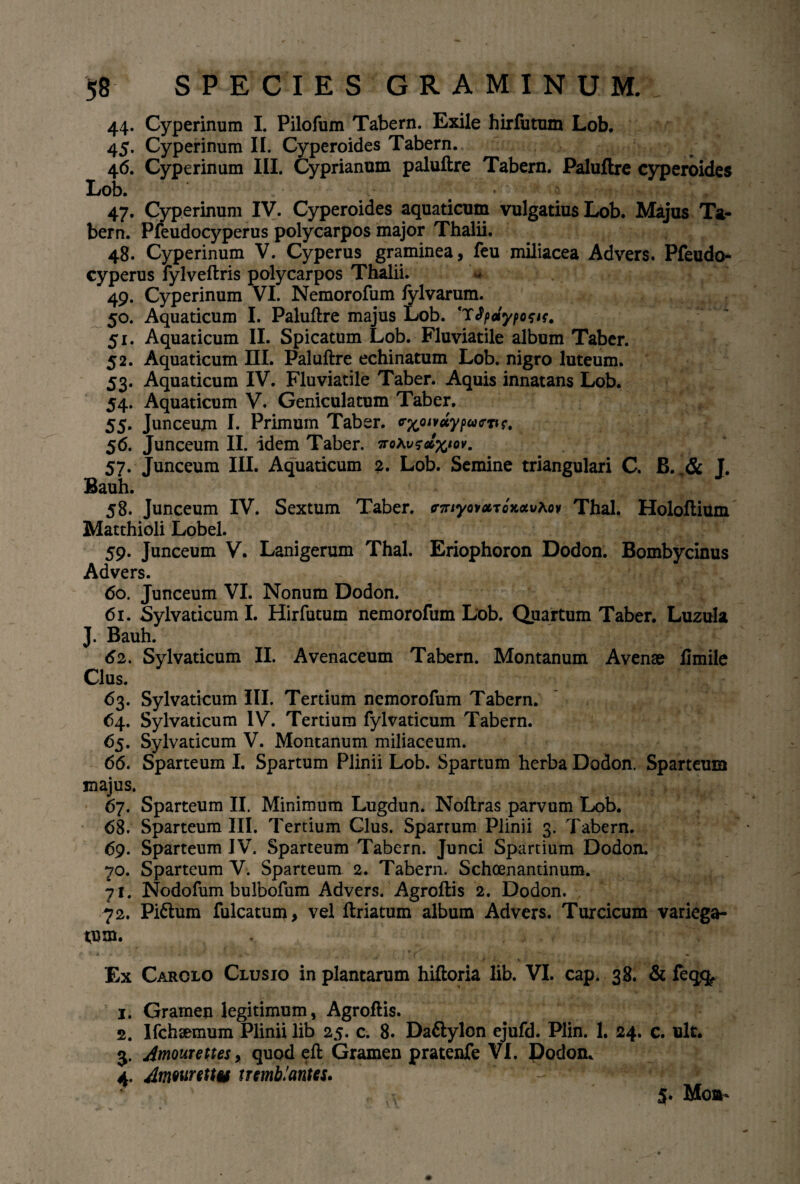 44. Cyperinum I. Pilofum Tabern. Exile hirfutum Lob. 45. Cyperinum II. Cyperoides Tabern. 46. Cyperinum III. Cyprianum paluftre Tabern. Paluftre cyperoides Lob. # '•* ■ 47. Cyperinum IV. Cyperoides aquaticum vulgatius Lob. Majus Ta¬ bern. Pfeudocyperus polycarpos major Thalii. 48. Cyperinum V. Cyperus graminea, feu miliacea Advers. Pfeudo¬ cyperus fylveftris polycarpos Thalii. * 49. Cyperinum VI. Nemorofum fylvarum. 50. Aquaticum I. Paluftre majus Lob. 'Tfpayposif. 51. Aquaticum II. Spicatum Lob. Fluviatile album Taber. 52. Aquaticum III. Paluftre echinatum Lob. nigro luteum. 53. Aquaticum IV. Fluviatile Taber. Aquis innatans Lob. 54. Aquaticum V. Geniculatum Taber. 55. Junceum I. Primum Taber. c^oimypuc-T»r. 56. Junceum II. idem Taber. irohvseix1*^ 57. Junceum III. Aquaticum 2. Lob. Semine triangulari C. B..& J. Bauh. 58. Junceum IV. Sextum Taber. ffTnyoveciUoLvKoi Thal. Holoftium Matthioli Lobel. 59. Junceum V. Lanigerum Thal. Eriophoron Dodon. Bombycinus Advers. 60. Junceum VI. Nonum Dodon. 61. Sylvaticum I. Hirfutum nemorofum Lob. Quartum Taber. Luzula J. Bauh. 62. Sylvaticum II. Avenaceum Tabern. Montanum Avenae limite Cius. 63. Sylvaticum III. Tertium nemorofum Tabern. 64. Sylvaticum IV. Tertium fylvaticum Tabern. 65. Sylvaticum V. Montanum miliaceum. 66. Sparteum I. Spartum Plinii Lob. Spartum herba Dodon. Sparteum majus. 67. Sparteum II. Minimum Lugdun. Noftras parvum Lob. 68. Sparteum III. Tertium Cius. Sparrum Plinii 3. Tabern. 69. Sparteum IV. Sparteum Tabern. Junci Spartium Dodon. 70. Sparteum V. Sparteum 2. Tabern. Schoenantinum. 71. Nodofum bulbofum Advers. Agroftis 2. Dodon. 72. Pi&urn fulcatum, vel ftriatum album Advers. Turcicum variega¬ tum. . Ex Carolo Clusio in plantarum hiftoria lib. VI. cap. 38. & feqq^ 1. Gramen legitimum, Agroftis. 2. Ifchaemum Plinii lib 25. c. 8. Daftylon ejufd. Plin. 1. 24. c. ult. g. Jmourettesy quod eft Gramen pratenfe VI. Dodon. 4. Amwrenv trmb.’antes. 5. Moa-