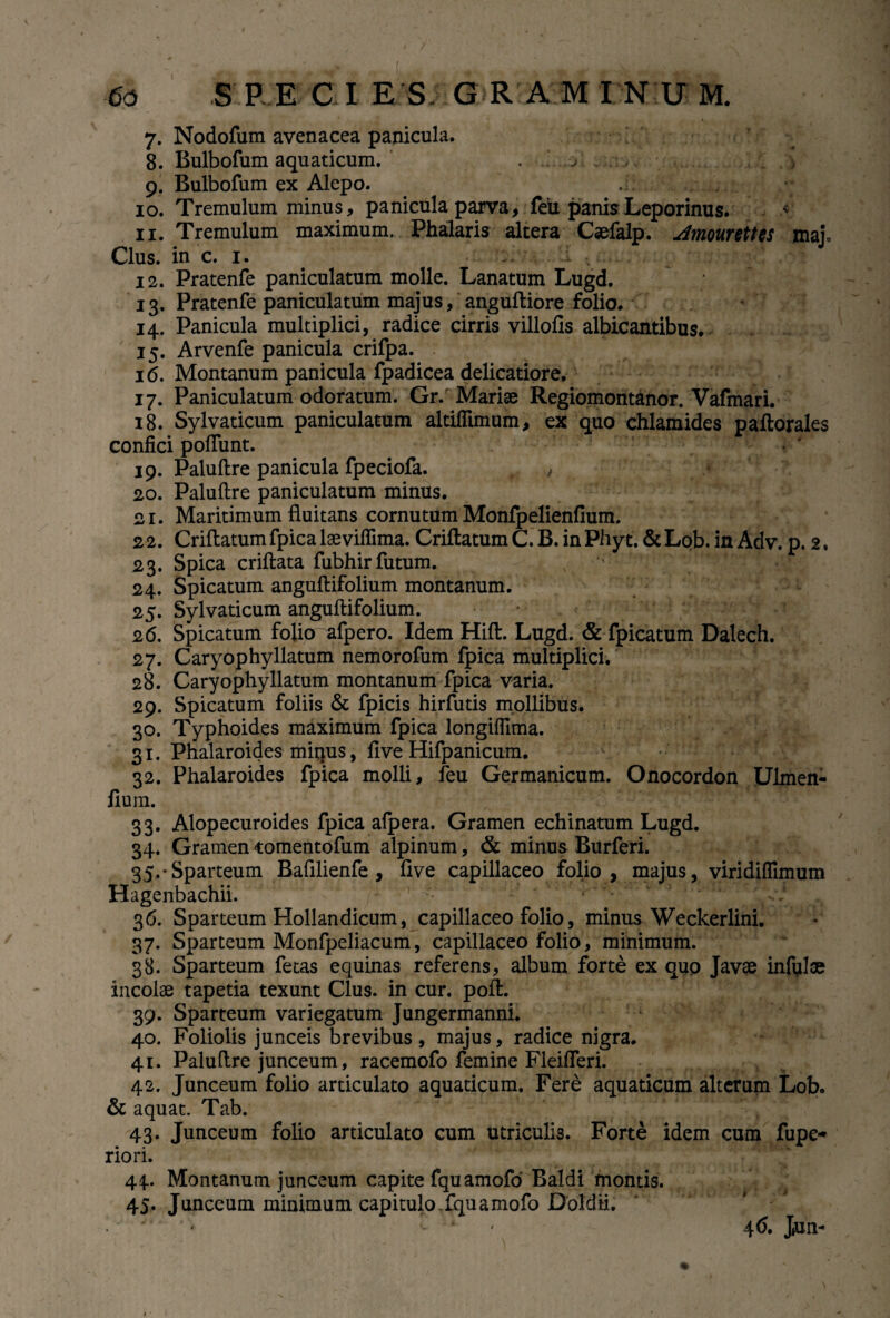7. Nodofum avenacea panicula. 8. Bulbofum aquaticum. . , 9. Bulbofum ex Alepo. . .i. 10. Tremulum minus, panicula parva, feu panis Leporinus. < 11. Tremulum maximum. Phalaris altera Caefalp. ufmourettes maj, Cius, in c. 1. -i • • ■ . 12. Pratenfe paniculatum molle. Lanatum Lugd. 13. Pratenfe paniculatum majus, anguftiore folio. 14. Panicula multiplici, radice cirris villofis albicantibus. 15. Arvenfe panicula crifpa. 16. Montanum panicula fpadicea delicatiore, 17. Paniculatum odoratum. Gr. Mariae Regiomontanor. Vafmari. 18. Sylvaticum paniculatum altiflimum, ex quo chlamides paftorales confici polfunt. 19. Paluftre panicula fpeciofa. , 20. Paluftre paniculatum minus. 21. Maritimum fluitans cornutum Monfpelienfium. 22. Criftatum fpica laeviflima. Criftatum C. B. in Phy t. & Lob. in Adv. p. 2, 23. Spica criftata fubhirfutum. 24. Spicatum anguftifolium montanum. 25. Sylvaticum anguftifolium. 26. Spicatum folio afpero. Idem Hift. Lugd. & fpicatum Dalech. 27. Caryophyllatum nemorofum fpica multiplici. 28. Caryophyllatum montanum fpica varia. 29. Spicatum foliis & fpicis hirfutis mollibus. 30. Typhoides maximum fpica longiffima. 31. Phalaroides miqus, ftve Hifpanicum. 32. Phalaroides fpica molli, feu Germanicum. Onocordon Ulmen- fium. 33. Alopecuroides fpica afpera. Gramen echinatum Lugd. 34. Gramen tomentofum alpinum, & minus Burferi. 35. -Sparteum Bafilienfe , five capillaceo folio, majus, viridiffimum Hagenbachii. 36. Sparteum Hollandicum, capillaceo folio, minus Weckerlini. 37. Sparteum Monfpeliacum, capillaceo folio, minimum. 38. Sparteum fetas equinas referens, album forte ex quo Javae infulae incolae tapetia texunt Cius, in cur. poft. 39. Sparteum variegatum Jungermanni. 40. Foliolis junceis brevibus, majus, radice nigra. 41. Paluftre junceum, racemofo femine Fleiflferi. 42. Junceum folio articulato aquaticum. Fere aquaticum alterum Lob. & aquat. Tab. 43. Junceum folio articulato cum utriculis. Forte idem cum fupe-» riori. 44.. Montanum junceum capite fquamofo Baldi montis. 45. Junceum minimum capitulo fquamofo Doldii. • '* - ' 4 6. Jun-