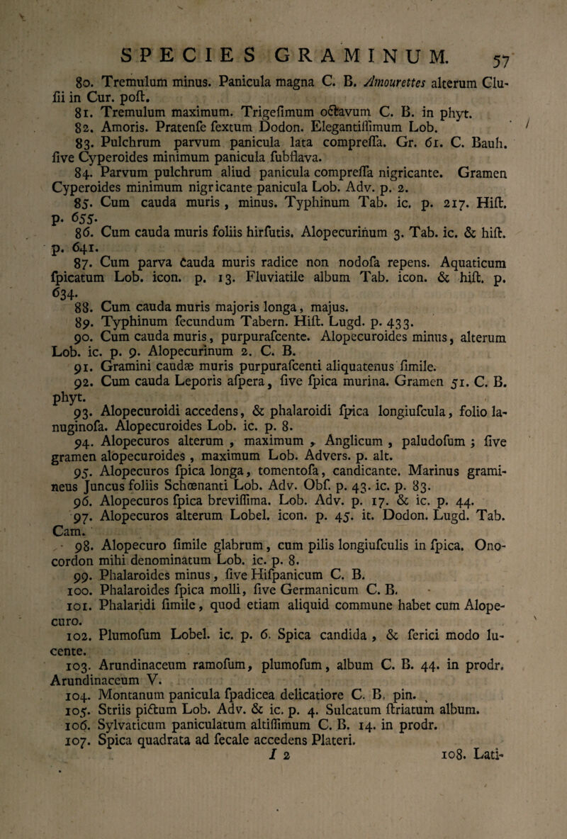 80. Tremulum minus. Panicula magna C. B. Amourettes alterum Clu- lii in Cur. poft. 81. Tremulum maximum. Trigefimum o6lavum C. B. in phyt. 82. Amoris. Pratenfe fextum Dodon. Elegantiliimum Lob. 83. Pulchrum parvum panicula lata comprefTa. Gr. 61. C. Bauh. live Cyperoides minimum panicula fubflava. 84. Parvum pulchrum aliud panicula comprefla nigricante. Gramen Cyperoides minimum nigricante panicula Lob. Adv. p. 2. 85. Cum cauda muris, minus. Typhinum Tab. ic. p. 217. Hift. p. 655. 86. Cum cauda muris foliis hirfutis. Alopecurinum 3. Tab. ic. & hift. p. 641. 87. Cum parva Cauda muris radice non nodofa repens. Aquaticum fpicatum Lob. icon. p. 13. Fluviatile album Tab. icon. & hift. p. 634- 88. Cum cauda muris majoris longa, majus. 89. Typhinum fecundum Tabern. Hift. Lugd. p. 433. 90. Cum cauda muris, purpurafcente. Alopecuroides minus, alterum Lob. ic. p. 9. Alopecurinum 2. C. B. 91. Gramini caudae muris purpurafcenti aliquatenus llmile. 92. Cum cauda Leporis afpera, five fpica murina. Gramen 51. C. B. phyt. 93. Alopecuroidi accedens, & phalaroidi fpica longiufcula, folio la- nuginofa. Alopecuroides Lob. ic. p. 8. 94. Alopecuros alterum , maximum Anglicum , paludofum ; live gramen alopecuroides , maximum Lob. Advers. p. ait. 95. Alopecuros fpica longa, tomentofa, candicante. Marinus grami¬ neus Juncus foliis Schoenanti Lob. Adv. Obf. p. 43. ic. p. 83. 96. Alopecuros fpica breviflima. Lob. Adv. p. 17. & ic. p. 44. 97. Alopecuros alterum Lobel. icon. p. 45. it. Dodon. Lugd. Tab. Cam. - 98. Alopecuro limile glabrum, cum pilis longiufculis in fpica. Ono- cordon mihi denominatum Lob. ic. p. 8. 99. Phalaroides minus, live Hifpanicum C. B. 100. Phalaroides fpica molli, five Germanicum C. B. 101. Phalaridi fimile, quod etiam aliquid commune habet cum Alope- curo. . > 102. Plumofum Lobel. ic. p. 6. Spica candida , & ferici modo lu¬ cente. 103. Arundinaceum ramofum, plumofum, album C. B. 44. in prodr. Arundinaceum V. 104. Montanum panicula fpadicea delicatiore C. B> pin. 105. Striis pi&um Lob. Adv. & ic. p. 4. Sulcatum flriatum album. 106. Sylvaticum paniculatum altifiimum C. B. 14. in prodr. 107. Spica quadrata ad fecale accedens Plateri. I 2 108. Lati-