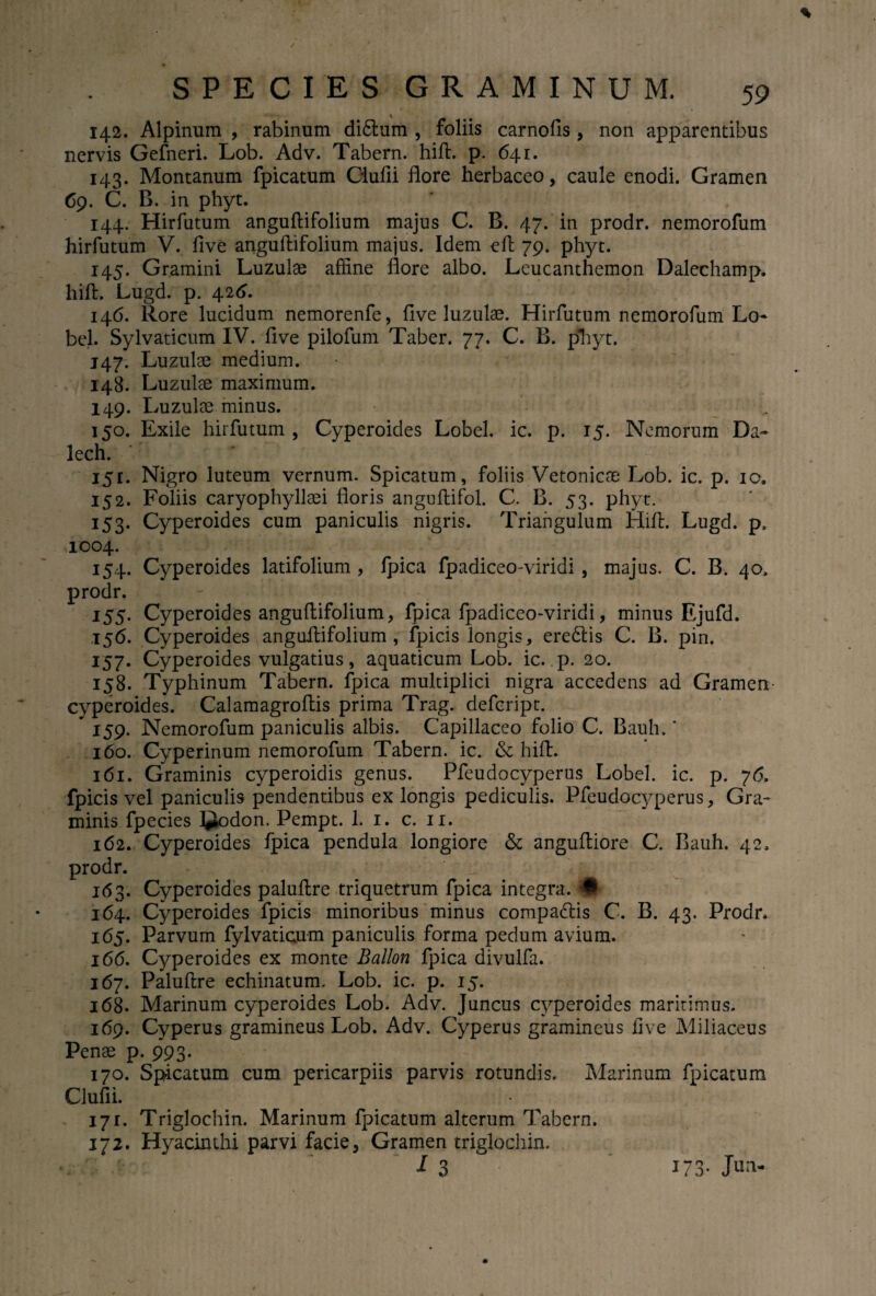 142. Alpinum , rabinum didlum , foliis carnolls , non apparentibus nervis Gefneri. Lob. Adv. Tabern. hift. p. 641. 143. Montanum fpicatum Clufii flore herbaceo, caule enodi. Gramen 69. C. B. in phyt. 144. Hirfatum anguftifolium majus C. B. 47. in prodr. nemorofum hirfutum V. five anguftifolium majus. Idem eft 79. phyt. 145. Gramini Luzulae affine flore albo. Leucanthemon Dalechamp, hift. Lugd. p. 426. 146. Rore lucidum nemorenfe, flve luzulae. Hirfutum nemorofum Lo¬ bel. Sylvaticum IV. five pilofum Taber. 77. C. B. phyt. 147. Luzulae medium. 148. Luzulae maximum. 149. Luzulae minus. „ 150. Exile hirfutum , Cyperoides Lobel. ic. p. 15. Nemorum Da- lech. 151. Nigro luteum vernum. Spicatum, foliis Vetonicae Lob. ic. p. 10. 152. Foliis caryophyllaei floris anguftifol. C. B. 53. phyt. 153. Cyperoides cum paniculis nigris. Triangulum Hift. Lugd. p, 1004. 154. Cyperoides latifolium , fpica fpadiceo-viridi, majus. C. B. 40. prodr. 155. Cyperoides anguflifolium, fpica fpadiceo-viridi, minus Ejufd. 156. Cyperoides anguflifolium, fpicis longis, eredis C. B. pin. 157. Cyperoides vulgatius, aquaticum Lob. ic. p. 20. 158. Typhinum Tabern. fpica multiplici nigra accedens ad Gramen cyperoides. Calamagroflis prima Trag. defeript. * 159. Nemorofum paniculis albis. Capillaceo folio C. Bauli.' 160. Cyperinum nemorofum Tabern. ic. & hift. 161. Graminis cyperoidis genus. Pfeudocyperus Lobel. ic. p. 76. fpicis vel paniculis pendentibus ex longis pediculis. Pfeudocyperus, Gra¬ minis fpecies ©odon. Pempt. 1. 1. c. 11. 162. Cyperoides fpica pendula longiore & angufliore C. Bauh. 42. prodr. 163. Cyperoides paluftre triquetrum fpica integra. # 164. Cyperoides fpicis minoribus minus compactis C. B. 43. Prodr. 165. Parvum fylvaticum paniculis forma pedum avium. 166. Cyperoides ex monte Ballon fpica divulfa. 167. Paluftre echinatum. Lob. ic. p. 15. 168. Marinum cyperoides Lob. Adv. Juncus cyperoides maritimus. 169. Cyperus gramineus Lob. Adv. Cyperus gramineus live Miliaceus Penae p. 993. 170. Spicatum cum pericarpiis parvis rotundis. Marinum fpicatum Clufii. 17 r. Triglochin. Marinum fpicatum alterum Tabern, 172. Hyacinthi parvi facie, Gramen triglochin. I 3 173. Jun-