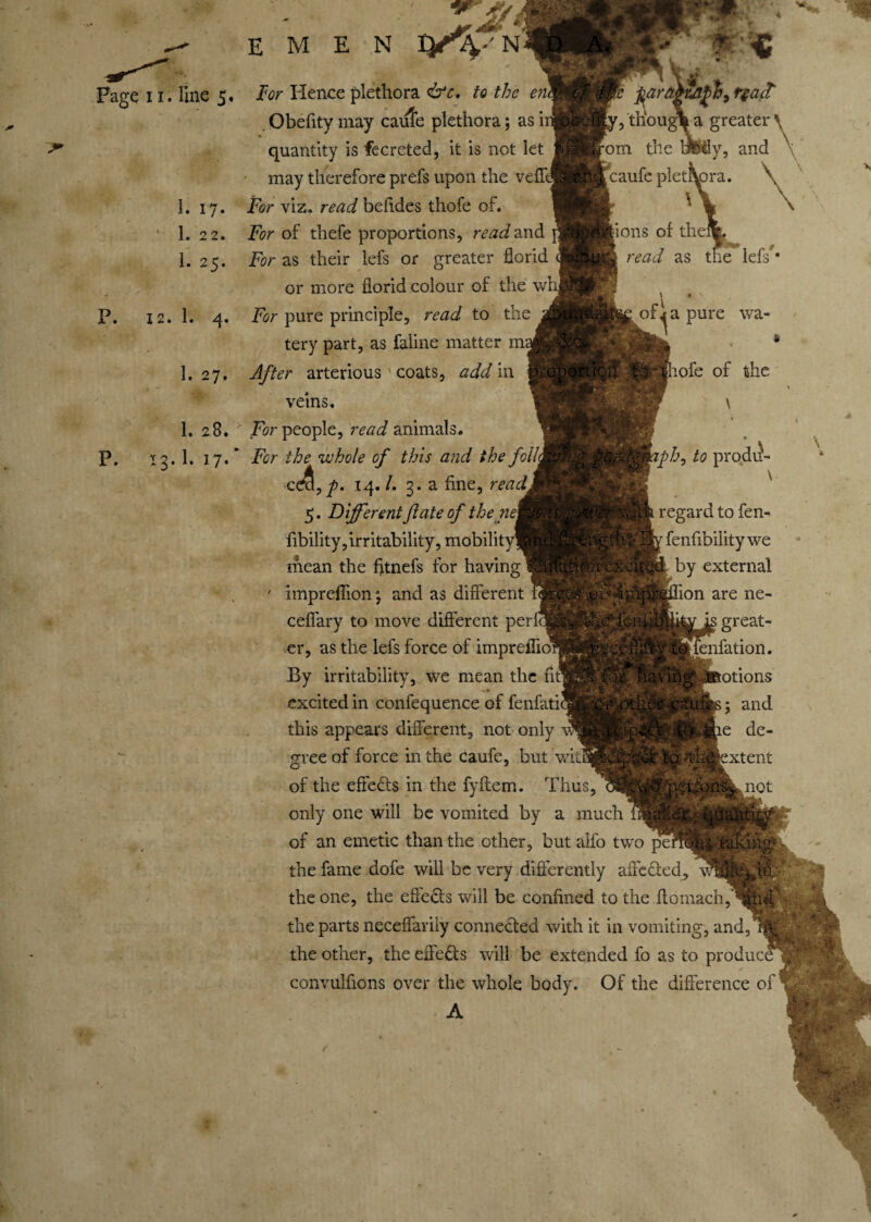 1. 17* ' 1. 22. 1. 25« P. 12. 1. 4. 1. 27, 1. 28. P. 13.1. 17* Page 11. line 5, For Hence plethora &c. to the en . Obefity may caufe plethora; as ir quantity is fecreted, it is not let may therefore prefs upon the For viz. read befides thofe of. For of thefe proportions, read and |1 For as their lefs or greater florid J or more florid colour of the wh^m For pure principle, read to the jl tery part, as faline matter maj After arterious coats, add in veins. For people, read animals. For the whole of this a?id the foil^ cdS,y>. 14. /. 3. a fine, read* 5. Different fate of thene, Ability, irritability, mobility mean the fttnefs for having ' impreffion*, and as different f ceffary to move different per er, as the lefs force of imprelTi By irritability, we mean the excited in confequence of fenfati this appears different, not only gree of force in the caufe, but wi of the effedts in the fyftem. Thus only one will be vomited by a much imallc of an emetic than the other, butaifo two pen^M taking the fame dofe will be very differently aifedted, the one, the effedts will be confined to the flomach,'^hd the parts neceffariiy connected with it in vomiting, and, ifcp r the other, the effects will be extended fo as to produce convulfions over the whole body. Of the difference of * fcara^rjtgri, r$act y, thoug\ a greater \ )m the willy, and caufe plet\ora. \ \ veffd ions of thefm, \ read as the lefs** ofi a pure wa :ph, to produ- regard to fen- Tenfibility we I by external feflion are ne- great- l toi fenfation. vihg' motions fif ; and not \