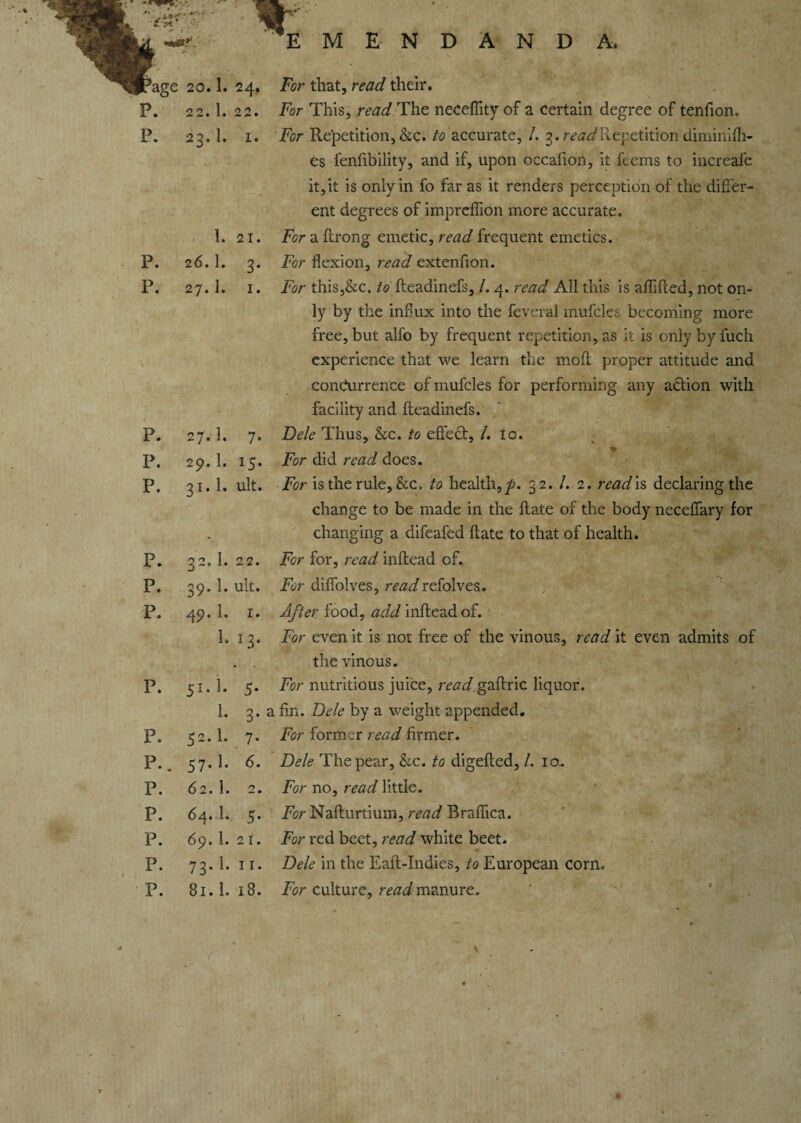 tu (U p. p. 1. 21. 26. 1. 3. 27.I. I. EMENDAND A* For that, read their. For This, read The neceflity of a certain degree of tendon. For Repetition, &c. to accurate, /. 3. read Repetition diminifh- es fenfibility, and if, upon occafion, it feems to increafe it,it is only in fo far as it renders perception of the differ¬ ent degrees of impreflion more accurate. For a ftrong emetic, read frequent emetics. For flexion, read extenfion. For this,&c. to fteadinefs, /. 4. read All this is aflifled, not on¬ ly by the influx into the feveral mufcles becoming more free, but alfo by frequent repetition, as it is only by fuch experience that we learn the moft proper attitude and concurrence of mufcles for performing any action with facility and fteadinefs. p. 27.1. 7. Dele Thus, he. to efiedt, /. 10. p. 29.1. 15. For did read does. p. 31.I. ult. For is the rule, &c, to health, y>. 32. /. 2. read is declaring the change to be made in the ftate of the body neceffary for - changing a difeafed ftate to that of health. p. 32. I. 22. For for, read inftead of. p. 39. 1. ult. For diffolves, read refolves. p. 49.I. I. After food, add inftead of. I. 13. For even it is not free of the vinous, read it even admits of , , the vinous. p. 51* 1* 5* For nutritious juice, read gaftric liquor. ]. 3. a fin. Dele by a weight appended. p. 52.I. 7. For former read firmer. p.. 57.I. 6. Dele The pear, he. to digefted, /. 10. p. 62. 1. 2. For no, read little. p. 64* h 5* For Nafturtium, read Braflica. p. 69.1. 21. For red beet, read white beet. p. 73.1. 11. Dele in the Eaft-Indies, to European corn.