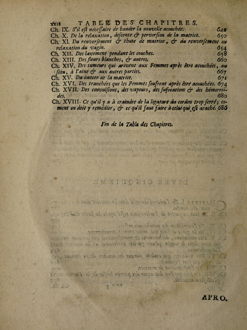 T A B D E G H A P TT R E S. Ch. IX. S^d eji nécejjaire de bander U mmelle acouchée. Ch. X. De la relaxation y âefcente & perverfim de la matrice, 650 Ch. Xî. Dti renverjement & chute de matrice f. & du renverfemcnt ou relaxation du ^agin, 6^4 Ch. Xir. Des lavemem pendant les couches. 658 Ch. XIII. Des fleurs blanches y & autres^ 660 Ch. XIV. Des tumeurs qui arivCnt aux Femmes après être acoüchées y au feiny k Vaine & aux autres parties, . 66j Ch. XV. Du cancer de la matrice, ôji Ch. XVI. Des tranchées que les Femmes foufrent après être acoüchées, 674 Ch. XVII. Des convulfions y des vapeurs y des fufocations dr des hémorroü des, ‘ ' ' 680 Ch. XVHI- Ce qu'il y a à craindre de la ligature du cordon trop-ferré'y co* ment on deit y remédier y & ce qu il faut faire à celui qmjfi araché.6i$ Fin de la Table des Chapitres, / apko.