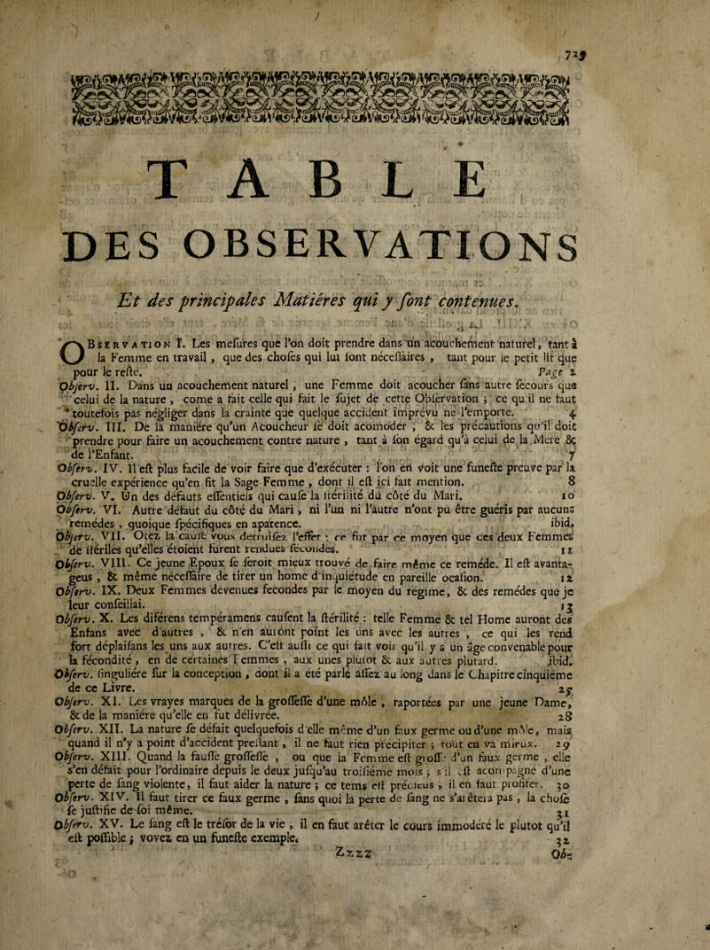 J 1^9 jm TABLE « DES OBSERVATIONS Kt des principales Matières qui y font contenues. U\ Observation T. Les mefures que l’on doit prendre dans'on acouchement naturel, tanta la Femme en travail, que des chofes qui lui lont néceflàires , tant pour le petit lit que pour le rel^e. Page z Objerv. 11. Dans un acouchement naturel , une Femme doit acoucher lans autre fecours que celui de la nature , corne a tait celle qui fait le fujet de cette Oblèrvation j ce qu il ne tant ^ toutefois pas négliger dans la crainte que quelque accident imprévu ne l’emporte. 4, 'Obfefv. ni. De là manière qu’un Acoucheur le doit aebmoder , & les précautions qu1I doit ■prendre pour faire un acouchement contre nature , tant,à ion égard qu’à celui de la .Mere 8c de l’Enfantv ^ . T Obferv. IV. Il eft plus facile de voir faire que d’exécuter : l’on en voit une funefte preuve par la cruelle expérience qu’en fit la Sage Femme , dont il eft ici fait mention. 8 Obferv. V* Un des défauts eflèntieis qui cauic la itériiité dû côté du Mari. 10 Obfirv. VI. Autre défaut du côté du Mari > ni l’un ni l’autre n’ont pu être guéris par aucuns remèdes , quoique fpécifiques en aparencc. ibid, objerv. VII. Otez la cauÆ vous decruilèT. l’eflèr ce fut par ce moyen que ces deux Femmes ‘ de itériles qu’elles étoient furent rendues fécondes. i s Obferu. Vlll. Ce jeune Epoux fe feroit mieux trouvé de.faire même ce remède. Il eft avanta- geus , 8c même néceflàire de tirer un home d'inquiétude en pareille ocafion. , iz Obferv. IX. Deux Femmes devenues fécondés par le moyen du régime, 8c des remèdes quq je leur conièiilai. Obferv. X. Les diférens tempéramens caufent la ftérilité : telle Femme 8c tel Home auront des Enfans avec d aiitres , 8c nen auiont point les uns avec les autres , ce qui les rend fort déplaifans les uns aux autres. C’elt aufli ce qui fait voir qu’il y a un âge convenable pour la fécondité , en de certaines femmes , aux unes plutôt ôc aux autres plutard. ibid. Obferv. linguliére fur la conception , dont il a été parlé alfez au long dans le Chapitre cinquième de ce Livre, Obferv. XL Les vrayes marques de la groflêflê d’une môle , raportées par une jeune Dame, 8c de la manière qu’elle en fut délivrée. 28 Obferv. XII. La nature le défait quelquefois d'elle même d’un faux germe ou d’une môle, mais quand il n’y a point d’accident preilant, il ne faut rien précipiter ; tout en va mieux. 2^ Obferv. XIII. Quand la faufle groflêflê , ou que la Femme eft gioff - d’un faux germe , elle s’en défait pour l’ordinaire depuis le deux jufqu’au troifiéme mois j s il .ft acoropagné d’une perte de fang violente, il faut aider la nature î ce tems eft précicus , il en faut proliter. 50 obferv. XIV. Il faut tirer ce faux germe , fans quoi la perte de fang ne s’arêteia pas , la choie fe juft’fic deToi même. Obferv. XV. Le fang eft le trclbr de la vie , il en faut arêter le cours immodéré le plutôt qu’il eft poflible i vovei en un funefte exemple. ^2 ZzzT! Obri