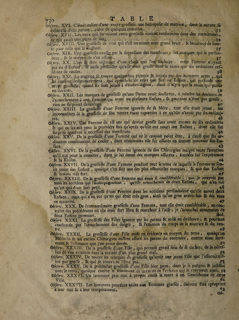 750 Ohferv. XVI. Cétoit aulieii d’une vraye groflèflè une hidropilie de matrice ; dont ia nature débaraflà d’elle même , aidee de quelques remèdes. ^ ^ • 3^ Obferv. XVif. Les eaux qui formoient cette grolièflè étoknt renfermées dans des membranes, ce qui eauià une perte de fang ^ , 34, OhUrv. XVIII. Une grofTefTe de vmt qui s’eft terminée avec grand bruit , 8c beaucoup de hon¬ te pour celle qui la fbuj-roir. 35- obferv. XIX. Une groiîèüè cauréa^Jar h fuprelïipn des menftrues i les marques qui le perfua- dent , 8c le moyen de s’en alTurcr. ^ 37 obferv. XX, L’on ih flare aiiëraent d’une choie que Ton fbuhaife ; cette Femme n’ayant pas eu d’Enfant, le'laiffa perfuader qu’elle èroit groITcr-dans le tems que Tes ordinaires cef^ lèrent de couler. , . , 3^ Ob/erv. XXI. La m,âtrice fe trouve jquejqüefois picotée 8c irrjtée par des humeurs acres . qui lui cauiènt desumouvemens , qui aprochent de ceux que fait un Edfant, qui perfuade une vraye grorieffe, quand ils font joint^ à d’autres lignes , dont il n’y a que la main qui puilïc en décider, . v • . , Obferv. XXII. Les marques de grolTelTe qu’une Dame avoit foufertes, a joindre les douleurs de i’acouchement à unç,.Femme qui avoit .eu plufieurs Enlans , & pourtant nlêtré pas grolTe , rien ne furprend daVahfage. ^ ^ ^ 40 Obferv. XXIII. La groflèlTe d’une Femme ignorée de fa Mère , tant elle étort jeune , les incomoditez 8c la gro/ïèfîe de Ibn ventre étant raportées à ce qu’elle n’avoit pas lès ordinai* res. 4^ Obferv. XXIV. Une Femme de 18 ans qui devint groflè làns avoir encore eu lès ordinaires 8c qui ne les eut pour la première fois qu’après qu’elle eut nouri lôn Enfant , dont elle fut furprilè ignorant la néceffité des menftrues. , 4^ Obferv. XXV. De la groflèlTe d’une Femme qui ne le croyoit point être, à caulè que lès or¬ dinaires continuoient de couler , dont néanmoins elle fut alTurée en lèntant mouvoir lon Eur fant. Obferv. XXVIII. De la groflèlTe d’une Fepirne qui ctoit fi fonfidémKIe , que tous les accidens qui Tacompagnoient , qu'elle aCoucheroic de deux Enfans, Obferv. XXVI. De la groflèfle d’une Femme ignorée de Ibn Chirurgien malgré toute Tatention qu’il eut pour la conaitre , dont je lui donai des marques alTurées , tond& fur l’expérieacç 8c la Raifon. . ^ 44 Qbfer't^. XX VIT. De la groflèfle d’une Femme pendant tout le tems de laquelle la Femme ne fen- tit point Ton Enfant , quoique c’en Ibit une des plus effentiellcs marques , 8c que fon Enfant fc trouva très fort. ; , ^ ^ 4jr je erbyoïs pai^ qui n’en eut qu’un qui étoit fort petit. r j Obferv. XXIX. De la ^oflefle d’une Femme dont les accidens perfuadoient qu’elje auroit deux Enfans , mais qui n’en eut qu’un qui ctoit très gros , ainfî qu’un gros aricre-fais 8c des eaus en quantité. r, / . 1 / 11 Obferv. XXX. De l’extraordinaire groflèfle d’une Femme, tant elle etoit confiderable , aucon^ traire des précédentes où elle étoit fort libre 8c marchoit à l’aile i je i’acquebai néanmoins de deux Enfans geraeaux. ^ ibid.. Obferv XXXI. La groflTeflTe des Filles ignorée par les parens 8c mile en evidence-; 8c pourtant ' confirmée par Tatouchement des doigts , ôc l’examen du corps de la matrice 8c du ven¬ tre. 49 obferv. XXXII. La groflèlTe d’une Fille mife en évidente au moyen du tems , quoimi’un Médecin 8c un ancien Chirurgien euflènt alluré les parens du contraire , contre mon lenti- ment 8c Taïïurance que j’en avois donée., - - ^ f® Obferv. XXXlll. De la groflèflfe d’une , FiHe , qui prenoit grand foin de fe cacher i de la necef- lité de s’en éclaircir dans la crainte d’un plus grarrd mal. ^ ^ obferv. XXXIV. De toutes les marques de grofleflè qu’avoit une jeune Fille que j’aflurojsne- tre pas groflè , 8c qui Te trouva ne'l’être pas. ^ Obferv. XXXV. De la prétendue grofîèilè d’une Fille bien gaye, dont je la purgeai 8c juftifiai avec le tems, quoique contre le lèntiment de quantité de Perfores quj le croypient ainfl. y4 Obferv. XXXVI. Un lavement pris mai à. propos cauû la mort à un Gentilhome de ccm Ville.^ ■ 62. Obferv. XXXVIT. Les lavemens pourêtre utiles auK femmes groflès, doivent être apropfieg à leur état ôc à leur tempérament,