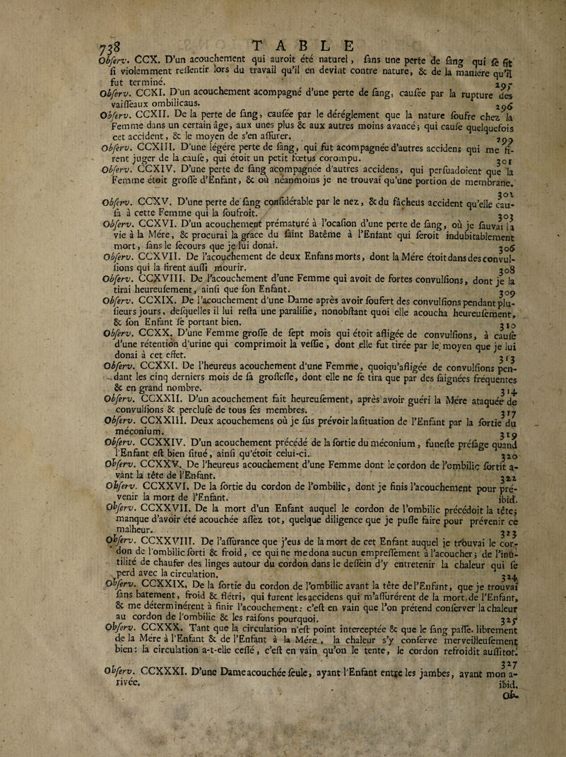 obferv. CCX. D’un acouchement <jui auroit été naturel, fans une perte de iàng qui fè frt Il violemment relîentir lors du travail qu’il en devint contre nature, 6c de la manière qu’il fut terminé. ‘ ^ 297 Obferv. CCXI. D’un acouchement acompagné d’une perte de fangj caufée par la rupture des^ vailTeaux ombilicaus. ^ ^ ^ Ob/erv. CCXII. De la perte de fàng, caufée par le déréglement que la nature Ibufre chez k Femme dans un certain âge, aux unes plus 6c aux autres moins avancé j qui cauiè auelauefni<î cet accident, 8c le moyen de s’en afiurer. ^ Obferv. CCXIII. D’une légère perte de fang , qui fut acompagnée d’autres accidens qui me fi¬ rent juger de la caufè, qui étoit un petit fœtus corompu. Obferv. CCXIV. D’une perte de ûng acompagnée d’autres accidens, qui perfuadoient que la Femme étoit groflè d’Enfant, 6c où néanmoins je ne trouvai qu’une portion de membrane, Obferv. CCXV. D’une perte de'Iàng confidérable par le nez, 8cdu fâcheüs accident qu’elle cau- la à cette Femme qui la fbufroit. îq, obferv. CCXVI. D’un acouchement prématuré à l’ocafion d’une perte de làng, où je làuvai la vie à la Mère, 6c procurai la grâce du fàint Batême à l’Enfant qui feroit indubitablement mort, fans le fècours que je lui donai. Obferv. CCXVII. De l’acouchement de deux Enfans morts, dont la Mère étoit dans des convul- lions qui la firent aufii mourir. gog Obferv. CCXVIII. De l’acouchement d’une Femme qui avoit de fortes convulfions, dont je la tirai heureufemenc, ainfi que Ion Enfant. gç^ Obferv. CCXIX. De l’acouchement d’une Dame après avoir foufert des convulfions pendant plu- lieurs jours, defquelles il lui refta uneparalifîe, nonobftant quoi elle acoucha heureufement, 6c fbn Enfant fc portant bien. g Obferv. CCXX. D’une Femme groflè de fèpt mois qui étoit afligée de convulfions, à caufè d’une rétention d’urine qui comprimoit la vefllàe , dont elle fut tirée par le; moyen que je lui donai à cet effet. g, g Obferv. CCXXL. De l’heureus acouchement d’une Femme, quoiqu’afligée de convulfions pen- -^dant les cinq derniers mois de fà grofiefie, dont elle ne fè tira que par des faignées fréquentes 6c en grand nombre. g,^ obferv. CCXXII. D’un acouchement fait heureufèmcnt, après'avoir guéri la Mère ataquéede convulfions 8c perdu fè de tous fès membres., gj^ Obferv. CCXXIII. Deux acouchemens où je fus prévoir lafituation de l’Enfant par la fbrtie du méconium. gip Obferv. CCXXIV. D’un acouchement précédé de la fbrtie du méconium, funeffe prélage quand l’Enfant eft bien fitué, ainfi qu’étoit celui-ci. g 20 Ohferv. CCXXV, De l’heureus acouchement d’une Femme dont le cordon de l’ombilic fbrtit a- vant la tête de l’Enfant. g ohferv. CCXXVI. De la fortie du cordon de l’ombilic, dont je finis l’acouchement pour pré¬ venir la mort de l’Enfant. ohferv. CCXXVII. De la mort d’un Enfant auquel le cordon de l’ombilic précédoit la tête; manque d’avoir été acouchée afièz tôt, quelque diligence que je pufie faire pour prévenir ce malheur. ■ g^g ohferv. CCXXVIÏT. De l’afitirance que j’eus de la mort de cet Enfant auquel je trbuvai le cor- l’ombilic fbrti 6c froid, ce qui ne medona aucun emprefièment àTacoucherj de l’inû- tilite de chaufer des linges autour du cordon dans le deflèin d’y entretenir la chaleur qui fe perd avec la circulation. gi^ phferv. CCXXIX, De la fbrtie du cordon de l’ombilic avant la tête de l’Enfant, que je trouvai fans batement, froid 6c flétri, qui furent les accidens qui m’aflùrérent de la mort; de l’Enfant, 6c me déterminèrent à finir l’acouchenient; c’eft en vain que l’on prétend confèrver la chaleur au cordon de l’ombilic 6c les raifons pourquoi. ohferv. CCXXX. Tant que la circulation n’efl: point interceptée 8c que le fang paffe. librement de la Mère à l’Enfant 8c de l’Enfant à la Mère , la chaleur s’y conferve merveil'leufèmenç bien: k circulation a-t-elle cefTé, c’eft en vain qu’on le tente, le cordon refroidit auflitorC Ohferv. CCXXXI. D’une Dameacouchéefeule, ayant l’Enfant entjeles jambes, avant mon a- rivée. jbia.