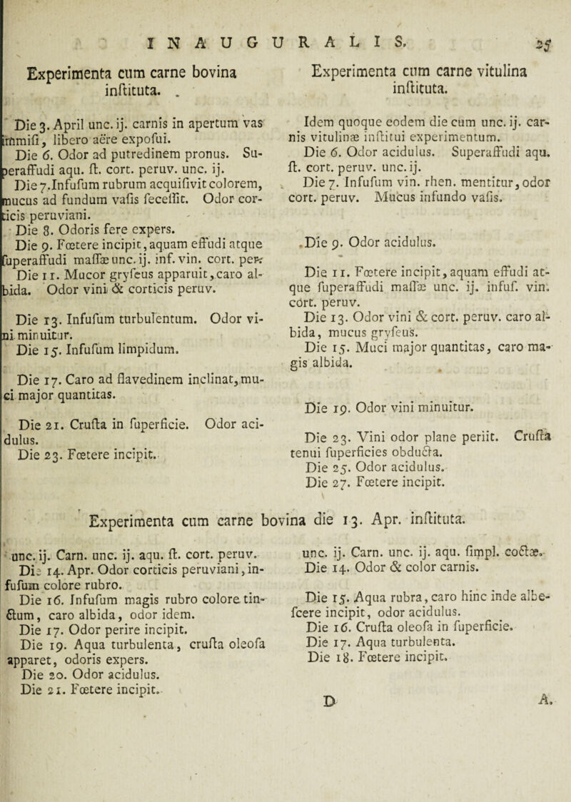 *5 Experimenta cum carne bovina inftituta. . * Die 3. April unc.ij. carnis in apertum vas immifi, libero aere expofui. Die 6. Odor ad putredinem pronus. Su- peraffudi aqu. ft. cort. peruv. unc. ij. Die 7,Infufum rubrum acquifivit colorem, mucus ad fundum vafis fecelfit. Odor cor¬ ticis peruviani. Die 8. Odoris fere expers. Die 9. Foetere incipit,aquam effudi atque fuperaffudi maffaeunc. ij. inf. vin. cort. peiv Die 11. Mucor gryfeus apparuit,.caro ab bida. Odor vini & corticis peruv. Die 13. Infufum turbulentum. Odor vi¬ ni minuitur. Die 15. Infufum limpidum. Die 17. Caro ad flavedinem inclinat, mu¬ ci major quantitas. 1 Die 21. Crufta in fuperficie. Odor aci¬ dulus. Die 23. Foetere incipit. Experimenta cnm carne vitulina inftituta. Idem quoque eodem die cum unc. ij. car¬ nis vitulinae inflitui experimentum. Die 6. Odor acidulus. Superaffudi aqu. ft. cort. peruv. unc.ij. Die 7. Infufum vin. rhen. mentitur,odor cort. peruv. Mucus infundo vafis. .Die 9. Odor acidulus. Die 11. Foetere incipit, aquam effudi at¬ que fuperaffudi maffbe unc. ij. infuf. vin. cdrt. peruv. Die 13. Odor vini & cort. peruv. caro al¬ bida, mucus gryfeus. Die 15. Muci major quantitas, caro ma¬ gis albida. Die 19. Odor vini minuitur. Die 23. Vini odor plane periit. Crufta tenui fuperficies obdu&a. Die 25. Odor acidulus. Die 27. Foetere incipit. f ' Experimenta cum carne bovina die 13. Apr. inftituta. unc. ij. Carn. unc. ij. aqu. ft. cort. peruv. Die 14. Apr. Odor corticis peruviani, in¬ fufum colore rubro. Die 16. Infufum magis rubro colore tin- ftum, caro albida, odor idem. Die 17. Odor perire incipit. Die 19. Aqua turbulenta , crufta oleofa apparet, odoris expers. Die 20. Odor acidulus. Die 21. Foetere incipit. unc. ij. Carn. unc. ij. aqu. flmpl. coflae*- Die 14. Odor & color carnis. Die 15. Aqua rubra,caro hinc inde albe- fcere incipit, odor acidulus. Die 16. Crufta oleofa in fuperficie. Die 17. Aqua turbulenta. Die 18. Foetere incipit. B A, 1