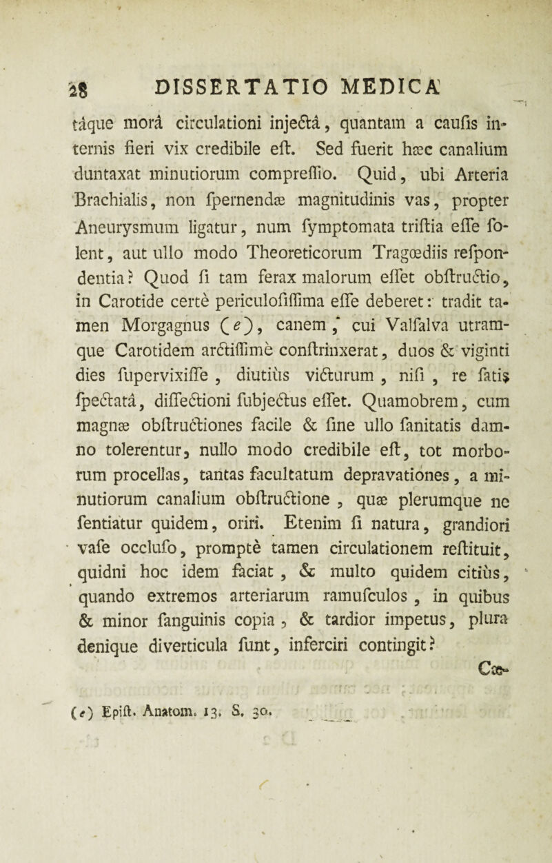 taque mora circulationi inje&a, quantam a caufis in¬ ternis fieri vix credibile eft. Sed fuerit hsec canalium duntaxat minutiorum compreffio. Quid, ubi Arteria Brachialis, non fpernendse magnitudinis vas, propter Aneurysmum ligatur, num fymptomata triftia efie fo- lent, aut ullo modo Theoreticorum Tragoediis refpon- dentia? Quod fi tam ferax malorum efiet obftru&io, in Carotide certe periculofifTima efie deberet: tradit ta¬ men Morgagnus (O* canem,* cui Valfalva utram¬ que Carotidem ardtiffime conftrinxerat, duos & viginti dies fupervixifle , diutius vifturum , nifi , re fatis fpeftata, difleftioni fubjedlus elfet. Quamobrem, cum magnoe obftru6tiones facile & fine ullo fanitatis dam¬ no tolerentur, nullo modo credibile eft, tot morbo¬ rum procellas, tantas facultatum depravationes, a mi¬ nutiorum canalium obftru&ione , quae plerumque ne fentiatur quidem, oriri. Etenim fi natura, grandiori • vafe occlufo, prompte tamen circulationem reftituit, quidni hoc idem faciat , & multo quidem citius, $ quando extremos arteriarum ramufculos , in quibus & minor fanguinis copia , & tardior impetus, plura denique diverticula funt, inferciri contingit? Cte- (*) Epift. Anatom. 13, S, 30.