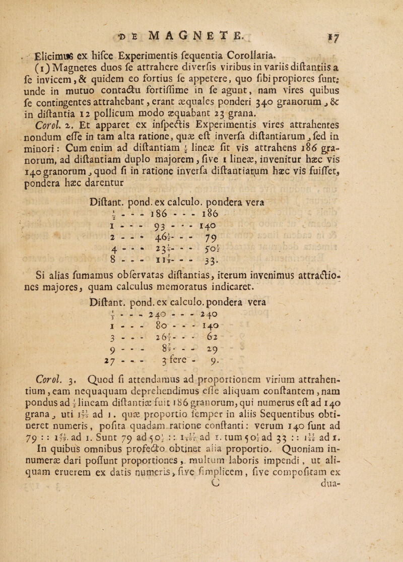 I *7 D t magnete. Elicimus ex hifce Experimentis fequentia Corollaria. (i) Magnetes duos fe attrahere diverfis viribus in variis diftantiis a fe invicem,& quidem eo fortius fe appetere, quo fibipropiores fonti unde in mutuo contadhi fortiftime in fe agunt, nam vires quibus fe contingentes attrahebant, erant aequales ponderi 340 granorum ^ 8c in diftantia 12 pollicum modo aequabant 23 grana. Corel 2. Et apparet ex infpeftis Experimentis vires attrahentes nondum efle in tam alta ratione, quae eft inverfa diftantiarum^fed in minori: Cum enim ad diftantiam ~ lineae fit vis attrahens 186 gra¬ norum, ad diftantiam duplo majorem, fi ve 1 lineas, invenitur haec vis 140 granorum ^ quod fi in ratione inverfa diftantiar^um haec vis fuifTet, pondera haec darentur Diftant. pond.ex calculo, pondera vera i - - - 186 - - - 186 - 1 - - - 93 - - - 140 2 - - • 4&- - * 79 4 * “ * 23*- - - 5°}* 8 - - - ni* - - 33- Si alias fumamus obfervatas diftantias, iterum invenimus attradio* nes majores, quam calculus memoratus indicaret. Diftant. pond.ex calculo,pondera vera j - - - 240 - - - 240 1 - - - 80 - - - 140 3 - - - 26}- - - 62 9 - - - 8£- - - 29 27 - - - 3 fere - 9. Corol. 3. Quod fi attendamus ad proportionem virium attrahen¬ tium, eam nequaquam deprehendimus efle aliquam conftantem ,nam pondus ad i lineam diftantice fuit * 86 granorum, qui numerus eft ad 140 grana j uti jjl ad i. qux proportio femper in aliis Sequentibus obti¬ neret numeris, pofita quadam ratione conflanti: verum i4ofunt ad 79 : : lfj. ad 1. Sunt 79 ad 50-- :: i^f ad r. tum 50? ad 33 :: ill ad 1. In quibus omnibus profedto obtinet alia proportio. Quoniam in¬ numerae dari poftunt proportiones, multum laboris impendi, ut ali¬ quam eruerem ex datis numeris> five fimplicem, five compofiram ex C dua-