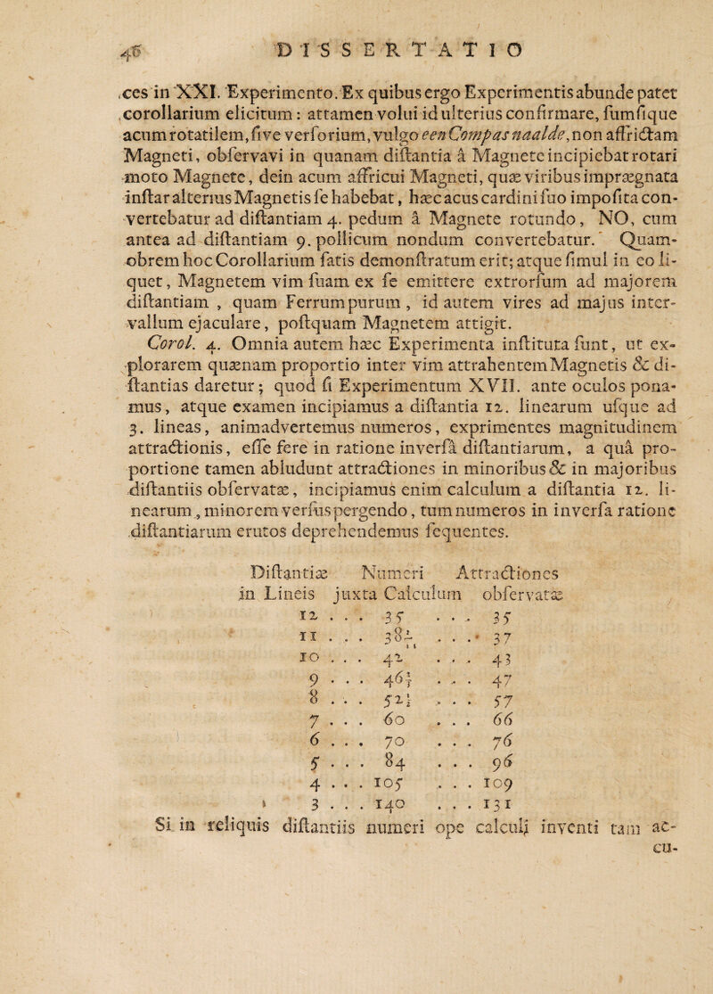 4i? © I S SERT A T 1 O ,ces in 'XXI. Experimento. Ex quibas ergo Experimentis abunde patet corollarium elicitum: attamen volui id ulterius confirmare, fumfique acum rotatilem, fi ve verforium, vulgo eenCompas naalde, non afFriCtam Magneti, obfervavi in quanam diftantia a Magnete incipiebat rotari moto Magnete, dein acum affricui Magneti, quae viribus impraegnata inftar alterius Magnetis fe habebat, haec acus cardini fuo impofita con¬ vertebatur ad diftantiam 4. pedum, a Magnete rotundo, NO, cum antea ad diftantiam 9. pollicum nondum convertebatur/ Quam- obrem hoc Corollarium fatis demonftratum erit; atque fimul in eo ii» quet, Magnetem vim-luam ex fe emittere extrorfum ad majorem diftantiam , quam Ferrum purum , id autem vires ad majus inter» vallum ejaculare, poftquam Magnetem attigit. Corel. 4. Omnia autem hxc Experimenta inftituta funt, ut ex¬ plorarem quaenam proportio inter vim attrahentemMagnetis & di» ftantias daretur; quod fi Experimentum XVII. ante oculos pona¬ mus, atque examen incipiamus a diftantia 12. linearam ufque ad 3. lineas, animadvertemus numeros, exprimentes magnitudinem attractionis, effe fere in ratione inverfa diftantiaram, a qua pro¬ portione tamen abludunt attraCtiones in minoribus & in majoribus diftantiis obfervatas, incipiamus enim calculum a diftantia 12. li¬ nearum s minorem verms pergendo, tum numeros in inverfa ratione .diftantiarum erutos deprehendemus fequentes. Diftantia; N iim eri Attractiones in Lineis juxta Calculum obfervatse 12, . . . 3 5* • • • 3S 11 . . . . . . » i * 3 7 IO . . . 42 43 9 . . . 46-1 . , . 47 8 . . . 521 . . . 57 7 . . . 60 . . . 6 . • • 7o . . . y6 5 . . . 84 96 4 . . . 105* . . . 109 > 3 . . . 140 . . . 13 1 Si in reliquis diftantiis numeri ope calculi inventi tam ac» eu-