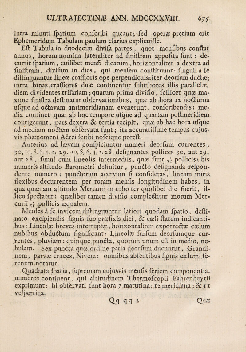 Intra minuti fpatium confcribi queant; fed operas pretium erit Ephemeridum Tabulam paulum clarius explicuifie. Eft Tabula in duodecim divifa partes , quot menfibus confiat annus, horum nomina lateraliter ad finiftram appofita funt: de¬ currit fpatium, cuilibet menfi dicatum, horizontalitcr a dextra ad finiftram, divifum in dies , qui menfcm conftituunt: finguli a fe diftinguuntur lineas craftioris ope perpendiculariter deorfum dudas; intra binas crafliores duas continentur fubtiliores illis parallelas, diem dividentes trifariam; quarum prima divifio, fcilicet quas ma¬ xime finiftra deftinatur obfervationibus, quas ab hora 12 nodurna ufque ad odavam antimeridianam evenerunt, confcribendis; me¬ dia continet quas ab hoc tempore ufque ad quartam poftmeridiem contigerunt, pars dextra & tertia recipit, quas ab hac hora ufque ad mediam nodem obfervata funt; ita accuratiffime tempus cujus- vis phaenomeni Aerei fcribi nofcique poteft. Anterius ad laevam confpiciuntur numeri deorfum currentes * 30,10,8.6,4,2, zy\ 10, 8, 6, 4, 2,28. defignantes pollices 30, aut 29, aut 28 , ftmul cum lineolis intermediis, quae funt Tt pollicis; his numeris altitudo Barometri definitur , pundo defignanda rcfpom dente numero ; pundorum acervum fi confideras, lineam miris flexibus decurrentem per totam menfis longitudinem habes, in qua quasnam altitudo Mercurii in tubo ter quolibet die fuerit, il- lico [pedatur: quaelibet tamen divifio compleditur motum Mer¬ curii Tj pollicis asqualem. Menfes a fe invicem diftinguuntur latiori quodam fpatio, defti- nato excipiendis fignis fuo praefixis diei, & cadi ftatum indicanti¬ bus : Lineolae breves interruptas, horizontalirer exporredae caelum nubibus obdudum fignificant: Lineolas furfum deorfumque cur¬ rentes , pluviam: quinque punda, quorum unum eft in medio, ne¬ bulam. Sex punda quae ordine paria deorfum ducuntur, Grandi¬ nem, parvae cruces, Nivem: omnibus abfentibus fignis caelum fe¬ re num notatur. Quadrata fpatia ,fupremam cujusvis menfis feriem componentia, numeros continent, qui altitudinem Thermofcopii Fahrenheytii exprimunt: hi obfervaci funt hora 7 matutina; 12 meridiana :8cn vefpertina.