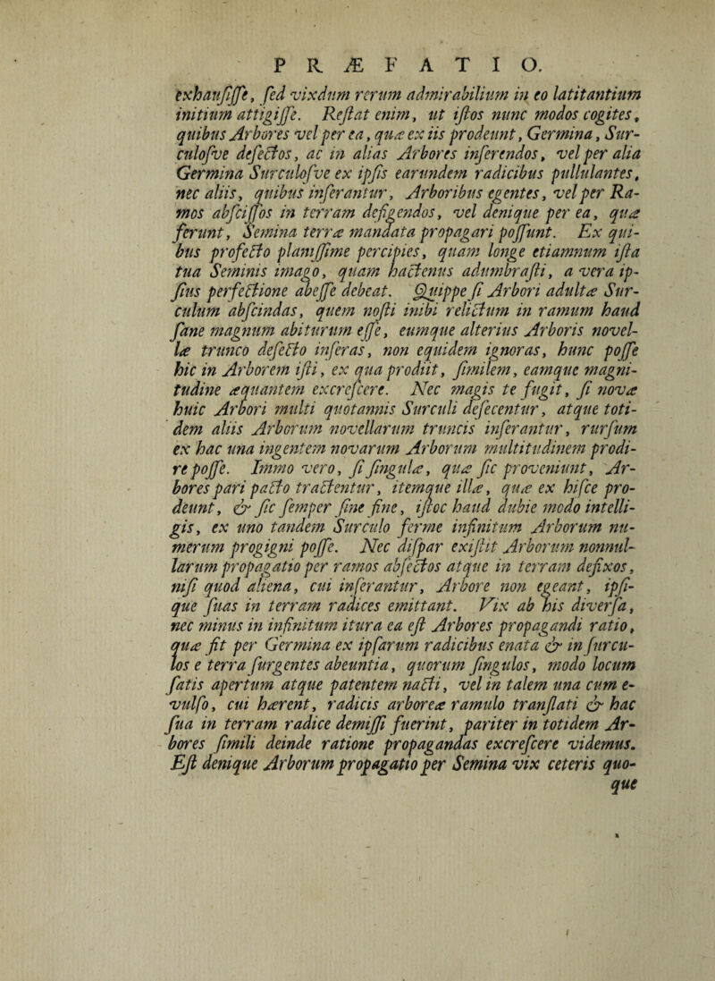 txhaujiffe, fed vixdum rerum admirabilium in eo latitantium initium attigijfe. Reflat enim, ut iftos nunc modos cogites, quibus Arbores vel per ea, quae ex iis prodeunt, Germina, Sur- culofve defectos, ac in alias Arbores inferendos, vel per alia Germina Surculopue ex ipfis earundem radicibus pullulantes, nec aliis, quibus inferantur. Arboribus egentes, vel per Ra¬ mos abfcifjbs in terram defigendos, vel denique per ea, qua ferunt, Semina terra mandata propagari poffiunt. Ex qui¬ bus profeffo plamffime percipies, quam longe etiamnum ifta tua Seminis imago, quam hartenus adumbrafti, averaip- Jius perfertione abeffe debeat. Quippe fi Arbori adulta Sur¬ culum abfeindas, quem no fi i inibi relirtum in ramum haud fane magnum abiturum ejfe, cumque alterius Arboris novel¬ la trunco deferto inferas, non equidem ignoras, hunc po/fe hic in Arborem ifti, ex qua prodiit, fimilem, eamque magni¬ tudine aqnantem excrcjcere. Nec magis te fugit, fi nova huic Arbori multi quotannis Surculi defecentur, atque toti¬ dem aliis Arborum novellarum truncis inferantur, rurfum ex hac una ingentem novarum Arborum multitudinem prodi¬ re pofje. Immo vero, fi fingula, qua fic proveniunt, Ar¬ bores pari parto trartentur, itemque illa, qua ex hi fice pro¬ deunt, & fic femper fine fine, ifioc haud dubie modo intelli- gis, ex uno tandem Surculo ferme infinitum Arborum nu¬ merum progigni pojfe. Nec difipar exiftit Arborum nonnul¬ larum propagatio per ramos ab fertos atque in terram defixos, mfi quod aliena, cui inferantur, Arbore non egeant, ipfi- que Juas in terram radices emittant. Vix ab his diverfa, nec minus in infinitum itura ea efi Arbores propagandi ratio, qua fit per Germina ex ipfarum radicibus enata & infur cu¬ los e terra (urgentes abeuntia, quorum fingulos, modo locum fatis apertum atque patentem narti, vel in talem una cum e- vulfio, cui harent, radicis arborea ramulo tranflati & hac fua in terram radice demiffi fuerint, pariter in 'totidem Ar¬ bores fimili deinde ratione propagandas excrefcere videmus. Eft denique Arborum propagatio per Semina vix ceteris quo-