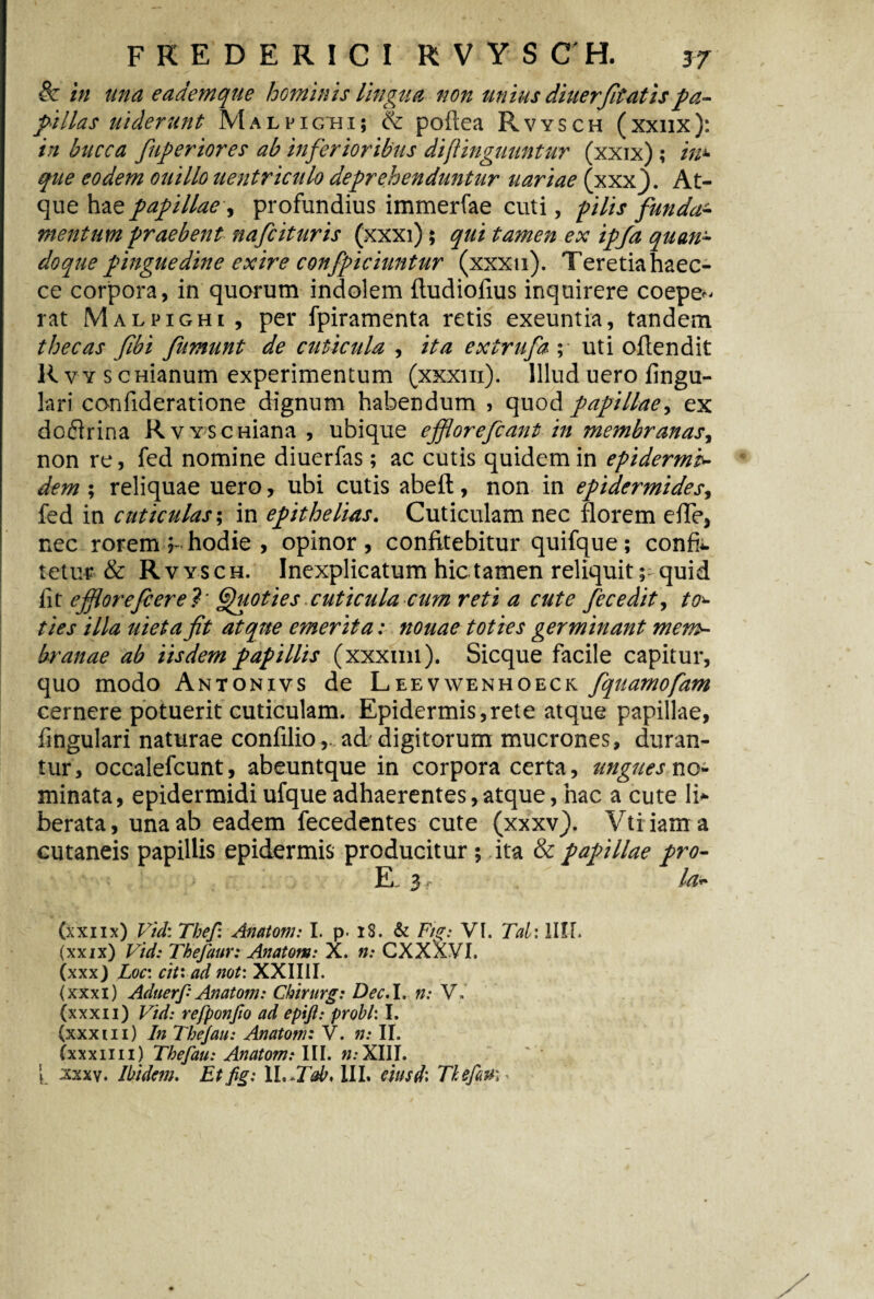 & in una eademque hominis lingua non unius diuerfitatispa¬ pillas uiderunt Malhg^hi; & poflea R v y s c h ( xxnx ): in bucca fuperiores ab inferioribus di [Unguuntur (xxix) ; ini¬ que eodem ouillo uentriculo deprehenduntur uariae (xxx}. At¬ que hae papillae , profundius immerfae cuti, pilis funda¬ mentum praebent nafcituris (xxxi); qui tamen ex ipfa quan¬ doque pinguedine exire confpiciuntur (xxxu). Teretia haec- ce corpora, in quorum indolem ftudiofius inquirere coepe¬ rat Malpighi , per fpiramenta retis exeuntia, tandem thecas JIbi fumunt de cuticula , ita extrufa ; uti oflendit R v y s c manum experimentum (xxxm). Illud uero fingu- lari confideratione dignum habendum * quod papillae, ex doflrina RvYSCHiana , ubique eflorefcant in membranas, non re, fed nomine diuerfas; ac cutis quidem in epidermi¬ dem ; reliquae uero, ubi cutis abeft , non in epidermides, fed in cuticulas; in epithelias. Cuticulam nec florem efTe, nec rorem v hodie , opinor , confitebitur quifque; confic¬ tetur & Rvysch. Inexplicatum hic tamen reliquitquid lit efflorefcere?' Quoties cuticula cum reti a cute fecedit, to^ ties illa uieta fit atque emerita: nouae toties germinant men>- branae ab iisdem papillis (xxxim). Sicque facile capitur, quo modo Antonivs de Leevwenhoeck fquamofam cernere potuerit cuticulam. Epidermis,rete atque papillae, fingulari naturae confilioad digitorum mucrones, duran¬ tur, occalefcunt, abeuntque in corpora certa, ungues no¬ minata, epidermidi ufque adhaerentes, atque, hac a cute li* berata, una ab eadem fecedentes cute (xxxv). Vtiiam a cutaneis papillis epidermis producitur ; ita & papillae pro- ' Fj- ^ f la- (xxnx) Vidi Tbef: Anatom: I. p. i3. & Fig: VI. Tai: 1II-L (xxix) Vid: Thefaur: Anatom: X. n: CXXXVI. (xxx) Loc\ citi ad not: XXIIII. (xxxi) Aduerp Anatom: Chirurg: Dec.l. n: V. (xxxu) Vid: refponfio ad epifl: probi: I. (xxxm) In Thejau: Anatom: V. n: II. (xxxim) Thefau: Anatom: III. n:XIII. L ^xxv. Ibidetn. Et fig: IL »Tob, III. eiusdi Tkefm -