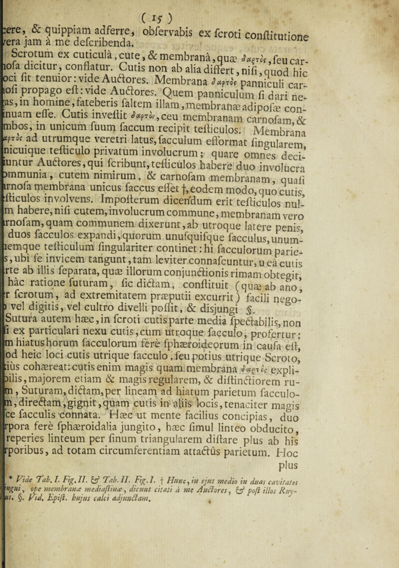 C i? ) :ere, & ^ippiam ad ferre, obfervabis ex feroti conftitntione rera jam a me defcnbenda. c Scrotum ex cuticula, cute, & membrana, qute , feu car- tofa dicitur, conflatur. Cutis non ab aliaditfert,nifi,quod hic oci fit tenuior: vide Audtores. Membrana ^ panniculi car- tofi propago efhvide Audtores. Quem panniculum fi dari ne¬ as,in homine, fateberis faltem illam, membranae ad i pofae con- muam efle. Cutis mveftit <ty>™.,ceu membranam carnofam & mbos, in unicum fuum faecum recipit tefliculos. Membrni Kfjof ad utrumque veretri latus,facculum eflbrmat Angularem, mcuique tefhculo privatum involucrum; quare omnes deci- mntur Audiores,qui feribunt,tefliculos habere duo involucra immunia, cutem nimirum, & carnofam membranam quafi •irnofa membrana unicus faccus efletf,eodem modo, quo cutis ihculos involvens. Impoflerum dicendum erit tefliculos nul- |m habere,nifi cutem,involucrum commune, membranam vero ‘rnofam,quam communem dixerunt,ab utroque latere penis duos facculos expandi,quorum unufquifque facculus,unum- lemque tefliculum fingulariter continet: hi facculorum parie- s,ubi fe invicem tangunt ,tam leviter.connafcuntur.u ea cutis ,rte ab illis ieparata, quas illorum conjundiionis rimam obtegit hac ratione futuram, fic didam, conflituit (quteabano* r ferotum, ad extremitatem praeputii excurrit) 'facili ne<m- vel digitis, vel cultro divelli poffit, & disjungi §. & Sutura autem haec, in feroti cutis parte media fpedlabilis, non [i ex particulari nexu cutis,cum utroque facculo, profertur: m hiatus horum facculorum fere fphaeroideorum in caufa eilj od heic loci cutis utrique facculo , feupotius utrique Scroto* 'ius cohtereat: cutis enim magis quam membrana i expii- pilis, majorem etiam & magis regularem, & diftindliorem ru¬ bi, Suturam,didlam,per lineam ad hiatum parietum facculo- m,diredlam,gignit,quam cutis in aliis locis,tenaciter magis ce faeculis connata. Haec ut mente facilius concipias, duo rpora fere fphaeroidalia jungito, haec fimul linteo obducito, reperies linteum per finum triangularem diftare plus ab his* rporibus, ad totam circumferentiam attadlus parietum. Hoc plus | Vide Tab. I, Fig.II. & Tab.II. Fig.I. f Hunc, in ejus medio in duas cavitates ]wgui, ope membranee mediaflince, dicunt citati d me Auttores, £$ po(l illos Iiuy- \ns. §. ytd> JLpijl. hujus calci adjunftam, t
