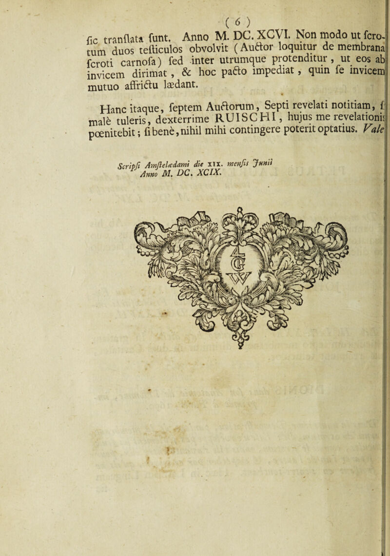 fic tranllata funt. Anno M. DC. XCVI. Non modo ut fero¬ cum duos tefticulos obvolvit (Auttor loquitur de membrana feroti carnofa) fed inter utrumque protenditur, ut eos ab invicem dirimat, & hoc pa&o impediat, quin fe invicem mutuo affriftu laedant. Hanc itaque, feptem Aurorum, Septi revelati notitiam, fj mal£ tuteris, dexterrime RUISCRI, hujus me revelationi; poenitebit; fi bene, nihil mihi contingere potent optatius. Vale . Scripti AmlieUdami die XIX. menfts Junii Anno M, DC. XCIX. ' l