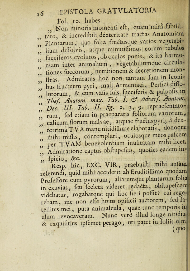 Fol. io. habes. Non minoris momenti efb, quam mira fubtili- tate, & incredibili dexteritate tradas Anatomiam Plantarum, quo folia frudusque varios vegetabi- ” lium diffolvis, atque minutiflimos eorum tubulos fucciferos evolutos,oboculos ponis, & ita haimo- ” niam inter animalium , vegetabiliumque circula- ” tiones fuceorum , nutritionem & fecretionem mon- ” ftras. Admiratus hoc non tantum fum in lconb ” bus fruduum pyri, mali Armeniaci , Perfici diifo- lutorum, & cum vafis fuis fuccifeiis & pulpofis iu | ” Thef. Anatom. max. Tab. I. ©* Adverf. Anatom. Dec. IU• Tab. Ii. fig. 3, 9• repraefentato- j ” rum, fed etiam in praeparatis foliorum variorum, calicum florum malvae, atquae frudus pyri, a dex~ >} terrima TVA manu nitidiffime elaboratis, donoque: ’’ mihi miffis, .contemplari, oculosque meospafcere ” per TVAM benevolentiam inufitatam mihi licet. ’’ Admiratione captus obftupefco, quoties eadem in- ; „ fpicio, &c. Resp. hic, EXC. VIR, praebuifti mihi anfam referendi, quid mihi acciderit ab Eruditiffimo quodam!; Profeffore cum pyrorum, aliarumque plantarum folia in exuvias, feu fceleta videret rcdada, obftupefceici. videbatur, rogabatque qui hoc fieri polfit? cui rege¬ rebam , me non elfe huius opificii audoiem, led faJ| tellites mei, puta animal cula, quae tunc temporis in ufum revocaveram. Nunc vero illud longe nitidius & exquifitius ipfemet perago, uti patet in foliis ulm