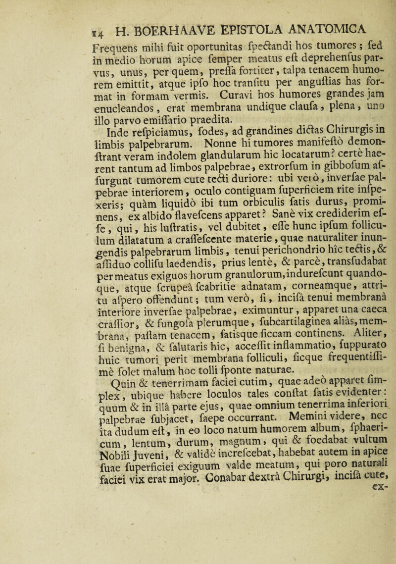 Frequens mihi fuit oportunitas foedandi hos tumores; fed in medio horum apice femper meatus eft deprehenfus par¬ vus , unus, per quem, preffa fortiter, talpa tenacem humo¬ rem emittit, atque ipfo hoc tranfitu per anguftias has for¬ mat in formam vermis. Curavi hos humores grandes jam enucleandos, erat membrana undique claufa, plena, uno illo parvo emiffario praedita. Inde refpiciamus, fodes, ad grandines didas Chirurgis in limbis palpebrarum. Nonne hi tumores manifefto demon- ffrant veram indolem glandularum hic locatarum? certe hae¬ rent tantum ad limbos palpebrae, extrorfum in gibbofum af- furgunt tumorem cute tedi duriore: ubi veto, inverfae pal¬ pebrae interiorem, oculo contiguam fuperficiem rite infpe- xeris; quam liquido ibi tum orbiculis fatis durus, promi¬ nens, ex albido flavefcens apparet ? Sane vix crediderim ef- fe , qui, his luftratis, vel dubitet, effe hunc ipfum follicu¬ lum dilatatum a craffefcente materie, quae naturaliter inun¬ gendis palpebrarum limbis, tenui perichondrio hic tedis, & affiduo collifu laedendis, prius lente, & parce, transfudabat permeatus exiguos horum granulorum,indurefcunt quando¬ que, atque fcrupei fcabritie adnatam, corneamque, attri¬ tu afpero offendunt; tum vero, li, incifi tenui membrana interiore inverfae palpebrae, eximuntur , apparet una caeca eraiUor, & fungofa plerumque, fubcartilaginea alias, mem¬ brana, paflam tenacem, fatisque ficcam continens. Aliter, fi benigna, & falutaris hic, acceffit inflammatio, fuppurato huic tumori perit membrana folliculi, ficque frequentiffi- me folet malum hoc tolli fponte naturae. Quin & tenerrimam faciei cutim, quae adeo apparet fim- plex, ubique habere loculos tales conifat fatis evidentei . quum & in illi parte ejus, quae omnium tenerrima inferiori palpebrae fubjacet, faepe occurrant. Memini videre, nec ita dudum efl, in eo loco natum humorem album, fphaeri- cum, lentum, durum, magnum, qui & foedabat vultum Nobili Juveni, & valide increfcebat, habebat autem in apice fuae fuperficiei exiguum valde meatum, qui poro naturali