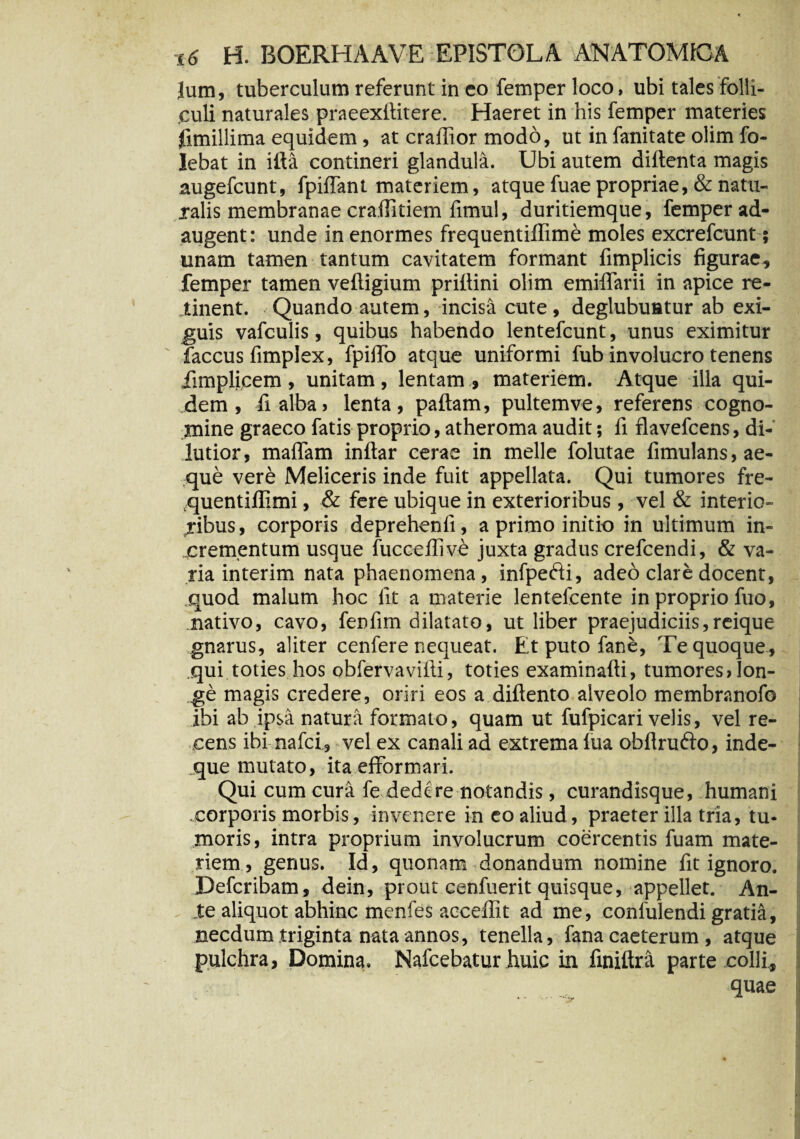 Jum, tuberculum referunt in eo femper loco, ubi tales folli¬ culi naturales praeexllitere. Haeret in his femper materies fimillima equidem, at craffior modo, ut in fanitate olim fo- lebat in ifta contineri glandula. Ubi autem diftenta magis augefcunt, fpifiant materiem, atque fuae propriae, & natu¬ ralis membranae craffitiem fimul, duritiemque, femper ad¬ augent: unde in enormes frequentiflime moles excrefcunt; unam tamen tantum cavitatem formant fimplicis figurae, femper tamen veftigium prifiini olim emiflarii in apice re¬ tinent. Quando autem, incisa cute, deglubuntur ab exi¬ guis vafculis, quibus habendo lentefcunt, unus eximitur faccus fimplex, fpilTo atque uniformi fub involucro tenens iimplicem , unitam , lentam , materiem. Atque illa qui¬ dem , fi alba, lenta, paftam, pultemve, referens cogno¬ mine graeco fatis proprio, atheroma audit; fi flavefcens, di¬ lutior, maflam inftar cerae in meile folutae fimulans, ae¬ que vere Meliceris inde fuit appellata. Qui tumores fre- quentiflimi, & fere ubique in exterioribus , vel & interio¬ ribus , corporis deprehenfi, a primo initio in ultimum in¬ crementum usque fucceflive juxta gradus crefcendi, & va¬ ria interim nata phaenomena, infpefti, adeo clare docent, quod malum hoc fit a materie lenteicente in proprio fuo, nativo, cavo, fenfim dilatato, ut liber praejudiciis,reique gnarus, aliter cenfere nequeat. Et puto fane, Te quoque, qui toties hos obfervavifti, toties examinafti, tumores, lon¬ ge magis credere, oriri eos a diftento alveolo membranofo ibi ab ipsa natura formato, quam ut fufpicari velis, vel re¬ cens ibi nafci, vel ex canali ad extrema lua obfirufto, inde- que mutato, ita efformari. Qui cum cura fe dedere notandis, curandisque, humani corporis morbis, invenere in eo aliud, praeter illa tria, tu¬ moris, intra proprium involucrum coercentis fuam mate¬ riem, genus. Id, quonam donandum nomine fit ignoro. Defcribam, dein, prout cenfuerit quisque, appellet. An¬ te aliquot abhinc menfes acceffit ad me, confulendi gratia, necdum triginta nata annos, tenella, fana caeterum , atque pulchra, Domina. Nafcebatur huic in finiftra parte colli., quae