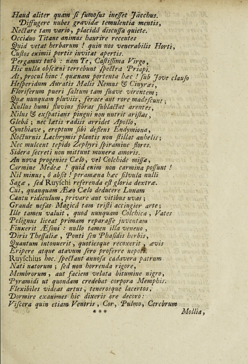 Haud aliter quam fi fumofus ineffet Jdcchus. ‘Diffugere nubes gravida temulentia mentis3 Ne51 are tam vario5 placida discujfa quiete. Occiduo Titane animas haurire recentes Quid vetat herbarum ! quin nos venerabilis Horti, Cuji os eximii portis invitat apertis. Pergamus tuto : nam Te, 'Cafiijfima Virgo, ##/4z obfcteni terrebunt fpeffird Priapi. At ,procul hinc ! quanam portenta h&c ! Jfkb Jove claujo Hefperidum Auratis Malis Nemus & Cinyra*, Floriferum pueri faltum tam fuave virentem; Qtt<e nunquam pluviis, ferace aut rore madefiunt• Nullus humi fluvius fibras fublaElat arent es, Nilus £g> exfpatians pingui non nutrit arifias 3 Gleba ; nec laetis radiis arridet Apollo, Cynthi ave , ereptum fibi defietis Endymiona, NoElurnis Lachrymis plantis non flillat anhelis; Nec mulcent tepido Zephyri fipiramine flores. Sidera fecreti non mittunt munera amoris. An nova progenies Ctelo> vel Colchide mifjd, Carmine Mede te ! quid enim non carmina poffunt ! Nil minus, 6 abfit ! peramtena hac filvula nulli Sagte , fied Ruyfchi referenda eft gloria dextrte. Cui, quanquam ALeo Calo deducere Lunam Cantu ridiculum, privare aut vitibus uvas ; Grande nefas Magica tam trifti accingier arte; Ille tamen valuit, quod nunquam Colchica , Vates Pelignus liceat primam reparaffe juventam Finxerit JEfoni : nullo tamen illa veneno , Diris Theffalite , Fonti fiu CP ha fi dis herbis, Quantum intonuerit, quotiesque recoxerit , Eripere atque atavum fero proferre nepoH. Ruyfchius hoc. fp e Itant annofa cadavera patrum Nati natorum ; fed non horrenda rigore, Membrorum , aut faciem velata bitumine nigro, Pyramidi ut quondam credebat corpora Memphis, Flexibiles videas artus, tener os que lacertos, Dormire exanimes hic dixeris ore decoro: Vifcera quin etiam Ventris , G?r> Pulmo, Cerebrum * * * Mollia,