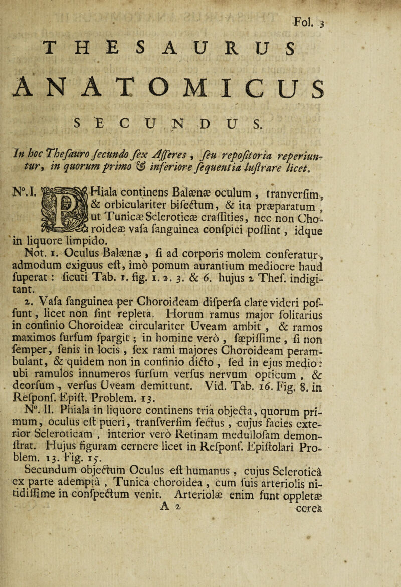 Fol. s THESAURUS ANATOMICUS r -V ^ - S E C U N D U S. In hoc Thefauro fecundo fex Afferes , feu repofitoria referiun¬ tur, in quorum primo 6? in feriore fequentia luftrare licet. _ „ ♦ N°.I. Hiala continens Balamae oculum, tranverfim., & orbiculariter bifeftum, & ita praeparatum , ut TunicaeScleroticae craftities, nec non Cho' roideae vafa fanguinea confpici poffint, idque in liquore limpido. Not. i. Oculus Balaenae , fi ad corporis molem conferatur-, admodum exiguus eft, imo pomum aurantium mediocre haud fuperat: ficuti Tab. i. fig. 1.1. 3. & 6. hujus z Thef. indigi- tant. z. Vafa fanguinea per Choroideam difperfa clare videri pof- funt, licet non lint repleta. Horum ramus major lolitarius in confinio Choroideae circulariter Uveam ambit , & ramos maximos furfum fpargit; in homine vero , faepiffime , fi non femper, fenis in locis, fex rami majores Choroideam peram¬ bulant, & quidem non in confinio didto , fed in ejus medio : ubi ramulos innumeros furfum verfus nervum opticum , & deorfum , verfus Uveam demittunt. Vid. Tab. 16. Fig. 8. in Refponf. Epift. Problem. 13. N°. II. Phiala in liquore continens tria objefta, quorum pri¬ mum, oculus eft pueri, tranfverfim fecdus, cujus facies exte¬ rior Scleroticam , interior verb Retinam medullofam demon- ftrat. Hujus figuram cernere licet in Refponf. Epiftolari Pro¬ blem. 13. Fig. 15-. Secundum objeftum Oculus eft humanus, cujus Sclerotica ex parte adempta , Tunica choroidea , cum fuis arteriolis ni- udiffime in confpeiftum venit. Arteriolae enim funt oppletse A z cerea