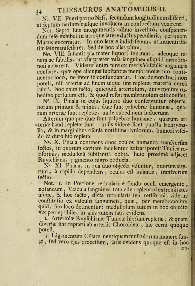 No. VII. Pueri portio Nafi, fecundum longitudinem difledi, ut feptum narium ejufque involucra in confpedum venirent. Not. Sept6 fuis integumentis adhuc inveftito, confpicien- dum fefe exhibet in utroque latereduduspeculiaris, perquem Mucus excernitur. In uno latere indidi fetam, ut intuenti fta- tim fefe manifefiaret. Sed de hoc alias plura. No. VIII. Infantis pia mater liquori innatans , adeoque te¬ nera ac fubtilis, ut vix praeter vafa languinea aliquid metribra- nofi appareat. Videtur enim fere ex meris Vafculis fanguineis conflare, quae ope alicujus fubflantiae membranofae fuo conti¬ nentur loco, ne inter fe confundantur. Hoc demonftrari non poteft, nifi arteriae ad finem ufque fint repletae materia cereft rubra, hoc enim fado, quicquid arteriofum, aut venofum ru¬ bedine perfufum efl, & quod reflat membranofum efle conflat. N°. IX. Phiala in cujus liquore duo confervantur objeda. horum primum & minus, duae funt palpebrae humanae , qua¬ rum arteriae funt repletae, unde rubedinem induerunt. Alterum quoque duae funt palpebrae humanae , quarum ar¬ teriae haud repletae funt. In iis videre licet punfta lachryma- lia, & in marginibus ofcula notiflima rivulorum, humori vifci- do & duro hic repleta. • N°. X. Phiala continens duos oculos humanos tranfverfim fedos, in quorum cavitate luculenter luftrari poteft Tunica re¬ tiformis, medullofa fubflantia obfita. huic proximi adjacet Ruyfchiana, pigmento nigro obdufla. N°. XI. Phiala, in qua duo objeda vifuntur, quorumalte- / rum , tt capillo dependens, oculus efl infantis, tranfverfim feftus. Not. r. In Portione reticulari b fundo oculi emergente , notandum, Vafcula fanguinea tota efle repleta ad extremitates ufque, & hoc fafto, didta reticularis feu retiformis videtur conftitutio ex vafculis fanguineis, quae, per membranofum quid, fuo loco detinentur: medullofum autem in hoc objedo vix perceptibile, in aliis autem fatis evidens. i. Arteriolae Ruyfchianae Tunicae hic funt repletae, &quam diverfae fint reptatu ab arteriis Choroideae , hic cerni quoque 3- Ligamentum Ciliare neutiquam mufculorum munere fun¬ gi » fed vero ejus proceflum, fatis evidens quoque efl in hoc ob-