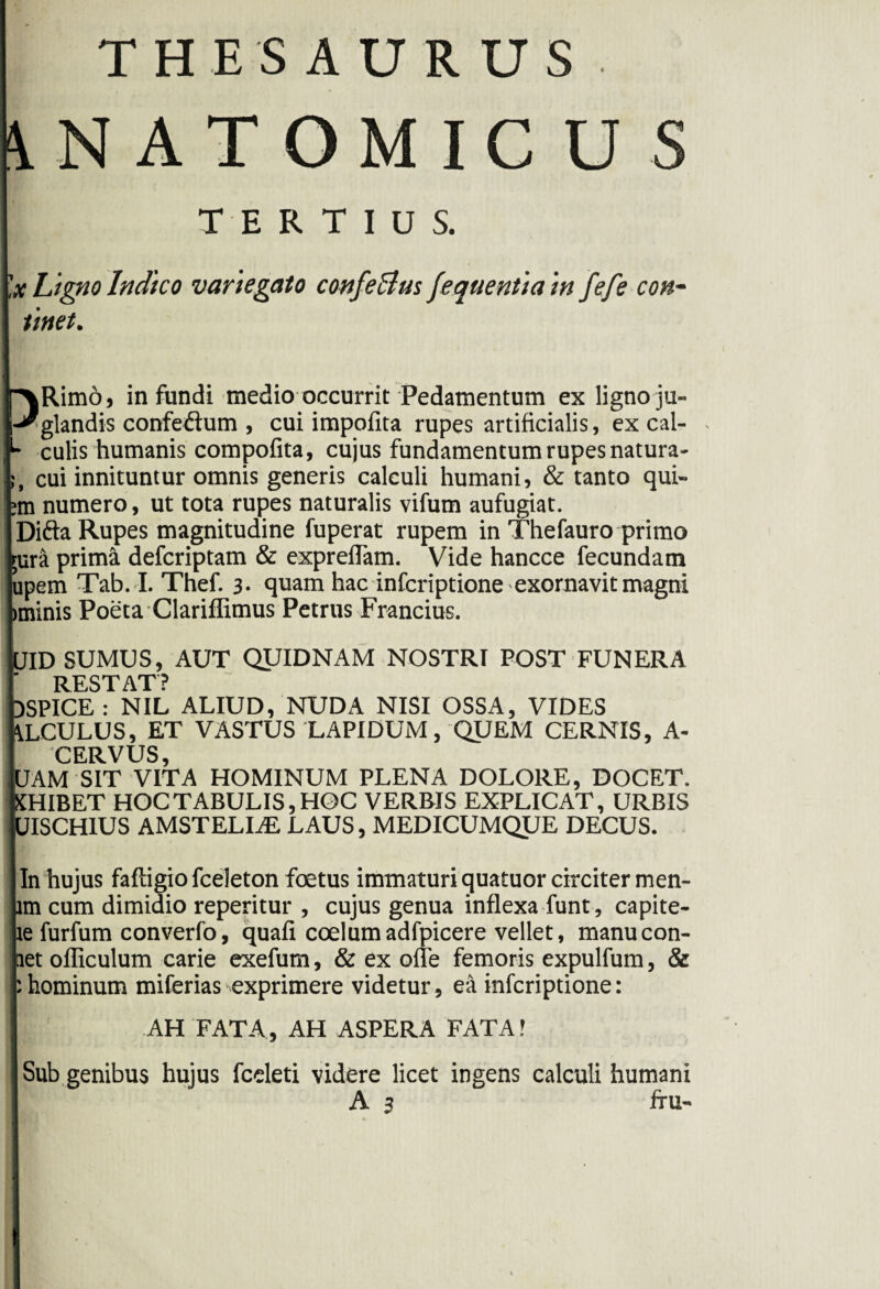 THESAURUS ANATOMICUS T E R T 1 U S. 'x Ligno Indico variegato confe&us jequentia in fefe con¬ tinet. DiRimo, infundi medio occurrit Pedamentum ex ligno ju- • glandis confedum , cui impolita rupes artificialis, ex cal- ^ culis humanis compofita, cujus fundamentum rupes natura- cui innituntur omnis generis calculi humani, & tanto qui- ;m numero, ut tota rupes naturalis vifum aufugiat. Difta Rupes magnitudine fuperat rupem in Thefauro primo Eura prima defcriptam & expreflam. Vide hancce fecundam lpem Tab. I. Thef. 3. quam hac infcriptione exornavit magni minis Poeta Clariffimus Petrus Francius. JID SUMUS, AUT QUIDNAM NOSTRI POST FUNERA RESTAT? DSPICE : NIL ALIUD, NUDA NISI OSSA, VIDES \LCULUS, ET VASTUS LAPIDUM, QUEM CERNIS, A- CERVUS, UAM SIT VITA HOMINUM PLENA DOLORE, DOCET. KHIBET HOC TABULIS, HOC VERBIS EXPLICAT, URBIS UISCH1US AMSTELIAL LAUS, MEDICUMQUE DECUS. In hujus faffigio fceleton foetus immaturi quatuor circiter men- lm cum dimidio reperitur , cujus genua inflexa funt, capite- te furfum converfo, quafi coelumadfpicere vellet, manucon- tiet ofliculum carie exefum, & ex oife femoris expulfum, & : hominum miferias exprimere videtur, ea infcriptione: ! AH FATA, AH ASPERA FATA! Sub genibus hujus fceleti videre licet ingens calculi humani A 3 ffu-