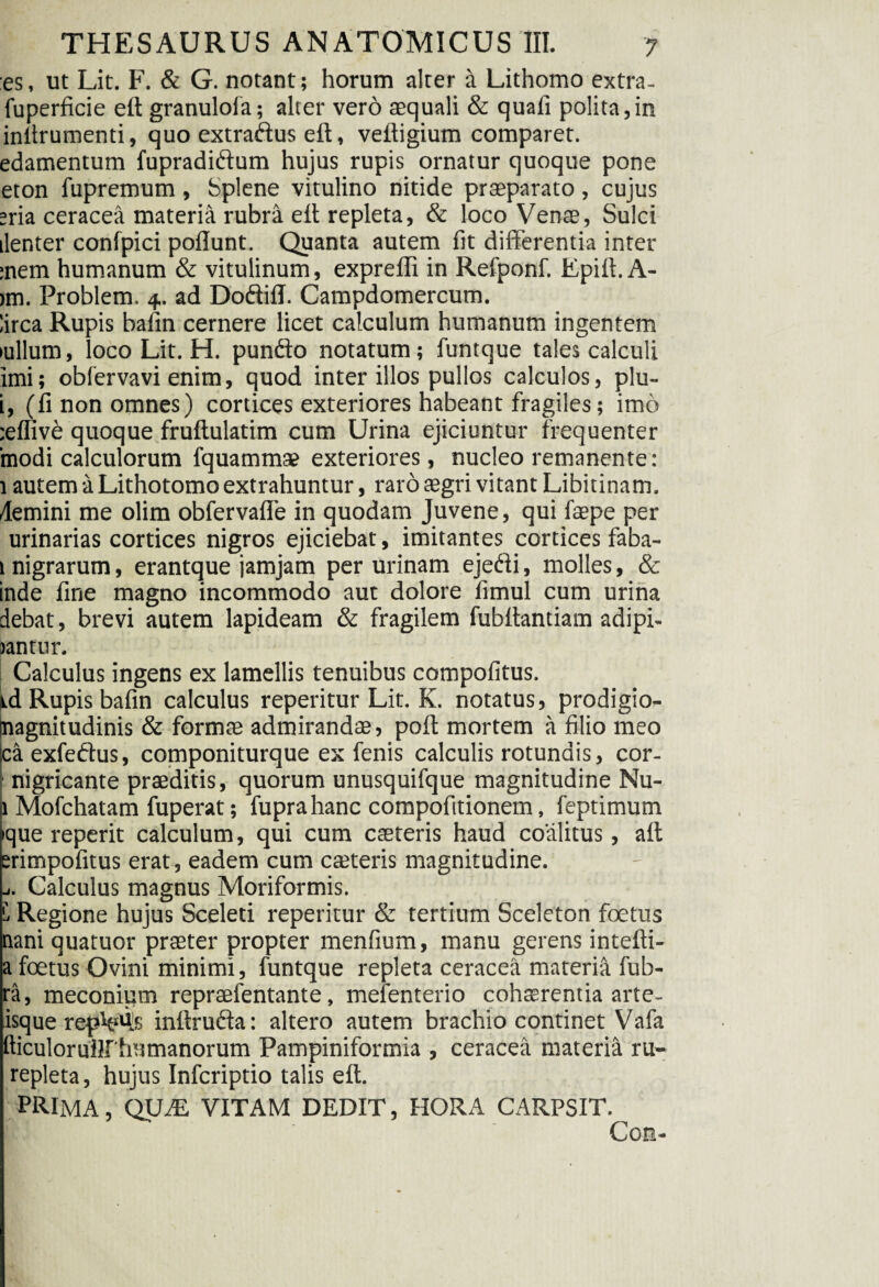 es, ut Lit. F. & G. notant; horum alter a Lithomo extra- fuperficie eft granulola; alter vero aequali & quafi polita,in inlirumenti, quo extraftus eft, veftigium comparet, edamentum fupradidlum hujus rupis ornatur quoque pone eton fupremum, Splene vitulino nitide praeparato, cujus eria ceracea materia rubra eft repleta, & loco Venae, Sulci ilenter confpici poliunt. Quanta autem lit differentia inter :nem humanum & vitulinum, exprefli in Refponf. Epift. A- >m. Problem. 4. ad Doftiff. Campdomercum. lirca Rupis bafin cernere licet calculum humanum ingentem mllum, loco Lit. H. punfto notatum; funtque tales calculi imi; obfervavi enim, quod inter illos pullos calculos, plu- i, (fi non omnes) cortices exteriores habeant fragiles; imo :eftiv£ quoque fruftulatim cum Urina ejiciuntur frequenter 'modi calculorum fquammae exteriores, nucleo remanente: 1 autem a Lithotomo extrahuntur, raro aegri vitant Libitinam, demini me olim obfervaffe in quodam Juvene, qui faepe per urinarias cortices nigros ejiciebat, imitantes cortices faba- 1 nigrarum, erantque jamjam per urinam ejefti, molles, & inde fine magno incommodo aut dolore fimul cum urina debat, brevi autem lapideam & fragilem fubftantiam adipi- »antur. Calculus ingens ex lamellis tenuibus compofitus. td Rupis bafin calculus reperitur Lit. K. notatus, prodigio- magnitudinis & formae admirandae? poft mortem a filio meo caexfeftus, componiturque ex fenis calculis rotundis, cor- 1 nigricante praeditis, quorum unusquifque magnitudine Nu- 1 Mofchatam fuperat; fuprahanc compofitionem, feptimum ique reperit calculum, qui cum cteteris haud coalitus, aft irimpofitus erat, eadem cum caeteris magnitudine. j. Calculus magnus Moriformis. i Regione hujus Sceleti reperitur & tertium Sceleton foetus nani quatuor praeter propter menfium, manu gerens intefti- a foetus Ovini minimi, funtque repleta ceracea materia fub- ra, meconium repraefentante, mefenterio cohaerentia arte- isque repk‘% inttrufta: altero autem brachio continet Vafa fiiculoruilfhumanorum Pampiniformia , ceracea materia ru- repleta, hujus Infcriptio talis eft. PRIMA, QUiE VITAM DEDIT, HORA CARPSIT. Con-