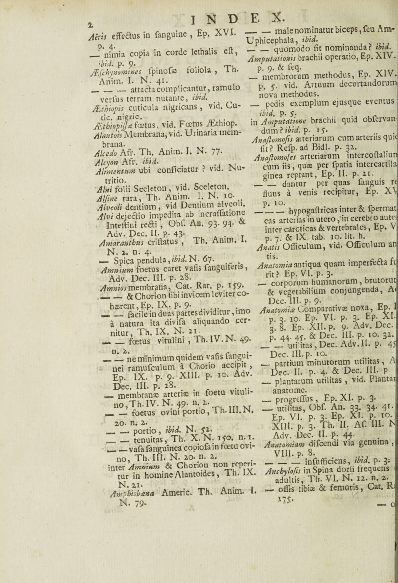 Aeris effeflus in fanguine , Ep. XVI. _1 nhnia copia in corde lethalis eft, ibid. P* 9* r r v i '■pu JEfchynomtnes fpinolsc tolioia , i n. Anim. I. N. 41. _attacta complicantur, ramulo verfus terram nutante, ibid, JEthiopis cuticula nigricans , vid. Cu- tic. nigric, JILthiopijj£ foetus, vid. Fcetus /Ethiop. Alantois Membrana, vid. Urinaria mem¬ brana. T VT Alcedo Afr. Th, Anim. I* 1^« 77* Alcyon Afr. ibid. # Alimentum ubi conficiatur ? vid. Nu- tritio. . Alni folii Sceleton, vid. Sceleton. Affine rara, Th. Anim. I. N. io- Alveoli dentium, vid Dentium alveoli. Alvi deieaio impedita ab incraffatione Inteliini redi , Obf. An. 93. 94- & Adv. Dec. II. p* 43* . . T Amarcmthus criltatus , Th. Anim. i» N. 2. n. 4. — Spica pendula,ibtd.ss. 67. . Amnium foetus caret vafis fanguiteris, Adv. Dec. III. P- 28. Amniosmembrana, Cat. Rar. p. IJ9* __& Chorion fibi invicem leviter co¬ haerent, Ep. IX. p. 9. — — facile in duas partes dividitur, imo a natura ita divifa aliquando cer¬ nitur, Th. IX. N. 21. _ _ foetus vitulini , Th. IV. N. 49. __ne minimum quidem vafis fangui- nei ramufculum a Chorio accipit, Ep. IX. p. 9- XIII. P- 10. Adv. Dec. III. p. 28. # . . — membranae arteriae in foetu vitu.i- no,Th.IV. N. 49. n. 2. _ _, foetus ovini portio, 1 n.Ui.iN. 20- n. 2« __ —1 portio, ibid. N. 5*2. — tenuitas, Th. X. N. 150. n. 1. , _vafafanguinea copiofain roetu ovi¬ no, Th. III. N. 20. n. 2. inter Amnium & Chorion rioiji repcri- tur in homine Alantoides, i h. IA. N. 21. . , Amphisbaena Americ. Th. Anim. I. N. 79* E X. _male nominatur biceps, feu Amr Uphicephala, ibid. , ...... _quomodo fit nominanda? tbta. Amputationis brachii operatio. Ep. XIV. p. 9. & feq. __ membrorum methodus, hp. Aiv.« p. 5. vid. Artuum decurtandorum nova methodus. — pedis exemplum ejusque eventus, ibid, p. 5*. in Amputatione brachii quid obiervan dum p. Anaftomofts arteriarum cum arteriis quic fit? Refp. ad Bidi. p. 32. Anaftomofes arteriarum intercoltaliun cum iis, quae per fpatia intercartila ginea reptant, Ep. II. p- 21. . —. — dantur per quas languis fiuus a venis recipitur, Ep. X\ _^_hypogafiricas inter & fpermat cas arterias in utero ,'in cerebro autei inter caroticas & vertebrales, Ep* V p. 7. & IX. tab. 10. Iit. h. Anatis Officulum, vid. Officulum an Anatomia antiqua quam imperfe£ta fi rit? Ep. VI. p. 3. — corporum humanorum, brutorur & vegetabilium conjungenda, A' Dec. III. P- 9- ^ , Anatomia Comparativae noxa, Hp• J p. 3. 10. Ep. VI. p. 3. Ep. XI. a. 8. Ep. XII. p. 9. Adv. Dec. p. 44. 45. & Dec. III. P- 10. 32. __ — utilitas, Dec. Adv. II. p. 45 Dec. 111. p- 10. *— partium minutorum utilitas, A Dec. II. p* 4- & E)ec. III. p- — plantarum utilitas , vid. Plantai anatome. progrefTus, Ep. XI. p. 3* — utilitas, Obf. An. 33. 34- 41- Ep. VI. p. 3- EP- XI. p.io. XIII. p. 3. Th. II. Af. III. I' Adv. Dec. II. p* 44- Anatomiam difeendi via genuina , VIII. p. 8. --- infufficiens, tbid. p. 3* Anchylofis in Spina dorfi frequens adultis, Th. VI. N. 12. n. 2. — offis tibi® & femoris , Cat. K; c