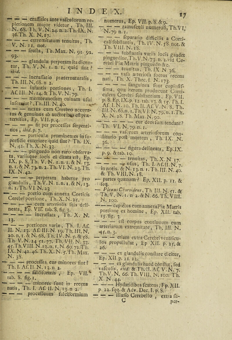 — — —. craffities ante vafculorum re¬ pletionem major videtur , Th. III. N. 68. 7 h. V. N. 24. n. 2.Th. IX. N. ,^6.Th. X. N. 17. -extremitatum tenuitas, Th. V. N. 11. not. ---frufla, Th.Max. N. 91. 92. 93* -glandula: perperam ita dicun¬ tur, Th. V. N. 1. n. i. quid lint ? ibid. — --incraflatio prasternaturalis, Th. III, N. 68. n 2. -infantis portiones , Th. I. *- Af. III. Nv 14. & Th. V. N. 79. -membranofum cuinam ufui infer^at? .Th.III. N. 40. --nexus cum Cerebro accura¬ tus 6t genuinus ab au6torib*s di pra:- tervifus, Ep. VII.p.4. — -7 — fit per procefTus ferpenti¬ nos, ibid. p. 7. -particulas prominentes in fu- perficie exteriore quid fuit > Th. IX N. 42.Th.X-N.33. -- pinguedo non raro obferva- ta, variisque locis ea ditata eII, Ep. IX. p. 8. Th. V. N. i.n.i.&N. 13 n. 1. & R 73. n. 2.Th. VI. N. 2 ^.Th! IX.N.42. j — — — perperam habetur pro glandulis, Th.V.N. 1. n. 1. 6c N. 13. n. i.Th.VI N.23 -— portio cum annexa Corticis Cerebri portione, Th.X.N.27. -- cum arteriolis luis deli- neata, Ep. VII? tab. 8. fig.3. --incraflata , Th. X. N. I3* — -portiones varias, Th. I. Af. JI. N. 13. Af. III.N. 19.Th.III.N. 20. n. 1. & N. 68. Th. IV. N. 7. & <-8. Th- V.N. 24 pi. 77. Th. VII. N. 33. 47.Th.VIII. N. 13. n. 1. N. 69.72.Th. IX. N. 42.46. Th. X. N. ^.Th. Max. N. 38. — -procefTus. cur minores fint? Th. I. Af. II. N. 13. n 2. 'v--falciformis , Ep. VII.* tab. 8. fig. 1. — — — minores*«funt in recens natis, Th. I. Af. II. N. 13.n 2. ^ . — procefluum falciformium iy numerus, Ep. VII.p.B.&p. — ratnufculi numerofi, Th/Vl’ ■N. 7911.1. TrTa ^eP.aratjo difficilis a Corti- «1, fiibBantia, Th. iV. N. j8. not. & 1 h. V 111. N. 18. * ■ fubflantia variis locis gaudet pmgUeduK- Th.V.N.73. n. z.vUi Ce- rebri Eia:Matris pinguedo&c. -tenuitas, Th. IX N 36. ~ ~r vaia a£fri°ra toefus recens nati, I h. X. Thec. i. N. 173. —7 fanguinea funt copiofif- iima, quas iterum producunt Corti¬ calem Cerebri fubflantiam ,. Ep. VTI. p.g.Ep IX.p.u.tah. rh.r.' nf lAb10, rh-M-Af. V.N. 8. Th. 1! '^ ' 68;.n• 1.TI1.VI.N.79. n. 1 .Th. X. N. 28. Th. Max. N. 90. ~“7T cur de°rfum tendant? 'T~ r vaf()rum arterioforum con- ftitutio pofl mortem , Th. IX. N 36- ~-figura delineata, Ep.IX. p. 9. 6t tab. 10. -2-tenuitas, Th.X. N 17. “T-* llfus> Th. I. Af.II.N. 7. miiotis. &N.13.11. i.Th.III.N.40. & Th. VIII. N. 18. ^ — partes quaenam ? Ep. XII. p. 11. & feq, — Plexus Choroideus, Th III.N. fl.<Sc Th. V. -N. 1. n 2.&N..66.TIi. VIII. N. 100. —- — depi&us cum anhexaPiae Matris portione ex homine , £p. XII. tab. 17/fig. 3. .— e(i corpus continuum cum arteriarum extremitate, Th. III. N. <47. n. 3. ~ ~~ etiam extra Cerebri ventricu¬ los propuliulat , Ep XII. p. 27. & 26. _ --ex glandulis confiare dicitur, Ep. XII. p. 21. 22. -ex glandulis haud conflat, fed vaiculis, ibid. & TfvII. Af, V.N. 7. Th.V.N. 66. Th. Vili. N. ico. Th. X. N. 44. -Hydatidibus fcatens; Fp. XIL P 22. fqq. & Adv. Dec. I. p. 8. 7 ~ —- illasfo Cerebello , extra fu- G .per-